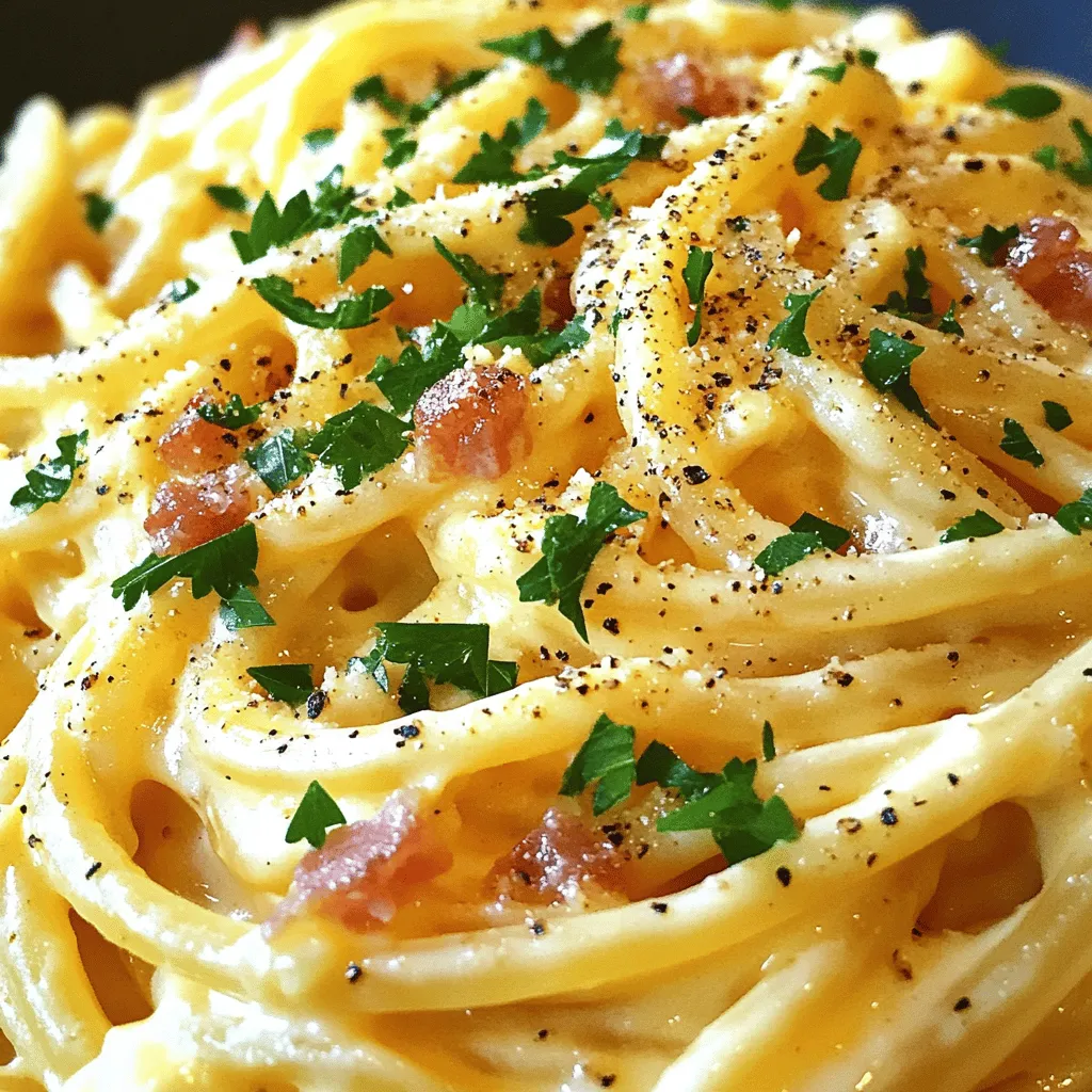 To make a great carbonara, you need some key ingredients. Here’s what you will need: - 300g spaghetti - 150g pancetta, diced (or substitute with turkey bacon) - 2 large eggs - 100g Parmesan cheese, grated - 50g Pecorino cheese, grated - 2 cloves garlic, minced - Freshly cracked black pepper to taste - Salt for pasta water - Fresh parsley, chopped for garnish These ingredients create a rich, creamy dish without using heavy cream. The combination of cheeses adds depth and flavor. You need a few tools to make this recipe easy. Gather these items: - Large pot for boiling pasta - Skillet for cooking pancetta - Mixing bowl for the sauce - Whisk for mixing eggs and cheese - Tongs or pasta fork for tossing These tools help you cook the pasta perfectly and mix the sauce smoothly. You can make some swaps if you want. Here are a few ideas: - Use turkey bacon instead of pancetta for a lighter option. - If you cannot find Pecorino, use more Parmesan. - For a vegetarian version, try using mushrooms instead of pancetta. These changes can help suit your taste or dietary needs. Enjoy experimenting! Start with a large pot of water. Make sure to add a good amount of salt. Bring the water to a boil. Once boiling, add 300g of spaghetti. Cook the spaghetti until it is al dente, which takes about 8-10 minutes. This means it should be firm yet cooked through. When the pasta is ready, save about 1 cup of the water. Then, drain the spaghetti in a colander. This step is key because the starchy water will help make your sauce creamy later. While your pasta cooks, grab a large skillet. Heat it on medium heat. Add 150g of diced pancetta or turkey bacon. Cook it for about 5-7 minutes until it turns crispy. This adds a nice flavor to your dish. Now, add 2 minced cloves of garlic to the skillet. Cook for another minute. You want the garlic to smell great but not burn. In a separate bowl, whisk together 2 large eggs, 100g of grated Parmesan cheese, and 50g of grated Pecorino cheese. Add a good amount of freshly cracked black pepper. Mix it all until it’s smooth and creamy. Once the spaghetti is cooked and drained, add it directly to the skillet with the pancetta and garlic. Toss everything together. Make sure the pasta is well coated with the fat from the pancetta. Now, remove the skillet from the heat. Quickly pour the egg and cheese mixture over the hot pasta. Toss it all together for about 1-2 minutes. The heat from the pasta will cook the eggs gently, creating a creamy sauce. If the sauce looks too thick, add a little reserved pasta water. This will help you reach your desired consistency. Taste your dish and adjust with more salt or pepper if needed. Serve it hot with chopped parsley on top and a sprinkle of extra cheese. Enjoy! To get that rich, creamy sauce, timing is key. First, cook your pasta until it is al dente. This means it should be firm but not hard. Reserve some pasta water before you drain it. This water is starchy and helps make the sauce silky. When you mix the egg and cheese, do not let it sit too long. Add it to the hot pasta right away. The heat from the pasta will gently cook the eggs. Toss quickly to coat everything. If the sauce seems thick, add a splash of your reserved pasta water. This will loosen it up and keep it creamy. One common mistake is letting the eggs cook too much. If you leave the skillet on heat, the eggs will scramble, ruining that creamy texture. Always take the skillet off the heat before adding the egg mixture. Another mistake is not using enough cheese. Parmesan and Pecorino give Carbonara its flavor. Don’t skimp on these ingredients. Also, remember to taste your dish before serving. Adjust salt and pepper to your liking. Serve your Carbonara right away. This dish tastes best fresh. Top it with extra cheese and freshly cracked black pepper. A sprinkle of chopped parsley adds a nice color and freshness. If you want to make it special, pair it with a light salad or garlic bread. These sides balance the richness of the pasta. Enjoy your meal hot, and savor each creamy bite! {{image_2}} Classic carbonara uses simple ingredients. You need spaghetti, pancetta, eggs, and cheese. Modern carbonara may add cream for extra richness. Some recipes even use vegetables. While classic carbonara stays true to tradition, modern takes bring new flavors. Each version has its charm, but I love the classic for its pure taste. You can easily adjust carbonara for dietary needs. If you avoid pork, turkey bacon works well. For a vegetarian option, try sautéed mushrooms or zucchini. You can also use gluten-free pasta to make it suitable for gluten-free diets. With these swaps, you keep the dish tasty and satisfying. When serving carbonara, I suggest a simple side salad. A fresh green salad with lemon dressing balances the rich pasta. You might also pair it with garlic bread for an extra treat. For drinks, a light white wine complements the flavors nicely. Enjoying carbonara with friends makes it even better! To keep your leftover carbonara fresh, let it cool first. Once it's cool, transfer it into an airtight container. Make sure to seal it tightly to prevent air from getting in. Store the container in the fridge. Leftover carbonara will stay good for about 2 to 3 days. When you are ready to enjoy your leftover carbonara, reheating it properly is key. Start by placing the carbonara in a pan over low heat. Add a splash of water or some olive oil to help revive the sauce. Stir frequently until it warms up. This helps keep the pasta creamy and flavorful. You can freeze carbonara, but there are a few things to keep in mind. First, the creamy sauce may change texture when thawed. To freeze, place the carbonara in a freezer-safe container. Leave some room for expansion. It will last up to 1 month in the freezer. When you’re ready to eat it, thaw it overnight in the fridge before reheating. Authentic Carbonara comes from Rome. It uses few ingredients: spaghetti, eggs, cheese, and guanciale. Guanciale is pork cheek, but pancetta is a good substitute. The sauce uses egg yolks. This creates a creamy texture without cream. The cheese adds flavor and richness. Black pepper gives a nice kick. No, true Carbonara does not use cream. The creaminess comes from eggs and cheese. Adding cream changes the dish. It makes it heavy and alters the flavor. Stick to eggs for the best result. This keeps your dish light and flavorful. Pasta is al dente when it is firm but cooked. To check, taste a small piece. It should have a slight bite to it. You can also look at the color. It should be a light golden hue. Follow the cooking time on the box for the best results. We covered how to make classic Carbonara, focusing on ingredients, cooking steps, and tips. You learned about traditional ingredients, equipment needs, and substitutes. I shared how to cook the pasta and prepare a creamy sauce. We discussed common mistakes and serving tips too. Remember, you can make Carbonara your own with variations and swaps. Store and reheat it well for the best taste. Making Carbonara can be simple and fun. Enjoy your cooking journey!