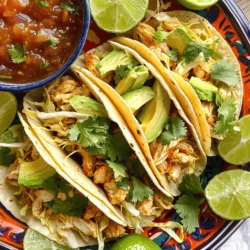 - 2 large chicken breasts, diced - 1 tablespoon olive oil - 1 teaspoon chili powder - 1 teaspoon cumin - 1 teaspoon garlic powder - 1 teaspoon onion powder - Salt and pepper to taste - 8 small corn tortillas - 1 cup shredded cabbage - 1 ripe avocado, sliced - 1/2 cup fresh cilantro, roughly chopped - 1 lime, cut into wedges - 1/2 cup salsa (store-bought or homemade) These ingredients create a simple yet tasty meal. The chicken breasts serve as the main protein. The olive oil keeps the chicken moist while cooking. To make these tacos burst with flavor, I use chili powder, cumin, garlic powder, and onion powder. These spices bring warmth and depth. They create that classic street food taste. The salt and pepper enhance the overall flavor. Adjust these to your liking for a personal touch. Garnishes can elevate your tacos. I recommend adding shredded cabbage for crunch. Avocado adds creaminess and richness. Fresh cilantro provides a bright finish. Lime wedges add a zesty kick. A drizzle of salsa ties everything together. You can mix and match toppings based on your taste. First, grab two large chicken breasts. Dice them into small, even pieces. This helps them cook properly. In a medium bowl, combine the diced chicken with olive oil. Add one teaspoon each of chili powder, cumin, garlic powder, onion powder, salt, and pepper. Mix everything well. Make sure the chicken is coated with the spices. Next, heat a skillet over medium-high heat. Add the seasoned chicken to the hot skillet. Cook the chicken for about 8 to 10 minutes. Stir it occasionally. Look for the chicken to turn white and firm. It should not be pink inside. Once it’s done, remove it from the heat. While the chicken cooks, warm up the corn tortillas. You can do this in a separate pan or in the microwave. Make sure they are soft and pliable. Now, let’s build our tacos! Take a warm tortilla and add a scoop of cooked chicken. Top it with a handful of shredded cabbage. Next, add a few slices of ripe avocado. Sprinkle fresh cilantro on top. Drizzle some salsa over everything. Finally, squeeze fresh lime juice for a burst of flavor. Repeat this process for the rest of the tortillas and ingredients. Enjoy your tasty tacos! To cook chicken well, start with quality chicken breasts. Cut them into small, even pieces. This helps them cook faster. Use a hot skillet for a good sear. Cook the chicken for about 8 to 10 minutes. Stir often to get even cooking. Check that it is no longer pink inside. If you have a meat thermometer, aim for 165°F. This ensures safety and juiciness. Warming tortillas makes them soft and tasty. You can use a pan or the microwave. For a pan, heat it on medium. Place a tortilla in the pan for about 30 seconds on each side. If using a microwave, wrap tortillas in a damp paper towel. Heat them for 20 to 30 seconds. This keeps them warm and pliable. To make your tacos look great, use a colorful platter. Stack the tacos neatly, leaving space for lime wedges. Add a small bowl of salsa for extra flavor. Fresh cilantro can be sprinkled on top for color. Serve the tacos with lime wedges for a zesty kick. This not only looks good but tastes great too! Enjoy your meal with family or friends. {{image_2}} You can swap chicken for other proteins in these tacos. Try diced beef or shrimp. Both options bring their own unique taste. Ground turkey is a lean choice. If you want something different, use pork. Each protein absorbs the spices well. Adjust the cooking time based on your choice. For a meatless option, use beans or lentils. Black beans work great for a hearty fill. You can also use grilled veggies like bell peppers or zucchini. Tofu is another tasty choice. Marinate it in the same spices for flavor. Top with your favorite garnishes for a fresh touch. Salsa is key for flavor. You can use store-bought or homemade salsa. Try a spicy mango salsa for a fruity kick. A zesty tomatillo salsa adds a tangy taste. If you like heat, add jalapeños or hot sauce. For creaminess, use a sour cream or avocado sauce. Mix and match these options for fun flavor. To store your leftover chicken tacos, place them in an airtight container. This keeps them fresh for up to three days in the fridge. Make sure the tacos are fully cooled before sealing them. If you store them while warm, moisture will build up. This can make the tortillas soggy. You can freeze the chicken for later. First, cool it completely. Then, pack it in a freezer-safe bag or container. Remove as much air as possible. Label the bag with the date. You can freeze the chicken for up to three months. However, tortillas do not freeze well. It's best to make fresh tortillas when you reheat. To reheat, you can use the microwave or a skillet. For the microwave, place the taco on a plate and heat for about 30 seconds. Check if it's warm enough; if not, add more time in 10-second bursts. For the skillet, warm it on medium heat for 2-3 minutes. Turn it often to avoid burning. Enjoy your tacos hot and fresh! Street-style tacos are small, soft tacos filled with tasty ingredients. They often use corn tortillas. You can find them at food trucks or street vendors. These tacos usually have a simple filling, like seasoned meats or veggies. Fresh toppings like cilantro, onions, and salsa add flavor. Street-style tacos are all about bold, vibrant flavors. To spice up your tacos, you can add more chili powder to the chicken. You can also use spicy salsa or fresh jalapeños. Try adding hot sauce on top for an extra kick. Another option is to mix in a little cayenne pepper with the spices. Adjust the heat to suit your taste. Yes, you can make the chicken ahead of time. Just cook the chicken as directed and let it cool. Store it in an airtight container in the fridge for up to three days. You can also freeze the chicken for up to three months. Just thaw it in the fridge before using. This way, you can enjoy quick and easy tacos any time! You learned about the key ingredients for tasty chicken tacos. We covered preparation, cooking steps, and assembly. Tips and tricks can help you cook perfectly. You can explore variations with different proteins or vegetarian options. We also discussed how to store leftovers and answered common questions. Remember, making tacos is fun and flexible. Enjoy experimenting with flavors to create your perfect dish!