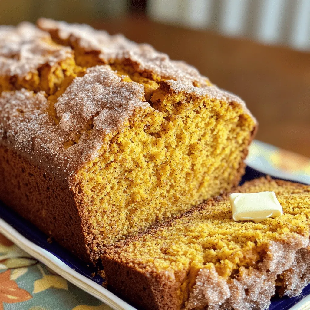 To make Snickerdoodle Pumpkin Bread, you need these key ingredients: - 1 cup pumpkin puree - ½ cup vegetable oil - 1 cup granulated sugar - ½ cup packed brown sugar - 2 large eggs - 1 teaspoon vanilla extract - 2 cups all-purpose flour - 1 teaspoon baking soda - ½ teaspoon baking powder - ½ teaspoon salt - 2 teaspoons cinnamon - ½ teaspoon nutmeg - ¼ teaspoon ground ginger - ¼ cup granulated sugar (for topping) - 1 tablespoon cinnamon (for topping) These ingredients blend to create a soft, moist bread with warm spices. You can enhance the flavor of your bread with these optional add-ins: - Chopped nuts, like walnuts or pecans - Chocolate chips for a sweet twist - Dried fruit, like cranberries or raisins These choices add texture and flavor to your bread. If you need swaps, here are some easy options: - Use applesauce instead of oil for a lighter bread. - Substitute brown sugar with coconut sugar for a different taste. - Swap all-purpose flour with whole wheat flour for a healthier version. These substitutions keep the essence of Snickerdoodle Pumpkin Bread while offering variety. To start, gather all your ingredients. You will need pumpkin puree, oils, sugars, eggs, and spices. This simple prep makes mixing easy and fun. Preheat your oven to 350°F (175°C). Grease your 9x5-inch loaf pan to prevent sticking. These steps set you up for success. 1. In a large bowl, whisk together the pumpkin puree, vegetable oil, granulated sugar, brown sugar, eggs, and vanilla extract. Mix until everything is smooth. 2. In another bowl, sift the all-purpose flour, baking soda, baking powder, salt, cinnamon, nutmeg, and ginger. Sifting helps blend the dry ingredients well. 3. Gradually add the dry mix to the wet mix. Stir gently to combine. You want just a few lumps left; avoid overmixing. 4. Pour the batter into the greased loaf pan. Use a spatula to smooth the top. 5. In a small bowl, mix the remaining granulated sugar and cinnamon. Sprinkle this over the batter. This adds a sweet crunch. 6. Bake for 55 to 65 minutes. Check the bread with a toothpick in the center. If it comes out clean, your bread is done. 7. Let the bread cool in the pan for about 15 minutes. Then, move it to a wire rack to cool completely. - Measure ingredients carefully: Use the right amount for great results. - Do not overmix: Stir just until combined for a light texture. - Check for doneness: Always use a toothpick to test the center. - Cool properly: Let the bread cool in the pan for a bit before transferring. This helps keep it moist. By following these steps and tips, you create a flavorful Snickerdoodle Pumpkin Bread that’s sure to impress! One common mistake is overmixing the batter. When you mix too much, the bread can turn out dense. Mix until just combined for a light texture. Another mistake is using too much flour. Always measure your flour correctly. Spoon it into a measuring cup and level it off. Lastly, don't skip the topping. The cinnamon sugar adds a great crunch and flavor. Preheat your oven to 350°F (175°C) before you start. This ensures even baking. Grease your loaf pan well to prevent sticking. I recommend using vegetable oil for a moist crumb. Use a toothpick to check if the bread is done. Insert it into the center; if it comes out clean, your bread is ready. If it’s not done, give it a few more minutes. To get that soft, fluffy texture, use room temperature eggs. Cold eggs can affect how the batter forms. Also, make sure your pumpkin puree is thick and not watery. If it is too wet, it can make the bread soggy. Finally, let the bread cool in the pan for about 15 minutes. This helps it set properly before moving it to a wire rack. {{image_2}} You can easily make this bread gluten-free. Use a gluten-free flour blend instead of all-purpose flour. This swap keeps the bread soft and tasty. Look for blends that include xanthan gum. If your blend does not have it, add 1 teaspoon of xanthan gum to the mix. Your gluten-free loaf will still rise well and taste great. Mix in nuts or chocolate chips for added crunch and flavor. Chopped pecans or walnuts work well. They add a nice texture and a nutty taste. If you prefer sweet treats, try semi-sweet chocolate chips. Just fold them into the batter before pouring it into the pan. This small change can create a new favorite version of this bread. You can change the spices to match the season. For a winter twist, add some allspice or cloves. For a spring or summer version, use lemon zest and a splash of lemon juice. This adds a fresh, bright flavor. You can also swap out the pumpkin for mashed bananas for a fun twist. Each version brings unique flavors while keeping the spirit of the original recipe. To keep your Snickerdoodle pumpkin bread fresh, let it cool completely. Wrap it tightly in plastic wrap or foil. You can also place it in an airtight container. Store it at room temperature for up to three days. For longer storage, consider freezing. If you want to freeze your bread, slice it first. Wrap each slice in plastic wrap. Then, place them in a freezer-safe bag. This way, you can grab a slice whenever you crave a taste of fall. The bread can stay frozen for up to three months. To reheat, take a slice out of the freezer. Let it thaw at room temperature for a bit. You can use a toaster or oven to warm it up. Heat at 350°F (175°C) for about 10 minutes. This makes it taste fresh and soft, just like the day you baked it. Enjoy your warm, snickerdoodle pumpkin bread! Yes, you can use fresh pumpkin. First, cook the pumpkin until soft. Then, mash it well. You should get around one cup of puree. This fresh pumpkin gives a nice flavor. Just make sure to drain any extra water. Snickerdoodle Pumpkin Bread stays fresh for about five days at room temperature. Keep it in an airtight container. If you want it to last longer, you can freeze it. It stays good in the freezer for about three months. You can serve this bread warm, sliced with butter. Cream cheese also pairs well. For a sweet touch, sprinkle extra cinnamon sugar on top. A warm drink, like chai tea, is perfect too. Enjoy it as a cozy treat! This blog post explored making Snickerdoodle Pumpkin Bread. We covered ingredients, key steps, and tips. You learned about optional add-ins and substitutions to fit your taste. Avoid common mistakes to create the best texture. There are variations like gluten-free options and seasonal flavors. Storing and reheating tips ensure your bread stays fresh. Experiment with this recipe. Enjoy a tasty treat that warms your home and heart. Happy baking!