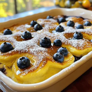 - 2 cups all-purpose flour - 2 tablespoons sugar - 1 tablespoon baking powder - 1/2 teaspoon baking soda - 1/2 teaspoon salt - 2 cups buttermilk - 2 large eggs - 1/4 cup unsalted butter, melted - 1 teaspoon vanilla extract - 2 cups blueberries - Powdered sugar for dusting - Maple syrup for serving For this Blueberry Buttermilk Pancake Casserole, you need basic pantry items and fresh blueberries. The flour gives the dish its structure. Sugar adds sweetness, while baking powder and baking soda help it rise. Salt enhances all the flavors. Buttermilk makes the pancakes tender and rich. Eggs bind everything together. The melted butter adds a nice flavor and moisture. Vanilla extract gives a warm note to the dish. Blueberries are the star. They burst with juice when baked. You can add powdered sugar on top for a sweet finish. Maple syrup is perfect for drizzling when serving. This simple mix of ingredients creates a delicious breakfast treat. - Preheat oven to 350°F (175°C). - Grease a 9x13 inch baking dish with cooking spray or butter. - In a large bowl, combine 2 cups of all-purpose flour, - 2 tablespoons of sugar, 1 tablespoon of baking powder, - 1/2 teaspoon of baking soda, and 1/2 teaspoon of salt. - In another bowl, blend 2 cups of buttermilk, - 2 large eggs, 1/4 cup of melted butter, and 1 teaspoon of vanilla extract. - Whisk until well mixed. - Add the wet mixture to the dry ingredients and stir gently. - Gently fold in 2 cups of fresh or frozen blueberries. - Be careful not to mash them; you want whole berries. - Pour the pancake batter into the greased baking dish. - Spread it evenly. - Bake for 25-30 minutes until golden brown. - Once baked, let it cool for a few minutes. - Dust the top with powdered sugar just before serving. - Slice into squares and serve warm with maple syrup. To make the best Blueberry Buttermilk Pancake Casserole, you must avoid over-mixing the batter. Mix until just combined. A few lumps are okay. This keeps your pancakes fluffy. When choosing blueberries, you can use fresh or frozen. Fresh blueberries offer a burst of flavor. Frozen blueberries are convenient and work well too. If you use frozen, add them straight to the batter without thawing. You can enhance your pancake casserole with flavors like lemon zest or whipped cream. Just sprinkle lemon zest on top for a fresh kick. Whipped cream adds a creamy touch that melts in your mouth. Think about when to serve this dish. It’s great for breakfast or brunch. You can also enjoy it at family gatherings or holiday meals. Everyone will love this treat! Adding spices can elevate your pancake casserole. A pinch of cinnamon or nutmeg brings warmth and depth. These spices make your dish smell amazing and taste even better. For sweetness, consider alternative sweeteners. You can use honey or maple syrup instead of sugar. This changes the flavor profile and can make it healthier. Toppings like nuts or granola also add texture and crunch. {{image_2}} You can switch up the flavors in your blueberry buttermilk pancake casserole to keep it exciting. For a chocolatey twist, try a chocolate chip blueberry pancake casserole. Just fold in some chocolate chips with the blueberries. The rich chocolate will add a fun touch. Another great option is a banana walnut variation. Mash ripe bananas and mix them into the batter. Add chopped walnuts for crunch. This combination makes a tasty and hearty breakfast treat. If you need a gluten-free version, use gluten-free flour instead of regular flour. This exchange keeps the pancake casserole light and fluffy. You can enjoy the same great taste while staying gluten-free. For a dairy-free option, swap buttermilk for almond milk. Use coconut oil instead of butter. This way, you can still enjoy a delicious pancake casserole without dairy. Seasonal fruits can add fresh flavors to your casserole. In summer, use raspberries or strawberries. Their bright tastes make the dish even more delightful. In the fall, think pumpkin spice. Add pumpkin puree and pumpkin spice to the batter. This twist gives the casserole a cozy and warm flavor, perfect for chilly mornings. To keep your Blueberry Buttermilk Pancake Casserole fresh, store any leftovers in the fridge. Use an airtight container for the best results. This will keep the casserole moist and tasty. You can enjoy it for up to three days. When it comes to reheating, the oven is your best friend. Preheat it to 350°F (175°C). Place the casserole in an oven-safe dish, cover it with foil, and heat for about 15 minutes. This method keeps the texture nice. If you’re in a hurry, the microwave works too. Just heat in short bursts, about 30 seconds at a time, until warm. You can freeze leftover casserole for later. First, let it cool completely. Then, cut it into squares. Wrap each piece in plastic wrap, then place them in a freezer bag. This helps prevent freezer burn. To thaw, just leave it in the fridge overnight. You can reheat it as mentioned above, and it’ll taste almost as good as fresh! Yes, you can swap blueberries for other fruits. Strawberries, raspberries, or blackberries work great. Just make sure they are fresh or frozen. In summer, use seasonal fruits for the best flavor. Each fruit brings its own taste, adding variety to your dish. To prep in advance, mix the dry and wet ingredients separately. Store them in the fridge overnight. When you’re ready to bake, combine them and fold in the blueberries. This saves time in the morning! You can also bake it ahead and reheat it later. Just cover it well to keep it fresh. This casserole pairs well with crispy bacon or sausage for a hearty meal. You might also enjoy fresh fruit on the side. Greek yogurt adds creaminess and a nice contrast. Lastly, a drizzle of maple syrup enhances the flavors and makes it special. Yes, you can easily double this recipe. Just use a larger baking dish, like a 12x18 inch pan. Adjust the baking time slightly, as it may take a bit longer. Check for doneness with a toothpick. This way, everyone can enjoy a slice of this tasty casserole! This blog post shared a simple, fun recipe for blueberry buttermilk pancake casserole. You learned about key ingredients, easy steps to prepare it, and tips for perfecting your dish. Variations and storage options help you explore new flavors and keep leftovers fresh. In conclusion, this casserole is great for busy mornings or special occasions. Enjoy experimenting with flavors and serving it your way. Cooking should be fun, so dive in and savor every bite!