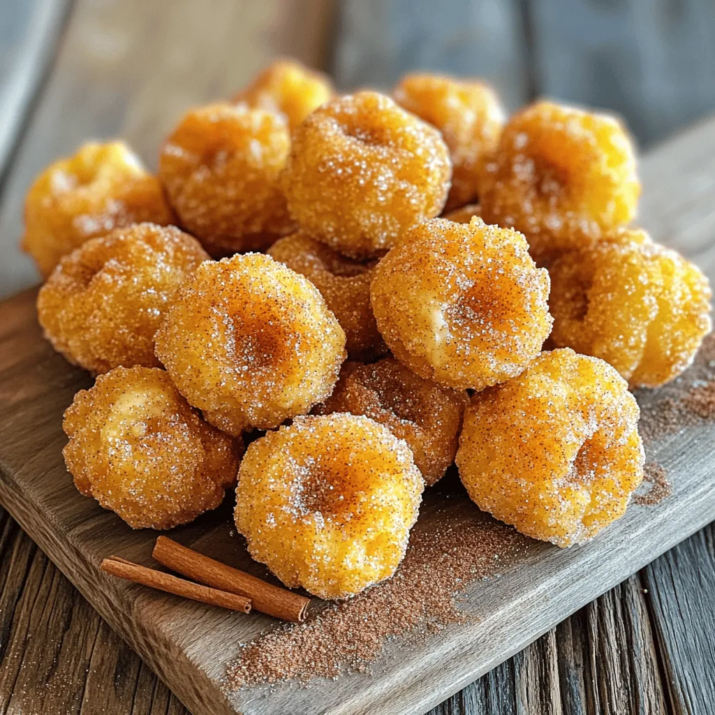 You will need simple ingredients for these churro bites. Here’s what to gather: - 1 cup all-purpose flour - ½ cup water - 2 tablespoons granulated sugar - ½ teaspoon salt - 1 tablespoon vegetable oil - ½ teaspoon ground cinnamon - 2 teaspoons baking powder - ¼ cup melted butter (for coating) - Additional sugar and cinnamon for dusting When choosing ingredients, fresh items make a big difference. Use high-quality flour for the best texture. Granulated sugar should be fine and free from clumps. If you can, choose a pure cinnamon for a richer flavor. You might want to swap some ingredients. For example, use coconut oil instead of vegetable oil for a unique taste. If you’re gluten-free, almond flour can work too, but it will change the texture. Make sure your baking powder is fresh. Old powder won’t help your churros rise. Check the date on the package to be certain. Enjoy the process of gathering your ingredients! It sets the stage for your tasty churro bites. 1. In a medium saucepan, combine ½ cup water, 2 tablespoons sugar, ½ teaspoon salt, and 1 tablespoon vegetable oil. Heat this mixture over medium heat until it boils. 2. Remove the pan from heat. Stir in 1 cup all-purpose flour and 2 teaspoons baking powder. Mix until a dough forms. This dough will be thick and smooth. 3. Allow the dough to cool slightly. Cooling is important so you can handle it without burning your hands. 4. Once cool, transfer the dough into a piping bag. Use a star-shaped tip for that perfect churro look. 1. Preheat your air fryer to 350°F (175°C). Preheating is key. It helps the churros cook evenly. 2. Line the air fryer basket with parchment paper. This makes cleanup easy. 3. Pipe small bite-sized pieces of dough into the basket. Make sure to space them out. This helps them puff up nicely. 4. Air fry the churro bites for 8-10 minutes. They should turn golden brown and puffed up. 1. While the churro bites cook, mix ½ teaspoon ground cinnamon with additional sugar in a small bowl. 2. Once the churro bites are done, toss them in ¼ cup melted butter. This helps the sugar stick. 3. Roll the warm churro bites in the cinnamon sugar mixture. Make sure to coat them well. This gives them that sweet, crunchy exterior. 4. Repeat this process with any remaining dough. Enjoy your delicious churro bites! - Overmixing the dough: When you mix too much, your churro bites can turn tough. Mix just until combined for a light texture. - Overcrowding the air fryer basket: If you pack in too many, they won’t cook evenly. Give each piece space to puff up nicely. - Not allowing the dough to cool: If you pipe the dough while it’s too hot, it will lose shape. Let it cool for a few minutes before piping. - Suggestions for additional flavorings: You can add a dash of vanilla or even almond extract to the dough for a fun twist. Try a bit of nutmeg or cardamom too. - Ways to make them extra crispy: For extra crunch, lightly spray the churro bites with oil before air frying. This helps them get golden and crispy outside. - How to serve them for maximum enjoyment: Serve your churro bites warm with a side of chocolate or caramel sauce for dipping. They’re perfect for sharing at parties or enjoying as a cozy treat. {{image_2}} You can easily change the flavor of your churro bites. Adding fillings makes them extra delightful. Consider using chocolate or caramel. - Chocolate Filling: Melt chocolate and pipe it inside the churro bites. - Caramel Filling: Use a thick caramel sauce for a sweet surprise. You can also experiment with spices. Try adding nutmeg or cardamom for a warm touch. - Cinnamon: This classic spice works well. - Nutmeg: A pinch can add depth. Infusing flavors like vanilla or orange zest is another fun idea. - Vanilla: Add a teaspoon of vanilla extract to the dough. - Orange Zest: Grate some orange peel for a citrusy twist. These flavor variations keep your churro bites fresh and exciting! Dipping sauces elevate your churro bites. You can make simple sauces at home or buy them. - Chocolate Sauce: Melt chocolate chips with a bit of cream for a smooth dip. - Caramel Drizzle: Heat store-bought caramel sauce for a sweet topping. If you prefer store-bought sauces, many options exist. Look for brands that offer rich flavors. For unique dipping ideas, think outside the box. - Fruit Sauces: Try strawberry or raspberry sauces for a fruity touch. - Nut Butters: Almond butter or peanut butter adds nutty goodness. These dipping sauces add a fun twist to your churro bites! To keep your leftover churro bites fresh, store them in an airtight container. This will help keep them soft and tasty. If you want to freeze them, place them in a single layer on a baking sheet. Once they are frozen solid, transfer them to a freezer bag. They can last up to two months in the freezer. When you are ready to eat frozen churro bites, simply reheat them in the air fryer at 350°F (175°C) for about 5 minutes. This will revive their crispy exterior and warm them through. Homemade churros usually stay fresh for about two days at room temperature. After that, they may become stale. So, it's best to enjoy them within this time frame for the best taste. Churro bites are perfect for parties! Serve them on a large platter with small cups of chocolate sauce or caramel for dipping. This adds a fun touch and makes them even more enjoyable. If you want to gift churro bites, package them in clear bags tied with a ribbon. This way, they look cute and inviting. You can also add a little note about how to reheat them. Pair churro bites with hot chocolate or a scoop of vanilla ice cream. The warmth of the churros and the cold of the ice cream create a delightful contrast. Enjoy experimenting with different drinks and desserts to see what you love most! Air Fryer Churro Bites are small, soft treats with a crisp outside. They are made from a dough that puffs up when cooked. The appeal comes from their sweet taste and the fun of dipping them in cinnamon sugar. Unlike regular churros, which are long and often fried in oil, churro bites are bite-sized. This makes them easy to share and eat, perfect for parties or snacks. Yes, you can! If you do not have an air fryer, you can bake them in an oven. Preheat your oven to 375°F (190°C). After piping the dough onto a baking sheet, bake for about 15-20 minutes. Keep an eye on them to avoid burning. The churro bites will not be as crispy, but they will still taste great. There are many fun ways to customize your churro bites. You can add chocolate or caramel filling before baking. If you want a twist on the flavor, try adding vanilla extract or orange zest to the dough. For dietary needs, you can use gluten-free flour or sugar substitutes. The coating can also change. Try using a mix of coconut sugar with cinnamon for a different taste. Making churro bites at home is a fun and tasty project. You learned about key ingredients, step-by-step instructions, and tips to avoid common mistakes. I shared ways to enhance flavor and suggested fun dipping sauces. Churro bites are versatile and easy to store, making them perfect for any occasion. With a little practice, you'll impress friends and family with your delicious treats. Enjoy creating your churro bites!