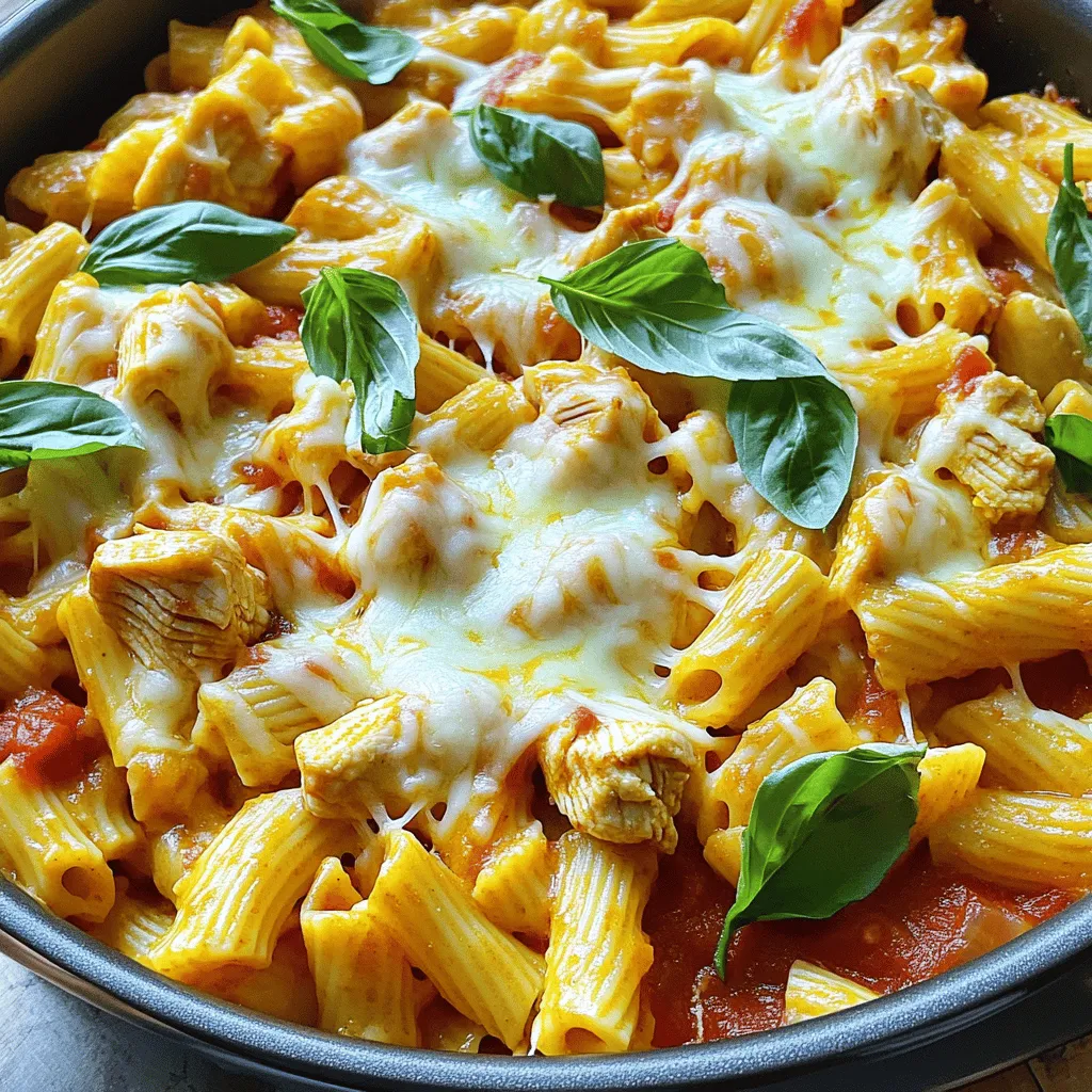 - 2 boneless, skinless chicken breasts, cut into bite-sized pieces - 2 tablespoons olive oil - Salt and pepper to taste - 3 cloves garlic, minced - 1 teaspoon dried oregano - ½ teaspoon red pepper flakes (optional) - 4 cups chicken broth - 1 cup marinara sauce - 12 oz spaghetti or fettuccine - 1 cup grated Parmesan cheese - 1 cup shredded mozzarella cheese - Fresh basil leaves for garnish If you want to switch things up, use these substitutes: - Chicken: Try turkey or tofu for a lighter option. - Olive oil: Canola oil or avocado oil works too. - Marinara sauce: Use any pasta sauce or homemade sauce. - Pasta: Zucchini noodles or whole grain pasta are good choices. Use fresh chicken for the best taste. Look for good-quality chicken breasts. Fresh garlic packs more flavor than jarred. For cheese, choose block Parmesan and shred it yourself. This gives a richer flavor. Always use low-sodium broth for better control of salt levels. Fresh basil adds a nice touch, so grab some if you can! Start by gathering all your ingredients. You need: - 2 boneless, skinless chicken breasts, cut into bite-sized pieces - 2 tablespoons olive oil - Salt and pepper to taste - 3 cloves garlic, minced - 1 teaspoon dried oregano - ½ teaspoon red pepper flakes (optional) - 4 cups chicken broth - 1 cup marinara sauce - 12 oz spaghetti or fettuccine - 1 cup grated Parmesan cheese - 1 cup shredded mozzarella cheese - Fresh basil leaves for garnish Next, cut the chicken into small pieces. This helps it cook evenly. Mince the garlic and set it aside. Heat the olive oil in a large pot over medium heat. Add the chicken pieces and season them with salt and pepper. Cook for about 5-7 minutes. You want the chicken to be browned and cooked through. Once done, remove the chicken from the pot and set it aside. In the same pot, add the minced garlic, dried oregano, and red pepper flakes if you like heat. Sauté for about 1 minute. This step adds a lot of flavor. Now, pour in the chicken broth and marinara sauce. Stir well and bring it to a boil. When it starts boiling, add your choice of spaghetti or fettuccine. Stir it occasionally and cook according to the package instructions, which usually takes about 8-10 minutes. After the pasta is al dente, reduce the heat to low. Fold the cooked chicken back into the pot. Add the grated Parmesan cheese slowly, mixing until it melts and combines well. Finally, sprinkle the shredded mozzarella cheese on top. Cover the pot and let it heat for another 2-3 minutes. This helps the cheese melt and get bubbly. To get the best texture, make sure to watch the pasta closely while it cooks. Stirring helps prevent sticking. If the pasta looks dry, add a little more chicken broth. When adding the cheeses, do it off the heat. This helps keep the cheese creamy rather than clumpy. Also, let the dish sit for a few minutes before serving. This gives it time to settle and enhances the flavor. Garnish with fresh basil leaves right before serving. This adds a nice touch and fresh flavor. Making Chicken Parmesan One-Pot Pasta is easy, but there are some common mistakes. One mistake is overcooking the chicken. Cook it just until it turns brown. If you leave it too long, it can dry out. Another mistake is not seasoning enough. Salt and pepper enhance the flavors. Remember to taste as you go. Lastly, avoid adding too much broth at once. This can make the dish too soupy. To make your dish pop, try adding fresh herbs. Fresh basil is a great choice. It gives a bright flavor. You can also use fresh parsley for a nice touch. Adding a splash of lemon juice just before serving can brighten the dish, too. If you like heat, add more red pepper flakes. Just a little extra can make a big difference. Keeping pasta from sticking can be tricky. The best tip is to stir often while it cooks. This keeps the noodles separate. Another great trick is using enough broth. If the pasta has enough liquid, it won't stick. Finally, after draining, rinse the pasta with cold water. This helps to cool it down and prevent sticking. {{image_2}} To make a vegetarian version, you can swap the chicken for plant-based protein. Try using chopped mushrooms or diced eggplant. These options add a nice texture and flavor. You can also use chickpeas for extra protein. Sauté the veggies just like you would with chicken. This will keep the dish hearty and filling. If you need a gluten-free meal, use gluten-free pasta. There are many types available, like rice or quinoa pasta. You can also use spiralized zucchini or spaghetti squash for a low-carb option. Just remember to adjust the cooking time as these alternatives cook faster than regular pasta. Adding vegetables makes your dish even better! You can toss in spinach, bell peppers, or zucchini. Just chop them into small pieces. Sauté them with the garlic to bring out their flavor. You can add them with the marinara sauce. This gives you a colorful and tasty meal. Plus, it boosts the nutrition! To store your Chicken Parmesan One-Pot Pasta, first let it cool. Place the pasta in an airtight container. This keeps it fresh and tasty. You can store it in the fridge for up to three days. Make sure to label the container with the date. That way, you’ll know when it’s best to eat. When you’re ready to enjoy leftovers, reheat gently. Use a pot on low heat. Add a splash of chicken broth or water to prevent drying out. Stir often until it’s warm. You can also use a microwave. Place the pasta in a microwave-safe dish, cover it loosely, and heat in short bursts. Stir in between to heat evenly. If you want to save some for later, freezing is a great option. First, let the pasta cool completely. Then, portion it into freezer-safe bags or containers. Press out as much air as possible before sealing. This helps avoid freezer burn. You can freeze it for up to three months. When you’re ready to eat, thaw it in the fridge overnight. Reheat as mentioned above for the best taste. Yes, you can. While I love spaghetti or fettuccine, other types work too. Penne, rigatoni, or even whole wheat pasta are great choices. Just remember to adjust the cooking time as needed. Always check the package for the right time. This way, your pasta will cook perfectly. To add heat, use more red pepper flakes. You can also add sliced jalapeños or a dash of hot sauce. Mix these in when you add the garlic. Start small to find your heat level. Taste as you go to make sure it’s just right for you. This dish pairs well with a simple green salad. A side of garlic bread is also a favorite. You can even serve it with steamed veggies. These sides add freshness and balance to the meal. Enjoy your dinner with these tasty options! This blog post covered ingredients, preparation steps, and tips for making your dish great. I shared how to choose quality ingredients, avoid common mistakes, and enhance flavor. You now know about variations like vegetarian and gluten-free options. Remember, the right storage is key to keeping leftovers fresh. With these tips, you can make a delicious Chicken Parmesan One-Pot Pasta easily. Enjoy your cooking journey and have fun getting creative in the kitchen!