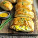 - Puff Pastry Sheet - Deli Ham - Shredded Cheese - Dijon Mustard - Egg for Egg Wash - Seasoning (Salt and Pepper) - Fresh Chives Gather these ingredients before you start. Using fresh ingredients makes your dish even better. Here’s a closer look at what each item brings to the table: - Puff Pastry Sheet: This is the star of the dish. It puffs up nice and golden when baked. Choose a good quality sheet for the best results. - Deli Ham: I like using diced deli ham for its rich flavor. It adds a savory element to the puffs. You can use any ham you prefer. - Shredded Cheese: Cheddar or Gruyère works best. Both melt nicely and add that gooey texture everyone loves. Feel free to mix cheeses for a unique taste. - Dijon Mustard: This gives a tangy kick. It enhances the flavor of the ham and cheese without being overpowering. - Egg for Egg Wash: Beaten egg helps the pastries turn golden brown. It makes them look shiny and appetizing. - Seasoning (Salt and Pepper): A sprinkle of salt and pepper brings out the flavors in your filling. Adjust to your taste. - Fresh Chives: Chopped chives add a nice touch. They bring color and a mild onion flavor to finish off the dish. Having all these ingredients ready will set you up for success in making your ham and cheese puff pastries. Enjoy the process and the delicious end result! Preheating the Oven First, preheat your oven to 400°F (200°C). This heat will make the pastries puff up nicely. Preparing the Puff Pastry Next, take the thawed puff pastry sheet and place it on a clean surface. Lightly flour the surface to prevent sticking. Roll the pastry out gently to smooth it. Cut it into 4 equal squares. Making the Filling In a bowl, mix together the diced deli ham, shredded cheese, and Dijon mustard. Add salt and pepper to taste. Stir until all the ingredients blend well. Assembling the Pastries Place a generous tablespoon of the filling in the center of each square. Fold the corners over the filling to form a triangle. Press the edges firmly to seal each pastry. Egg Wash Application Use a beaten egg to brush the tops of the pastries. This gives them a golden brown color when baked. Baking Time and Temperature Place the filled pastries on a lined baking sheet. Bake them in your preheated oven for about 15 to 20 minutes. Keep an eye on them until they turn golden brown and puff up. Cooling Instructions Once baked, take the pastries out of the oven. Let them cool on a wire rack for about 5 minutes. This helps them firm up a bit. Garnishing Tips Before serving, sprinkle chopped chives on top for a fresh touch. You can also serve them with a small bowl of mustard for dipping. Enjoy your Cheesy Ham Delight Puffs! Rolling and Cutting Techniques To roll the puff pastry, use a lightly floured surface. This keeps the dough from sticking. Roll it out gently to smooth it. Cut the dough into four equal squares. Each square should be about 4-5 inches. This size works best for filling. Achieving Flakiness Flakiness comes from how you handle the dough. Keep it cold before baking. This helps the layers stay separate. When baking, the steam creates those lovely layers. Avoid pressing down too hard when sealing the edges. Alternative Cheese Options While cheddar is classic, try Gruyère or mozzarella for a softer taste. You can even mix cheeses for a unique flavor. A sharper cheese adds a nice kick. Additional Seasonings Dijon mustard adds zest to the filling. Try adding garlic powder or onion powder for extra flavor. Fresh herbs like thyme or rosemary can elevate the taste too. Serving Suggestions Serve the Cheesy Ham Delight Puffs on a wooden board. This gives a rustic look. You can also use a colorful platter to catch the eye. Plating Ideas Garnish with chopped chives for a pop of color. You can also place a small bowl of mustard nearby for dipping. This makes the dish not just tasty but also visually appealing. {{image_2}} You can mix and match the filling for your Ham & Cheese Puff Pastry. For a twist, add vegetables. Spinach, mushrooms, or bell peppers work well. Just sauté them first to remove extra moisture. This keeps your pastries from getting soggy. You can also try different meats. Swap deli ham for turkey or chicken. You can even use bacon for a smoky flavor. Each meat brings a new taste to the dish. Want a vegetarian option? Simply leave out the meat. You can add more cheese or use a mix of cheeses. Try ricotta, mozzarella, or feta for added depth. If you need a gluten-free pastry, look for gluten-free puff pastry sheets. Many brands offer this option. Just follow the same steps to fill and bake. Mix sweet and savory for a fun flavor. Add a touch of honey or fig jam to the filling. This adds a nice contrast to the salty ham and cheese. You can also explore international flavors. Try adding some pesto for an Italian vibe. Or, you can mix in curry powder for an Indian twist. These options open a world of flavor. To keep your Ham & Cheese Puff Pastry fresh, store leftovers in the fridge. Place them in an airtight container. This helps maintain their crispness. They stay good for about 2-3 days. If you notice any sogginess, try reheating them briefly. Want to save some for later? You can freeze them! Allow the pastries to cool completely. Then, wrap each one tightly in plastic wrap. Place the wrapped pastries in a freezer bag. They freeze well for up to 2 months. When you’re ready to enjoy, just thaw them in the fridge overnight. To reheat your puff pastries, preheat the oven to 350°F (175°C). Place the pastries on a baking sheet. Bake for about 10-15 minutes. This keeps them nice and crispy. You can also use an air fryer. Set it to 350°F (175°C) for 5-7 minutes. Enjoy your delicious treat! How do I keep puff pastry from getting soggy? To stop puff pastry from being soggy, avoid adding too much filling. Make sure to seal the edges well. Baking them right after assembling also helps. If you bake them until golden brown, they will stay crisp. Can I use store-bought puff pastry? Yes, you can use store-bought puff pastry. It saves time and effort. Just thaw it according to the package instructions. This option works great for quick snacks or meals. How long can I store cooked ham & cheese puff pastries? You can store cooked pastries in the fridge for up to three days. Place them in an airtight container. This keeps them fresh and tasty for later enjoyment. What is the best cheese for puff pastries? Cheddar and Gruyère are great choices for puff pastries. They melt well and add rich flavor. Feel free to mix cheeses for more taste, too. Can I make these pastries in advance? Yes, you can prepare the pastries ahead of time. Assemble them and keep them in the fridge. Bake them just before serving for the best results. What can I serve with ham & cheese puff pastries? These pastries pair well with a fresh salad or a cup of soup. You can also serve them with mustard for dipping. This adds a nice kick to each bite. This blog post guided you through making delicious ham and cheese puff pastries. We explored ingredients, preparation steps, baking, and how to enhance flavors. You learned tips for perfecting puff pastry and various filling options. Storing and reheating leftovers was also covered. I hope you feel inspired to try this recipe. Enjoy making these tasty treats for yourself or your loved ones!