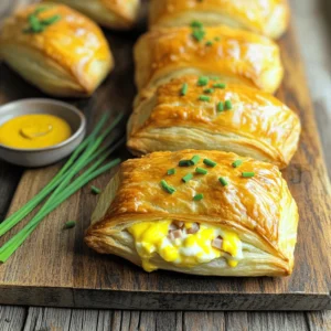 - Puff Pastry Sheet - Deli Ham - Shredded Cheese - Dijon Mustard - Egg for Egg Wash - Seasoning (Salt and Pepper) - Fresh Chives Gather these ingredients before you start. Using fresh ingredients makes your dish even better. Here’s a closer look at what each item brings to the table: - Puff Pastry Sheet: This is the star of the dish. It puffs up nice and golden when baked. Choose a good quality sheet for the best results. - Deli Ham: I like using diced deli ham for its rich flavor. It adds a savory element to the puffs. You can use any ham you prefer. - Shredded Cheese: Cheddar or Gruyère works best. Both melt nicely and add that gooey texture everyone loves. Feel free to mix cheeses for a unique taste. - Dijon Mustard: This gives a tangy kick. It enhances the flavor of the ham and cheese without being overpowering. - Egg for Egg Wash: Beaten egg helps the pastries turn golden brown. It makes them look shiny and appetizing. - Seasoning (Salt and Pepper): A sprinkle of salt and pepper brings out the flavors in your filling. Adjust to your taste. - Fresh Chives: Chopped chives add a nice touch. They bring color and a mild onion flavor to finish off the dish. Having all these ingredients ready will set you up for success in making your ham and cheese puff pastries. Enjoy the process and the delicious end result! Preheating the Oven First, preheat your oven to 400°F (200°C). This heat will make the pastries puff up nicely. Preparing the Puff Pastry Next, take the thawed puff pastry sheet and place it on a clean surface. Lightly flour the surface to prevent sticking. Roll the pastry out gently to smooth it. Cut it into 4 equal squares. Making the Filling In a bowl, mix together the diced deli ham, shredded cheese, and Dijon mustard. Add salt and pepper to taste. Stir until all the ingredients blend well. Assembling the Pastries Place a generous tablespoon of the filling in the center of each square. Fold the corners over the filling to form a triangle. Press the edges firmly to seal each pastry. Egg Wash Application Use a beaten egg to brush the tops of the pastries. This gives them a golden brown color when baked. Baking Time and Temperature Place the filled pastries on a lined baking sheet. Bake them in your preheated oven for about 15 to 20 minutes. Keep an eye on them until they turn golden brown and puff up. Cooling Instructions Once baked, take the pastries out of the oven. Let them cool on a wire rack for about 5 minutes. This helps them firm up a bit. Garnishing Tips Before serving, sprinkle chopped chives on top for a fresh touch. You can also serve them with a small bowl of mustard for dipping. Enjoy your Cheesy Ham Delight Puffs! Rolling and Cutting Techniques To roll the puff pastry, use a lightly floured surface. This keeps the dough from sticking. Roll it out gently to smooth it. Cut the dough into four equal squares. Each square should be about 4-5 inches. This size works best for filling. Achieving Flakiness Flakiness comes from how you handle the dough. Keep it cold before baking. This helps the layers stay separate. When baking, the steam creates those lovely layers. Avoid pressing down too hard when sealing the edges. Alternative Cheese Options While cheddar is classic, try Gruyère or mozzarella for a softer taste. You can even mix cheeses for a unique flavor. A sharper cheese adds a nice kick. Additional Seasonings Dijon mustard adds zest to the filling. Try adding garlic powder or onion powder for extra flavor. Fresh herbs like thyme or rosemary can elevate the taste too. Serving Suggestions Serve the Cheesy Ham Delight Puffs on a wooden board. This gives a rustic look. You can also use a colorful platter to catch the eye. Plating Ideas Garnish with chopped chives for a pop of color. You can also place a small bowl of mustard nearby for dipping. This makes the dish not just tasty but also visually appealing. {{image_2}} You can mix and match the filling for your Ham & Cheese Puff Pastry. For a twist, add vegetables. Spinach, mushrooms, or bell peppers work well. Just sauté them first to remove extra moisture. This keeps your pastries from getting soggy. You can also try different meats. Swap deli ham for turkey or chicken. You can even use bacon for a smoky flavor. Each meat brings a new taste to the dish. Want a vegetarian option? Simply leave out the meat. You can add more cheese or use a mix of cheeses. Try ricotta, mozzarella, or feta for added depth. If you need a gluten-free pastry, look for gluten-free puff pastry sheets. Many brands offer this option. Just follow the same steps to fill and bake. Mix sweet and savory for a fun flavor. Add a touch of honey or fig jam to the filling. This adds a nice contrast to the salty ham and cheese. You can also explore international flavors. Try adding some pesto for an Italian vibe. Or, you can mix in curry powder for an Indian twist. These options open a world of flavor. To keep your Ham & Cheese Puff Pastry fresh, store leftovers in the fridge. Place them in an airtight container. This helps maintain their crispness. They stay good for about 2-3 days. If you notice any sogginess, try reheating them briefly. Want to save some for later? You can freeze them! Allow the pastries to cool completely. Then, wrap each one tightly in plastic wrap. Place the wrapped pastries in a freezer bag. They freeze well for up to 2 months. When you’re ready to enjoy, just thaw them in the fridge overnight. To reheat your puff pastries, preheat the oven to 350°F (175°C). Place the pastries on a baking sheet. Bake for about 10-15 minutes. This keeps them nice and crispy. You can also use an air fryer. Set it to 350°F (175°C) for 5-7 minutes. Enjoy your delicious treat! How do I keep puff pastry from getting soggy? To stop puff pastry from being soggy, avoid adding too much filling. Make sure to seal the edges well. Baking them right after assembling also helps. If you bake them until golden brown, they will stay crisp. Can I use store-bought puff pastry? Yes, you can use store-bought puff pastry. It saves time and effort. Just thaw it according to the package instructions. This option works great for quick snacks or meals. How long can I store cooked ham & cheese puff pastries? You can store cooked pastries in the fridge for up to three days. Place them in an airtight container. This keeps them fresh and tasty for later enjoyment. What is the best cheese for puff pastries? Cheddar and Gruyère are great choices for puff pastries. They melt well and add rich flavor. Feel free to mix cheeses for more taste, too. Can I make these pastries in advance? Yes, you can prepare the pastries ahead of time. Assemble them and keep them in the fridge. Bake them just before serving for the best results. What can I serve with ham & cheese puff pastries? These pastries pair well with a fresh salad or a cup of soup. You can also serve them with mustard for dipping. This adds a nice kick to each bite. This blog post guided you through making delicious ham and cheese puff pastries. We explored ingredients, preparation steps, baking, and how to enhance flavors. You learned tips for perfecting puff pastry and various filling options. Storing and reheating leftovers was also covered. I hope you feel inspired to try this recipe. Enjoy making these tasty treats for yourself or your loved ones!