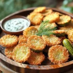 To make crispy air fryer fried pickles, gather these main ingredients: - 1 jar dill pickles (about 16 oz), drained and sliced - 1 cup all-purpose flour - 2 large eggs - 1 cup breadcrumbs (panko preferred for extra crunch) These items are easy to find and create the perfect base for your snack. To add flavor, use these seasonings: - 1 tablespoon garlic powder - 1 tablespoon onion powder - 1 teaspoon smoked paprika - ½ teaspoon cayenne pepper (adjust to taste) - ½ teaspoon salt This mix brings out the best in your pickles. The garlic and onion powder give depth, while smoked paprika and cayenne add a nice kick. Pair your fried pickles with these tasty sauces: - Ranch dressing - Spicy dipping sauce Ranch dressing is a classic choice. If you like heat, try a spicy sauce. Both options enhance the flavor of the crispy pickles. Enjoy your snack! Start by draining the jar of dill pickles. Use a paper towel to dry them. This helps remove extra moisture. Dry pickles have a better crunch. Once dry, set them aside. Set up three bowls for breading. In the first bowl, mix flour, garlic powder, onion powder, smoked paprika, cayenne pepper, and salt. This is your seasoned flour mix. In the second bowl, whisk the two large eggs until they are well mixed. The eggs help the breading stick. Place the breadcrumbs in the third bowl. I like to use panko for extra crunch. Now, take a pickle slice. First, coat it in the seasoned flour. Shake off any extra flour. Next, dip it into the beaten eggs, making sure it is well covered. Finally, roll the pickle slice in the breadcrumbs. Press gently to help them stick. Repeat this for all pickle slices. Preheat your air fryer to 400°F (200°C) for about five minutes. This step is key for crispy fried pickles. Spray the air fryer basket with cooking spray to keep them from sticking. Place the breaded pickles in a single layer in the basket. Avoid overcrowding to ensure even cooking. Lightly spray the tops of the pickles again for added crispiness. Now it’s time to air fry! Cook the pickles for 8-10 minutes. Flip them halfway through to get an even golden brown. Once done, remove them and let cool for a moment. They will be hot and crispy, ready to enjoy! To get your fried pickles super crispy, follow these steps. First, drain and dry the pickles well. Moisture makes them soggy. Next, use panko breadcrumbs for a crunchier texture. The air fryer cooks them evenly, so don’t crowd the basket. This way, air can flow around each pickle slice, making them crispier. One big mistake is skipping the drying step. Wet pickles lead to mushy fried pickles. Another is not coating the pickles well in flour and breadcrumbs. Each layer adds texture. Lastly, do not skip the cooking spray. It helps them brown and crisp up nicely. If you're looking for something different, try crushed cornflakes. They give a nice crunch. You could also use crushed nuts for a nutty flavor. For a gluten-free option, use almond flour or gluten-free panko. Each choice gives a unique texture and flavor to your fried pickles. {{image_2}} To make spicy fried pickles, add sliced jalapeños to the pickle jar. When you bread the pickles, mix in some cayenne pepper or chili powder. This will give your pickles extra heat. You can adjust the spice level to your taste. These spicy fried pickles pair well with ranch dressing. The cool ranch will balance the heat. To create cheesy fried pickles, add shredded cheese to the breadcrumb mix. Cheddar or pepper jack works great. After breading the pickles, press the cheese into the breadcrumbs. This makes a cheesy crust. The cheese melts in the air fryer and adds a creamy flavor. Serve these pickles with a zesty dip for extra fun. If you want a vegan version, you can use flaxseed meal instead of eggs. Mix one tablespoon of flaxseed meal with three tablespoons of water. Let it sit for a few minutes to thicken. For the flour, use chickpea flour or almond flour as a substitute. This keeps the flavor and texture great. Enjoy your vegan fried pickles with a plant-based dip! To store leftover fried pickles, let them cool first. Place them in an airtight container. Keep the container in the fridge. They will stay fresh for up to three days. Make sure to separate layers with parchment paper. This helps keep them from sticking together. To reheat fried pickles, use your air fryer. Preheat it to 400°F (200°C). Place the pickles in the basket in a single layer. Heat for about 3-5 minutes. This will make them crispy again. You can also use an oven. Bake at 375°F (190°C) for about 10 minutes. Avoid using a microwave as it may make them soggy. You can freeze fried pickles for later use. Arrange the cooled pickles on a baking sheet in a single layer. Freeze them for about 1-2 hours. Once frozen, transfer them to a freezer bag. They will last up to three months in the freezer. When ready to eat, no need to thaw. Just air fry them directly from the freezer. Yes, you can use other pickles. Try bread and butter pickles for a sweet twist. You can also use spicy pickles for extra heat. Just make sure they are sliced thin. This helps them cook evenly and get crispy. You can store fried pickles for about 2 to 3 days. Keep them in an airtight container in the fridge. To keep them crispy, place a paper towel in the container. This absorbs extra moisture. Fried pickles go well with many dishes. Pair them with burgers or sandwiches for a fun meal. They also taste great with a salad or as a side for fried chicken. Don’t forget to add a tasty dip like ranch or spicy mayo! Air fryer fried pickles are a tasty snack. We covered the main ingredients and seasoning blends. You now know how to prepare, bread, and air fry them. Tips will help you avoid common mistakes and achieve the best crunch. I also shared fun variations to try, like spicy and cheesy pickles. Remember to store any leftovers correctly. Enjoy exploring your fried pickle options!