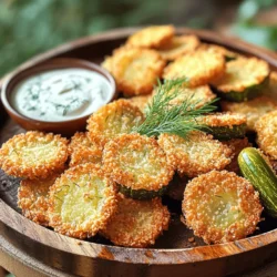 To make crispy air fryer fried pickles, gather these main ingredients: - 1 jar dill pickles (about 16 oz), drained and sliced - 1 cup all-purpose flour - 2 large eggs - 1 cup breadcrumbs (panko preferred for extra crunch) These items are easy to find and create the perfect base for your snack. To add flavor, use these seasonings: - 1 tablespoon garlic powder - 1 tablespoon onion powder - 1 teaspoon smoked paprika - 1/2 teaspoon cayenne pepper (adjust to taste) - 1/2 teaspoon salt This mix brings out the best in your pickles. The garlic and onion powder give depth, while smoked paprika and cayenne add a nice kick. Pair your fried pickles with these tasty sauces: - Ranch dressing - Spicy dipping sauce Ranch dressing is a classic choice. If you like heat, try a spicy sauce. Both options enhance the flavor of the crispy pickles. Enjoy your snack! Start by draining the jar of dill pickles. Use a paper towel to dry them. This helps remove extra moisture. Dry pickles have a better crunch. Once dry, set them aside. Set up three bowls for breading. In the first bowl, mix flour, garlic powder, onion powder, smoked paprika, cayenne pepper, and salt. This is your seasoned flour mix. In the second bowl, whisk the two large eggs until they are well mixed. The eggs help the breading stick. Place the breadcrumbs in the third bowl. I like to use panko for extra crunch. Now, take a pickle slice. First, coat it in the seasoned flour. Shake off any extra flour. Next, dip it into the beaten eggs, making sure it is well covered. Finally, roll the pickle slice in the breadcrumbs. Press gently to help them stick. Repeat this for all pickle slices. Preheat your air fryer to 400°F (200°C) for about five minutes. This step is key for crispy fried pickles. Spray the air fryer basket with cooking spray to keep them from sticking. Place the breaded pickles in a single layer in the basket. Avoid overcrowding to ensure even cooking. Lightly spray the tops of the pickles again for added crispiness. Now it’s time to air fry! Cook the pickles for 8-10 minutes. Flip them halfway through to get an even golden brown. Once done, remove them and let cool for a moment. They will be hot and crispy, ready to enjoy! To get your fried pickles super crispy, follow these steps. First, drain and dry the pickles well. Moisture makes them soggy. Next, use panko breadcrumbs for a crunchier texture. The air fryer cooks them evenly, so don’t crowd the basket. This way, air can flow around each pickle slice, making them crispier. One big mistake is skipping the drying step. Wet pickles lead to mushy fried pickles. Another is not coating the pickles well in flour and breadcrumbs. Each layer adds texture. Lastly, do not skip the cooking spray. It helps them brown and crisp up nicely. If you're looking for something different, try crushed cornflakes. They give a nice crunch. You could also use crushed nuts for a nutty flavor. For a gluten-free option, use almond flour or gluten-free panko. Each choice gives a unique texture and flavor to your fried pickles. {{image_2}} To make spicy fried pickles, add sliced jalapeños to the pickle jar. When you bread the pickles, mix in some cayenne pepper or chili powder. This will give your pickles extra heat. You can adjust the spice level to your taste. These spicy fried pickles pair well with ranch dressing. The cool ranch will balance the heat. To create cheesy fried pickles, add shredded cheese to the breadcrumb mix. Cheddar or pepper jack works great. After breading the pickles, press the cheese into the breadcrumbs. This makes a cheesy crust. The cheese melts in the air fryer and adds a creamy flavor. Serve these pickles with a zesty dip for extra fun. If you want a vegan version, you can use flaxseed meal instead of eggs. Mix one tablespoon of flaxseed meal with three tablespoons of water. Let it sit for a few minutes to thicken. For the flour, use chickpea flour or almond flour as a substitute. This keeps the flavor and texture great. Enjoy your vegan fried pickles with a plant-based dip! To store leftover fried pickles, let them cool first. Place them in an airtight container. Keep the container in the fridge. They will stay fresh for up to three days. Make sure to separate layers with parchment paper. This helps keep them from sticking together. To reheat fried pickles, use your air fryer. Preheat it to 400°F (200°C). Place the pickles in the basket in a single layer. Heat for about 3-5 minutes. This will make them crispy again. You can also use an oven. Bake at 375°F (190°C) for about 10 minutes. Avoid using a microwave as it may make them soggy. You can freeze fried pickles for later use. Arrange the cooled pickles on a baking sheet in a single layer. Freeze them for about 1-2 hours. Once frozen, transfer them to a freezer bag. They will last up to three months in the freezer. When ready to eat, no need to thaw. Just air fry them directly from the freezer. Yes, you can use other pickles. Try bread and butter pickles for a sweet twist. You can also use spicy pickles for extra heat. Just make sure they are sliced thin. This helps them cook evenly and get crispy. You can store fried pickles for about 2 to 3 days. Keep them in an airtight container in the fridge. To keep them crispy, place a paper towel in the container. This absorbs extra moisture. Fried pickles go well with many dishes. Pair them with burgers or sandwiches for a fun meal. They also taste great with a salad or as a side for fried chicken. Don’t forget to add a tasty dip like ranch or spicy mayo! Air fryer fried pickles are a tasty snack. We covered the main ingredients and seasoning blends. You now know how to prepare, bread, and air fry them. Tips will help you avoid common mistakes and achieve the best crunch. I also shared fun variations to try, like spicy and cheesy pickles. Remember to store any leftovers correctly. Enjoy exploring your fried pickle options!