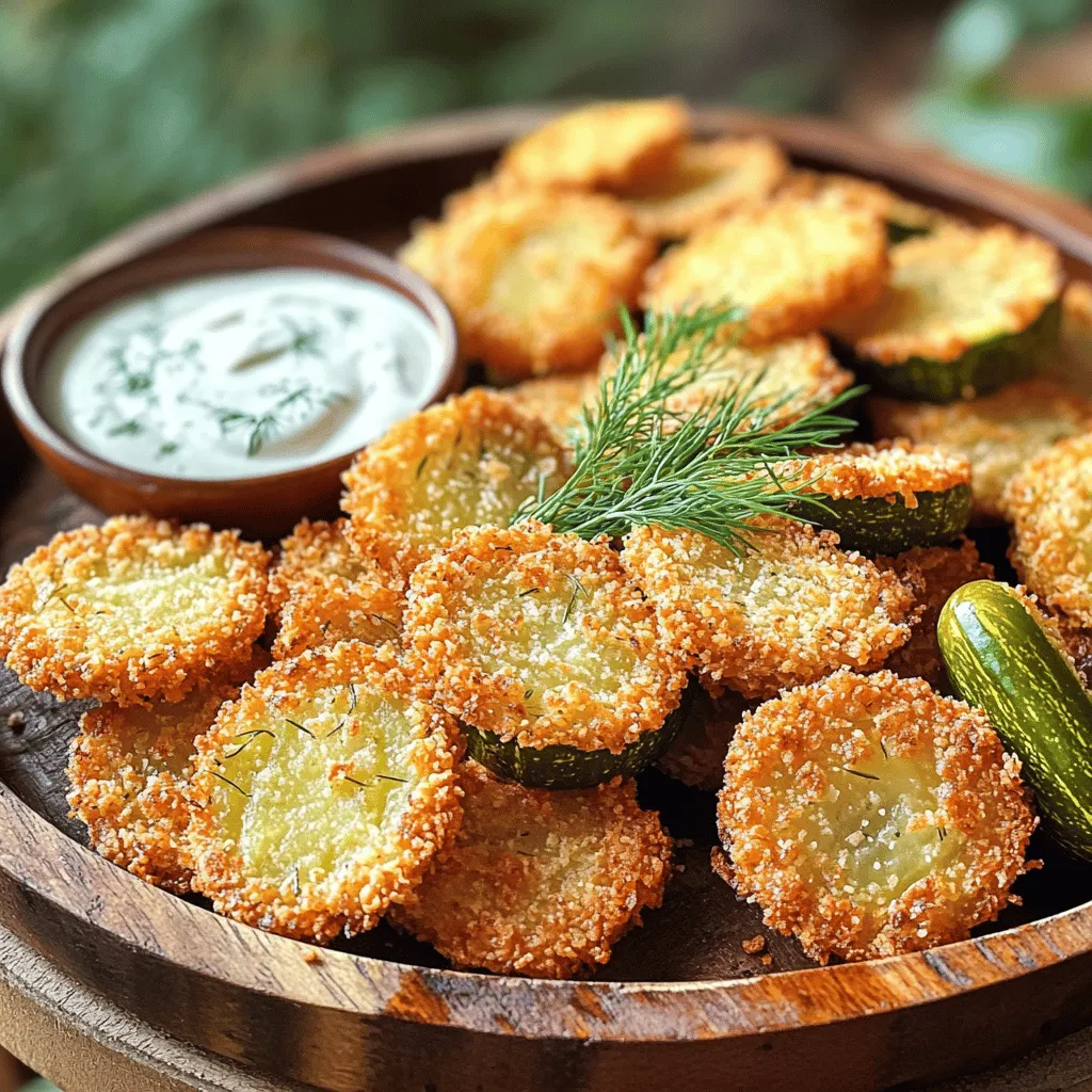 To make crispy air fryer fried pickles, gather these main ingredients: - 1 jar dill pickles (about 16 oz), drained and sliced - 1 cup all-purpose flour - 2 large eggs - 1 cup breadcrumbs (panko preferred for extra crunch) These items are easy to find and create the perfect base for your snack. To add flavor, use these seasonings: - 1 tablespoon garlic powder - 1 tablespoon onion powder - 1 teaspoon smoked paprika - ½ teaspoon cayenne pepper (adjust to taste) - ½ teaspoon salt This mix brings out the best in your pickles. The garlic and onion powder give depth, while smoked paprika and cayenne add a nice kick. Pair your fried pickles with these tasty sauces: - Ranch dressing - Spicy dipping sauce Ranch dressing is a classic choice. If you like heat, try a spicy sauce. Both options enhance the flavor of the crispy pickles. Enjoy your snack! Start by draining the jar of dill pickles. Use a paper towel to dry them. This helps remove extra moisture. Dry pickles have a better crunch. Once dry, set them aside. Set up three bowls for breading. In the first bowl, mix flour, garlic powder, onion powder, smoked paprika, cayenne pepper, and salt. This is your seasoned flour mix. In the second bowl, whisk the two large eggs until they are well mixed. The eggs help the breading stick. Place the breadcrumbs in the third bowl. I like to use panko for extra crunch. Now, take a pickle slice. First, coat it in the seasoned flour. Shake off any extra flour. Next, dip it into the beaten eggs, making sure it is well covered. Finally, roll the pickle slice in the breadcrumbs. Press gently to help them stick. Repeat this for all pickle slices. Preheat your air fryer to 400°F (200°C) for about five minutes. This step is key for crispy fried pickles. Spray the air fryer basket with cooking spray to keep them from sticking. Place the breaded pickles in a single layer in the basket. Avoid overcrowding to ensure even cooking. Lightly spray the tops of the pickles again for added crispiness. Now it’s time to air fry! Cook the pickles for 8-10 minutes. Flip them halfway through to get an even golden brown. Once done, remove them and let cool for a moment. They will be hot and crispy, ready to enjoy! To get your fried pickles super crispy, follow these steps. First, drain and dry the pickles well. Moisture makes them soggy. Next, use panko breadcrumbs for a crunchier texture. The air fryer cooks them evenly, so don’t crowd the basket. This way, air can flow around each pickle slice, making them crispier. One big mistake is skipping the drying step. Wet pickles lead to mushy fried pickles. Another is not coating the pickles well in flour and breadcrumbs. Each layer adds texture. Lastly, do not skip the cooking spray. It helps them brown and crisp up nicely. If you're looking for something different, try crushed cornflakes. They give a nice crunch. You could also use crushed nuts for a nutty flavor. For a gluten-free option, use almond flour or gluten-free panko. Each choice gives a unique texture and flavor to your fried pickles. {{image_2}} To make spicy fried pickles, add sliced jalapeños to the pickle jar. When you bread the pickles, mix in some cayenne pepper or chili powder. This will give your pickles extra heat. You can adjust the spice level to your taste. These spicy fried pickles pair well with ranch dressing. The cool ranch will balance the heat. To create cheesy fried pickles, add shredded cheese to the breadcrumb mix. Cheddar or pepper jack works great. After breading the pickles, press the cheese into the breadcrumbs. This makes a cheesy crust. The cheese melts in the air fryer and adds a creamy flavor. Serve these pickles with a zesty dip for extra fun. If you want a vegan version, you can use flaxseed meal instead of eggs. Mix one tablespoon of flaxseed meal with three tablespoons of water. Let it sit for a few minutes to thicken. For the flour, use chickpea flour or almond flour as a substitute. This keeps the flavor and texture great. Enjoy your vegan fried pickles with a plant-based dip! To store leftover fried pickles, let them cool first. Place them in an airtight container. Keep the container in the fridge. They will stay fresh for up to three days. Make sure to separate layers with parchment paper. This helps keep them from sticking together. To reheat fried pickles, use your air fryer. Preheat it to 400°F (200°C). Place the pickles in the basket in a single layer. Heat for about 3-5 minutes. This will make them crispy again. You can also use an oven. Bake at 375°F (190°C) for about 10 minutes. Avoid using a microwave as it may make them soggy. You can freeze fried pickles for later use. Arrange the cooled pickles on a baking sheet in a single layer. Freeze them for about 1-2 hours. Once frozen, transfer them to a freezer bag. They will last up to three months in the freezer. When ready to eat, no need to thaw. Just air fry them directly from the freezer. Yes, you can use other pickles. Try bread and butter pickles for a sweet twist. You can also use spicy pickles for extra heat. Just make sure they are sliced thin. This helps them cook evenly and get crispy. You can store fried pickles for about 2 to 3 days. Keep them in an airtight container in the fridge. To keep them crispy, place a paper towel in the container. This absorbs extra moisture. Fried pickles go well with many dishes. Pair them with burgers or sandwiches for a fun meal. They also taste great with a salad or as a side for fried chicken. Don’t forget to add a tasty dip like ranch or spicy mayo! Air fryer fried pickles are a tasty snack. We covered the main ingredients and seasoning blends. You now know how to prepare, bread, and air fry them. Tips will help you avoid common mistakes and achieve the best crunch. I also shared fun variations to try, like spicy and cheesy pickles. Remember to store any leftovers correctly. Enjoy exploring your fried pickle options!