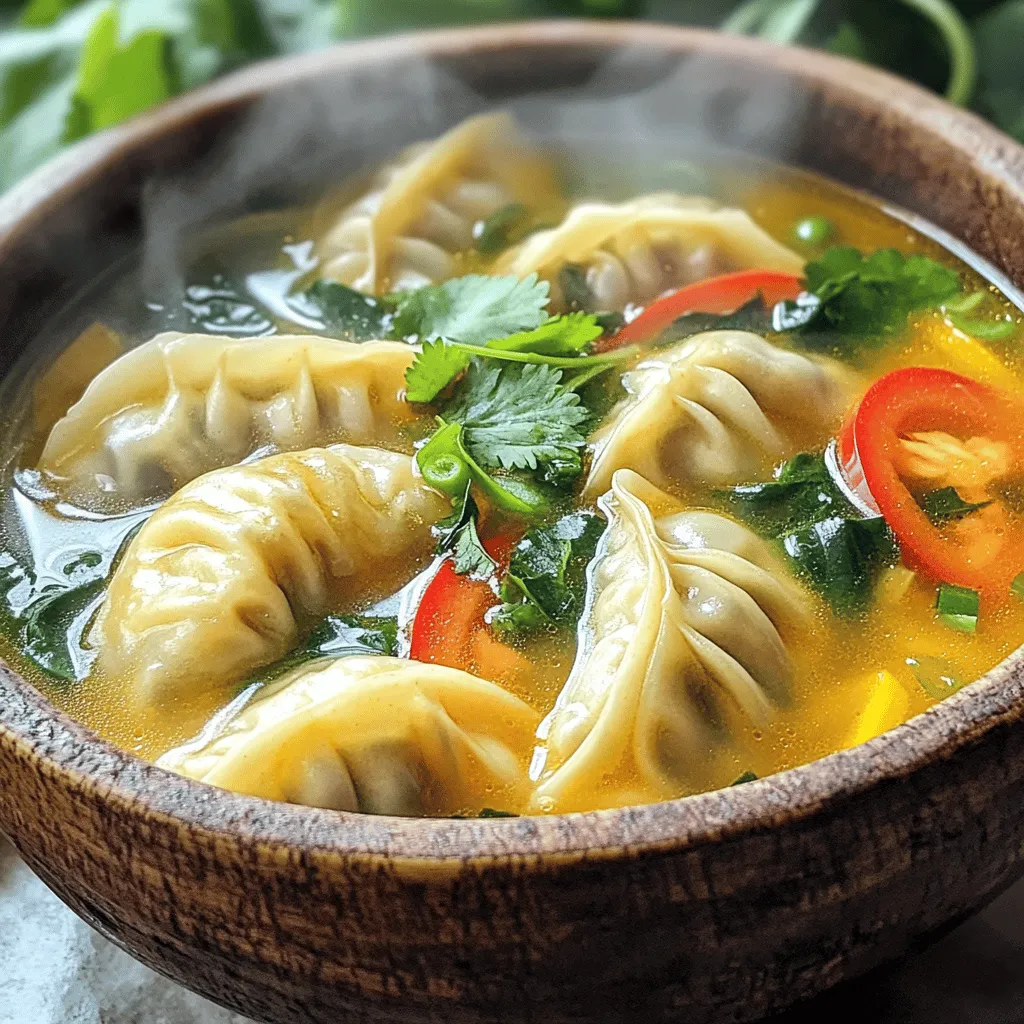 - 1 package (about 20) frozen potstickers (chicken or vegetable) - 4 cups chicken or vegetable broth - 1 medium onion, finely chopped - 2 cloves garlic, minced - 1 tablespoon ginger, grated - 1 red bell pepper, sliced - 1 cup baby spinach - 1 tablespoon soy sauce (or tamari for gluten-free) - 1 tablespoon fish sauce - 1 tablespoon lime juice - 1 teaspoon chili paste (adjust to spice preference) - Fresh cilantro for garnish - 2 green onions, sliced for garnish - Salt and pepper to taste The key to a delicious Thai potsticker soup lies in using fresh and high-quality ingredients. Frozen potstickers save time and still taste great. You can choose chicken or vegetable potstickers based on your preference. Broth is the heart of this soup. I prefer using homemade chicken or vegetable broth for rich flavor. The broth brings warmth and depth, making the soup comforting. Chopped onion, minced garlic, and grated ginger add a fragrant kick. These ingredients create a lovely base for the soup. Sliced red bell pepper gives a pop of color and sweetness. Baby spinach adds nutrition and color. It wilts quickly, making it the perfect addition. Soy sauce or tamari adds umami and saltiness, while fish sauce enhances the dish’s Thai flair. Fresh lime juice brightens the soup and balances the flavors. Chili paste brings heat, so feel free to adjust it to your liking. Garnishing with fresh cilantro and green onions adds freshness and vibrancy. Don’t forget to season with salt and pepper. These simple ingredients come together to create a flavorful and comforting dish that warms the soul. 1. Sautéing the Onion and Aromatics Start by heating a splash of oil in a large pot over medium heat. Add the chopped onion and sauté it for about 3 minutes. You want the onion to turn soft and clear. Next, stir in the minced garlic and grated ginger. Cook for another minute. This step makes the soup smell great! 2. Simmering the Broth with Vegetables Pour in 4 cups of chicken or vegetable broth. Bring the broth to a gentle simmer. This will take a minute or two. Now, add the sliced red bell pepper. Let it simmer for 5 minutes. The pepper adds a sweet crunch to the soup. 3. Cooking the Potstickers Gently add the frozen potstickers to the pot. Make sure they get submerged in the broth. Cook for about 5 to 7 minutes. You want the potstickers to be heated all the way through. Give them a stir occasionally. 4. Adding Final Ingredients Stir in 1 cup of baby spinach. Add 1 tablespoon each of soy sauce and fish sauce. Squeeze in 1 tablespoon of lime juice. If you like spice, add a teaspoon of chili paste. Cook for another 2 to 3 minutes. The spinach should wilt down nicely. 5. Adjusting Seasoning and Serving Season with salt and pepper to taste. Make sure to taste the soup as you adjust. Serve it hot in bowls. Garnish with fresh cilantro and sliced green onions. This adds color and flavor! - Choosing the right potstickers: I recommend using frozen potstickers for ease. Chicken or vegetable work well in this soup. Check the package for flavor options. - Best broth recommendations: Use a good quality chicken or vegetable broth. Homemade broth gives the best flavor. Store-bought options can also be tasty. - Flavor enhancement ideas: Add more spices to boost flavor. Ginger and garlic add warmth. For heat, adjust chili paste to your liking. A splash of sesame oil can add depth too. - Creative topping ideas: Fresh cilantro and sliced green onions are great. You can also add crispy shallots for crunch. Lime wedges can add brightness when served. - Alternative herbs for garnish: If you want a twist, try Thai basil or mint. Both herbs will add a fresh taste to the soup. {{image_2}} For a different taste, you can swap some ingredients. If you want a vegetarian option, use vegetable potstickers. They taste great in this soup. You can also use vegetable broth instead of chicken broth. This keeps the dish light and fresh. If you need a gluten-free version, use tamari instead of soy sauce. Tamari has a similar taste but is gluten-free. Make sure to check the potstickers. Some may contain gluten, so look for certified gluten-free options. You can adjust the spice levels in this soup. If you like it spicy, add more chili paste. Start with a small amount, then taste and add more. You can also mix in some red pepper flakes for extra heat. Adding different vegetables can change the flavor too. Try carrots, mushrooms, or bok choy. These veggies add crunch and nutrients. You can also use frozen mixed vegetables if you're short on time. They cook quickly and still taste good. To keep your Thai Potsticker Soup fresh, follow these steps: - Cool Down: Let the soup cool to room temperature before storing. - Containers: Use airtight containers to prevent spills and keep the soup fresh. - Portioning: Store in single-serving containers for quick meals later. - Fridge: It lasts about 3 to 4 days in the fridge. You can safely reheat your soup, and here’s how: - Microwave: Pour soup into a microwave-safe bowl. Heat for 2-3 minutes. Stir halfway to ensure even heating. - Stovetop: Heat in a pot over medium heat. Stir often until it reaches a simmer. This keeps the flavors bright. These methods help maintain the taste and texture of your Thai Potsticker Soup. Enjoy your tasty and comforting dish! Yes, you can use fresh potstickers. Just add them to the soup during the last 5-7 minutes of cooking. Fresh potstickers may cook faster than frozen ones, so keep an eye on them. Thai Potsticker Soup lasts about 3 to 4 days in the fridge. Store it in an airtight container to keep it fresh. Make sure to let it cool before sealing. Yes, you can freeze the soup. Place it in a freezer-safe container. It will stay good for about 2 to 3 months. When you’re ready to eat, thaw it in the fridge overnight before reheating. Serve the soup hot in bowls. Top it with fresh cilantro and sliced green onions for added flavor. You can also provide lime wedges for a tangy kick. Enjoy this dish with chopsticks or a spoon! This blog post covered how to make a delicious Thai Potsticker Soup. We explored the key ingredients, like frozen potstickers and fresh herbs, and shared simple steps to prepare it. I provided tips for choosing broth and sprucing up flavors. We also discussed variations for different diets and how to store leftovers. In the end, this easy recipe brings warmth and comfort. You can enjoy it any day. Just remember to have fun and get creative with your ingredients!