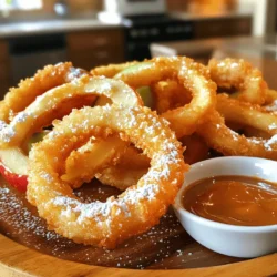 To make crispy fried apple rings, you need: - 2 large apples (Granny Smith or Honeycrisp), cored and sliced into ½-inch rings - 1 cup all-purpose flour - 1 teaspoon baking powder - ½ teaspoon cinnamon - ¼ teaspoon nutmeg - 1 tablespoon sugar - 1 cup cold sparkling water - ½ cup breadcrumbs (panko for extra crunch) - Oil for frying - Powdered sugar for dusting (optional) - Caramel sauce for dipping (optional) These ingredients come together to create a sweet and crunchy treat. The flour and baking powder give the batter a light texture. Cinnamon and nutmeg add warmth and flavor, making these rings hard to resist. When choosing apples, select varieties that balance sweetness and tartness. My favorites are: - Granny Smith: Tart and crisp, great for frying. - Honeycrisp: Sweet and juicy, holds up well in heat. Both options keep their shape and add a nice flavor to your snack. To kick your apple rings up a notch, try these optional ingredients: - Vanilla extract: A splash can enhance the sweetness. - Coconut flakes: Adds a tropical twist to your apple rings. - Chopped nuts: Almonds or pecans can add crunch and flavor. Feel free to mix and match according to your taste. These additions can make your crispy fried apple rings even more special! To start, you need two large apples. I like using Granny Smith or Honeycrisp. These apples are tart and sweet, making them perfect for frying. First, core the apples and slice them into rings. Aim for slices that are about ½-inch thick. This thickness helps them cook evenly. After slicing, pat the rings dry with a kitchen towel. Removing extra moisture is key for crispiness. Next, grab a large bowl. In this bowl, whisk together the flour, baking powder, cinnamon, nutmeg, and sugar. Make sure they mix well. Then, slowly add in one cup of cold sparkling water. Stir gently until you get a smooth batter. It’s okay if there are a few lumps; don’t overmix! Set aside a shallow dish for the breadcrumbs. Now it’s time to fry! Heat about 1-2 inches of oil in a skillet over medium-high heat until it reaches 350°F (175°C). Dip each apple ring into the batter, letting the excess drip off. Then, coat the ring in breadcrumbs. Carefully place the coated apple rings into the hot oil. Fry only a few at a time to avoid overcrowding. Cook for about 2-3 minutes on each side until they turn golden brown and crispy. Once they are done, use a slotted spoon to remove the rings. Place them on a plate lined with paper towels to drain excess oil. If you like, dust them with powdered sugar. Serve them warm with caramel sauce for dipping. Enjoy this tasty snack! To get that perfect crunch, start with cold sparkling water. The bubbles in the water add air, making the batter light. Use panko breadcrumbs for extra crunch. They hold up better than regular breadcrumbs. Fry in oil heated to 350°F (175°C). This temp cooks the rings fast and keeps them crispy. Do not overcrowd the pan. Fry just a few rings at a time. This ensures they cook evenly. One common mistake is using warm batter. Always keep your batter cold for crispiness. Avoid using too much flour when coating the rings. A light coat keeps them crunchy. If the oil is not hot enough, the apple rings will soak up oil. This makes them soggy instead of crispy. Lastly, do not skip drying the apple rings. Moisture can ruin the crispiness. Crispy fried apple rings are great on their own, but you can add fun toppings. Dust them with powdered sugar for a sweet touch. Pair them with caramel sauce for dipping. You can also serve them with vanilla ice cream. This makes for a great dessert. Try adding a sprinkle of sea salt for a sweet-salty mix. Enjoy these warm for the best taste! {{image_2}} You can switch up the coating for your apple rings. Instead of plain breadcrumbs, try using crushed cornflakes. This adds a nice crunch. For a twist, use seasoned breadcrumbs. They give a savory touch. You can also coat the rings in coconut flakes for a tropical vibe. Just make sure to dip the apple rings in the batter first. Adding different flavors can make your apple rings pop! Consider mixing vanilla extract into the batter. This gives a sweet aroma. You can also add a pinch of ginger for an extra kick. If you like a bit of heat, try adding cayenne pepper. It contrasts well with the sweetness of the apples. Want a healthier version? You can bake the apple rings instead of frying them. Preheat your oven to 400°F (200°C). Coat the apple rings in the batter and place them on a baking sheet. Use parchment paper to prevent sticking. Bake for about 15-20 minutes. Flip halfway through for even cooking. You still get a tasty treat with less oil! To keep your leftover apple rings fresh, place them in an airtight container. Make sure to let them cool completely before sealing. If you skip this step, moisture will build up and make them soggy. Store the container in the fridge for up to three days. When you're ready to enjoy your apple rings again, reheating is key. Preheat your oven to 350°F (175°C). Spread the apple rings on a baking sheet in a single layer. Bake them for about 10 minutes or until they feel warm and crispy. Avoid using the microwave, as it can make them mushy. If you want to save apple rings for later, you can freeze them. First, let the cooked rings cool completely. Lay them out in a single layer on a baking sheet. Freeze them for about an hour. Once frozen, transfer the rings to a freezer bag. Remove as much air as possible before sealing. They will last for about two months in the freezer. To make crispy fried apple rings, start with two large apples. I like Granny Smith or Honeycrisp for their tartness. Core and slice the apples into ½-inch rings. Pat them dry with a kitchen towel to remove moisture. In a large bowl, whisk together one cup of all-purpose flour, one teaspoon of baking powder, half a teaspoon of cinnamon, a quarter teaspoon of nutmeg, and one tablespoon of sugar. Gradually add one cup of cold sparkling water to the dry mix. Stir gently until you get a smooth batter. Next, dip each apple ring into the batter, letting the excess drip off. Coat them gently in breadcrumbs. Heat oil in a skillet to 350°F (175°C). Fry each apple ring for about 2-3 minutes per side, until golden brown and crispy. Use a slotted spoon to remove them and place on paper towels to drain excess oil. Dust with powdered sugar and serve warm with caramel sauce. Yes, you can use other fruits for frying! Try bananas, peaches, or pears. Each fruit adds a unique taste and texture. Just make sure they are firm enough to hold their shape while frying. Slice them into rings or wedges similar to apples. Follow the same batter and frying process. Experimenting with different fruits can lead to delicious surprises! To keep apple rings from browning, soak them in a mixture of water and lemon juice. Use one tablespoon of lemon juice for every cup of water. This will help keep them fresh and bright while you prepare the recipe. Another tip is to pat the apple rings dry after soaking. This way, they won’t affect the batter. Enjoy your crispy fried apple rings without worrying about browning! We covered how to make tasty fried apple rings. You learned about the right apples and other ingredients to use. I shared easy steps to prepare, mix, and fry the rings. You now know tips for crispiness and common mistakes to avoid. There are many ways to add flavor and store your leftovers. Keep experimenting with new coatings and spices. Enjoy your apple rings fresh and crispy. Happy cooking!