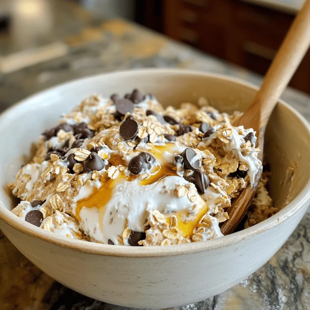 When making edible Greek yogurt cookie dough, you need simple and tasty ingredients. Here’s what you will need: - 1 cup Greek yogurt (plain, full-fat or low-fat) - ½ cup almond flour (or any nut flour) - ¼ cup rolled oats - ¼ cup maple syrup (or honey) - ¼ cup chocolate chips (dark or milk) - 1 teaspoon vanilla extract - A pinch of salt These ingredients come together to create a yummy and safe treat. Greek yogurt gives the dough a creamy texture. Almond flour adds a nutty taste, while oats provide fiber. Sweeteners like maple syrup or honey make it delightful. Chocolate chips bring sweetness and fun! You can also swap any ingredient. Use a different nut flour if you prefer. If you like honey, use that instead of maple syrup. This flexibility makes the recipe easy for everyone. Enjoy getting creative with your mix! 1. Mixing Greek yogurt and sweetener Start by taking a mixing bowl. Add 1 cup of plain Greek yogurt. Then, pour in ¼ cup of maple syrup or honey. Stir well until the mix is smooth and creamy. This step makes the base for your cookie dough. 2. Incorporating flavors with vanilla and salt Next, add 1 teaspoon of vanilla extract to the bowl. Sprinkle in a pinch of salt. Mix again until the flavors blend in well. This adds depth to your dough and improves the taste. 3. Gradual addition of dry ingredients Slowly add ½ cup of almond flour and ¼ cup of rolled oats. Stir the mixture as you add the dry ingredients. Keep mixing until a dough starts to form. This creates the right texture for your edible cookie dough. 4. Folding in chocolate chips Now, fold in ¼ cup of chocolate chips. You can use dark or milk chocolate, based on your taste. Ensure they are evenly spread throughout the dough. This step adds the sweet, chocolatey goodness we all love. 5. Chilling the dough for optimal texture Taste your dough. If it needs more sweetness, add a bit more maple syrup or honey. Once you’re happy with the flavor, chill the dough in the fridge for about 30 minutes. This helps it firm up slightly for a better bite. Enjoy your delicious edible Greek yogurt cookie dough straight from the bowl or scoop it into small portions for easy treats! - Adjusting sweetness to taste You can make the dough sweeter by adding more maple syrup or honey. Start with a small amount and taste it. This way, you control how sweet you want it. - Choosing the right yogurt and flour Use plain Greek yogurt for the best texture. Full-fat or low-fat yogurt both work well. For flour, almond flour gives a nice nutty flavor. You can also use any nut flour you like. - Preventing the dough from becoming too sticky If your dough feels too sticky, add a bit more almond flour. Mix in small amounts until you get the right consistency. This helps the dough hold its shape. - Enjoying as bite-sized treats Scoop the cookie dough into small bites. This makes a fun, easy snack. You can eat them straight from the bowl or place them on a plate for sharing. - Pairing with fruit or yogurt To make it even better, try pairing the dough with fresh fruit. Slices of banana or strawberries add a nice touch. You can also serve it with a dollop of yogurt for added creaminess. {{image_2}} You can switch out maple syrup with agave syrup or stevia. Agave syrup has a mild taste. This makes it a great choice for a sweeter dough. Stevia is a zero-calorie option. It gives a sweet kick without sugar. Both options keep your cookie dough light and tasty. Adding nuts or dried fruits can change the game. Walnuts, pecans, or almonds offer crunch. Dried cranberries or apricots add a sweet twist. You can also try different types of chocolate. Dark chocolate gives a rich flavor. Milk chocolate is sweet and creamy. Mix and match to find your perfect combo. If you need a gluten-free dough, substitute almond flour. You can use coconut flour or a gluten-free blend. Coconut flour has a unique taste and absorbs moisture well. However, you might need less of it. Start with half the amount and adjust as needed. This way, you can enjoy the dough without worry. To keep your cookie dough fresh, place it in an airtight container. This keeps moisture out and stops odors from mixing. If you want to chill it, store it in the fridge for up to a week. Before using, let it sit at room temperature for a few minutes. This makes it easier to scoop and enjoy. If you have leftovers, freezing is a great option. Scoop the dough into small balls and place them on a baking sheet. Freeze them for about an hour. Once frozen, transfer the cookie dough balls to a freezer-safe bag. They will stay good for about three months. Just pull out a few whenever you crave a treat! In the fridge, your cookie dough lasts about 5 to 7 days. Keep an eye on it to ensure it stays fresh. If the dough changes color or develops a strange smell, it’s time to toss it. Signs of spoilage include a sour smell, a change in texture, or mold. If you notice any of these, it’s better to be safe and not eat it. Always trust your senses! Yes, you can use flavored Greek yogurt. It adds a fun twist to your cookie dough. Just remember, flavored yogurt can change the sweetness. Adjust the maple syrup or honey based on your taste. Yes, this recipe is safe to eat raw. We use Greek yogurt instead of eggs, which makes it safer. Plus, the almond flour is heat-treated, reducing any risk. You can replace almond flour with regular flour. However, this may change the texture. Almond flour keeps it soft and chewy. If using regular flour, you may need less. To make this cookie dough vegan, use a plant-based yogurt. Substitute maple syrup for honey. This keeps it tasty while fitting a vegan diet. If you have leftovers, store them in the fridge. They last for about three days. You can also freeze the cookie dough for up to three months. Enjoy it later as a quick treat! You learned how to make a simple, tasty cookie dough. We covered the key ingredients and showed how to mix them well. You now have tips for perfecting your dough and fun ways to serve it. Don’t forget the many variations you can try, like using different sweeteners and flavors. Store your cookie dough right, and it will last longer. Remember, you can enjoy this as a snack or dessert. Experiment and have fun with your creations!