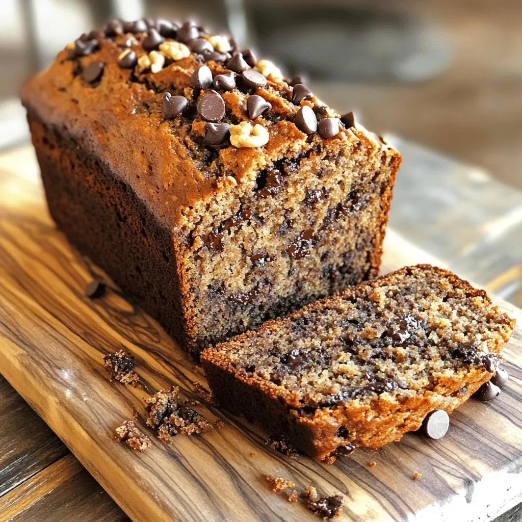 To create the perfect bakery-style chocolate chip banana bread, gather the following ingredients: - 3 ripe bananas, mashed - ½ cup unsalted butter, melted - ¾ cup brown sugar, packed - ½ cup granulated sugar - 2 large eggs - 1 teaspoon vanilla extract - 1 teaspoon baking soda - ½ teaspoon salt - 1 ½ cups all-purpose flour - 1 cup semi-sweet chocolate chips - ½ cup chopped walnuts (optional) Using ripe bananas is key. They add natural sweetness and moisture. Always choose bananas with brown spots. The butter should be unsalted for better control over flavors. The sugars give depth and richness to your bread. Eggs help bind everything together. Vanilla extract adds warmth and a lovely aroma. Baking soda is your leavening agent, while salt balances the sweetness. All-purpose flour gives structure to your loaf. Chocolate chips are the star of this recipe. They melt and create gooey pockets of joy. If you want a crunch, add chopped walnuts for a nice texture. You can adjust the amounts based on your taste. More chocolate? Go for it! Want to skip walnuts? No problem! Each ingredient plays a role, so choose wisely. First, you need to preheat your oven to 350°F (175°C). This step is key for even baking. Next, grab a 9x5-inch loaf pan. Grease it with butter or non-stick spray. This will help the banana bread slide out easily once it’s baked. Start by mashing three ripe bananas in a large bowl. Add in ½ cup of melted unsalted butter. Mix them well until smooth. Now, it’s time to add ¾ cup of brown sugar and ½ cup of granulated sugar. Stir until everything is combined. Then, beat in two large eggs, one at a time. Add in 1 teaspoon of vanilla extract and mix again. Next, sprinkle 1 teaspoon of baking soda and ½ teaspoon of salt over the mixture. Stir well to combine. Now, gently fold in 1 ½ cups of all-purpose flour. Be careful not to over-mix; the batter should be slightly lumpy. Finally, fold in 1 cup of semi-sweet chocolate chips. If you like, add ½ cup of chopped walnuts for extra crunch. Now, pour the batter into your prepared loaf pan. Smooth the top with a spatula for an even bake. Place the pan in the preheated oven. Bake for 60-65 minutes. To check if it’s done, insert a toothpick into the center. If it comes out clean, your banana bread is ready. Let the bread cool in the pan for about 10 minutes. Then, transfer it to a wire rack to cool completely. Enjoy the sweet smell wafting through your kitchen! To make great banana bread, start with ripe bananas. Ripe bananas have a sweeter taste. They are also softer, which helps create a moist bread. Look for bananas with brown spots. These spots mean they are extra sweet. Mixing is key. When you combine the ingredients, do it gently. Overmixing can make your bread tough. Aim for a slightly lumpy batter. This texture keeps the bread light and airy. Want more chocolate in your bread? Add extra chocolate chips! This makes each bite rich and sweet. You can also sprinkle some on top before baking. It adds a nice look and a chocolatey finish. For serving, slice the bread and place it on a wooden board. A dollop of whipped cream on the side makes it special. Pair it with coffee for a perfect treat any time of day. If your bread does not rise, check your baking soda. It must be fresh to work well. Also, make sure to follow the steps closely. For baking time, keep an eye on the bread. If it browns too fast, cover it with foil. Use a toothpick to test doneness. If it comes out wet, bake a bit longer. If it is dry, you may have overbaked it. Adjust your time next time for perfect results. {{image_2}} You can make your banana bread even more tasty! Try different types of chocolate. Milk chocolate gives a sweeter taste. Dark chocolate adds a rich flavor. You can also mix in fruits like blueberries or strawberries. They add a fun twist. Want some warmth? Sprinkle in some cinnamon for a cozy feel. Each mix-in creates a new treat. If you need a gluten-free option, you can swap out the flour. Use almond flour or coconut flour instead. These flours work well in banana bread. They keep the bread moist and tasty. Remember to check if you need more liquid. Gluten-free flours absorb moisture differently. This small change can make a big difference! For a vegan version, you can replace the eggs and butter. Use flax eggs instead of regular eggs. Just mix one tablespoon of flaxseed meal with three tablespoons of water. Let it sit for five minutes. For butter, use coconut oil or a plant-based spread. These swaps keep the bread yummy and moist. Enjoy your vegan banana bread guilt-free! To keep your banana bread fresh, wrap it well. Use plastic wrap or aluminum foil. You can also place it in an airtight container. This helps keep moisture in and air out. Store it at room temperature for up to three days. If you want it to last longer, refrigerate it. Make sure to wrap it tightly. This keeps it from drying out in the fridge. For even longer storage, freeze your banana bread. Slice it before freezing. This makes it easy to grab a piece later. Use freezer-safe bags or wrap each slice in plastic wrap. Label the bags with the date. Your banana bread can last for about three months in the freezer. To enjoy your banana bread warm, you can reheat it easily. If it’s at room temperature, pop a slice in the microwave. Heat it for about 10-15 seconds. Keep an eye on it to avoid overheating. If it’s frozen, let it thaw in the fridge overnight. Then, use the microwave as mentioned, or toast it. A toaster oven works well too. Heat it at 350°F for about 5-10 minutes. This gives it a nice, fresh taste. Enjoy your delicious banana bread warm! Yes, you can use frozen bananas. Just thaw them first and drain any excess liquid. Frozen bananas mash well and add great flavor. They work perfectly in this banana bread recipe. Homemade banana bread lasts about 3 to 5 days at room temperature. Store it in an airtight container to keep it fresh. If you want it to last longer, you can freeze it. Banana bread can be dense if you overmix the batter. Mix just until combined for a light texture. Also, make sure your baking soda is fresh. Old baking soda may not rise well. Yes, coconut oil can replace butter. Use the same amount of melted coconut oil. It adds a subtle flavor and keeps the bread moist. To ripen bananas quickly, place them in a brown paper bag. The bag traps the ethylene gas, speeding up ripening. You can add an apple to the bag for even faster results. You learned how to make banana bread from scratch. We covered the key ingredients and steps, from mixing to baking. I shared tips for texture, flavor, and storage. Consider trying variations like gluten-free or vegan options. With these ideas, you can create tasty banana bread. Don’t be afraid to experiment and enjoy the process. Happy baking!