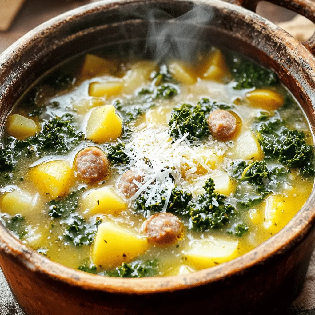 - 1 lb. Italian sausage - 4 medium potatoes, diced - 1 large onion, diced - 3 cloves garlic, minced - 4 cups vegetable broth - 2 cups kale, chopped For the soup, the main ingredients create a hearty base. Italian sausage adds a savory depth. The potatoes make the soup filling and creamy. Onion and garlic lend their flavors, making each bite delicious. Vegetable broth ties everything together, ensuring a rich taste. Finally, kale adds a fresh, vibrant touch, making this dish nutritious. - 1 cup heavy cream (or coconut milk for a lighter option) - 1 tablespoon olive oil - Grated Parmesan cheese for serving (optional) Adding heavy cream or coconut milk makes the soup creamy and rich. Olive oil enhances the flavor of the sautéed onion and garlic. Grated Parmesan cheese adds a nice finish to each bowl, offering a salty, umami kick. - 1 teaspoon dried thyme - 1 teaspoon smoked paprika - Salt and pepper to taste Seasonings bring the soup to life. Dried thyme gives a warm, earthy flavor. Smoked paprika adds a hint of smokiness, enhancing the sausage's taste. Salt and pepper balance the dish, allowing the other flavors to shine. These simple additions make the soup truly flavorful and satisfying. 1. In a large pot, pour in the olive oil. 2. Heat it over medium heat. 3. Add the diced onion. Sauté it until it turns translucent, about 5 minutes. 4. Now, add the minced garlic. Sauté for one more minute until you smell the aroma. 5. Next, add the Italian sausage. Break it up with a spatula as it cooks. 6. Cook the sausage until it is browned and no longer pink, about 7 to 10 minutes. 1. Stir in the diced potatoes. 2. Add the dried thyme, smoked paprika, salt, and pepper. Mix everything well. 3. Pour in the vegetable broth and bring it to a gentle boil. 4. Reduce the heat to simmer and cover the pot. 5. Cook for about 15 to 20 minutes until the potatoes are tender. 1. Once the potatoes are cooked, add the chopped kale. 2. Stir well and cook for an additional 5 minutes. This will wilt the kale. 3. Remove the pot from heat. Add the heavy cream or coconut milk now. 4. Stir to combine and adjust the seasoning with more salt and pepper if needed. 5. Serve it hot. You can top it with grated Parmesan cheese if you like. To elevate the taste of your soup, adjust the seasonings. A pinch of red pepper flakes adds heat. You might also try fresh herbs instead of dried thyme for a brighter flavor. When it comes to sausage, I recommend using spicy Italian sausage. This adds a nice kick that pairs well with the creamy potatoes and kale. If you prefer a milder taste, sweet Italian sausage works, too. Using heavy cream gives your soup a rich, creamy texture. If you're looking for a lighter option, coconut milk is perfect. It adds a subtle sweetness without overwhelming the dish. To achieve the desired thickness, blend a small portion of the soup. This creates a creamy base while leaving some chunks for texture. Be careful not to overcook your kale. It should wilt but still look bright green. Add it just a few minutes before serving to keep its fresh flavor. For even cooking of potatoes, cut them into uniform pieces. This way, they cook at the same rate. Stir occasionally to ensure they cook evenly and don’t stick to the bottom of the pot. {{image_2}} To make this soup lighter, consider two main options. First, reduce the fat content by using lean sausage or turkey sausage. This keeps the taste while cutting calories. Second, add extra vegetables. You can toss in carrots, celery, or zucchini. They boost nutrients and add color. You can play with the taste of your soup. A great way is to add red pepper flakes for some heat. Just a pinch can transform the dish. Another option is to use different types of broth. Chicken broth or bone broth can add depth. Feel free to experiment here! If you need a gluten-free version, check the sausage label. Some brands add gluten. You can also use gluten-free broth. For a vegan version, swap the sausage for plant-based sausage or mushrooms. Use vegetable broth and skip the cream. Coconut milk works well for creaminess without dairy. To keep your soup fresh, store it in an airtight container. Make sure it cools down first. You can place it in the fridge for up to four days. If you want to enjoy it later, freezing is a great option. When freezing soup, use freezer-safe containers. Leave some space at the top for expansion. This soup can stay good in the freezer for about three months. To reheat, thaw it in the fridge overnight. Warm it on the stove over low heat, stirring often. You can also microwave it in a bowl, covered loosely. Batch cooking this soup is easy and smart. Make a double batch on the weekend. Portion it into containers for quick meals during the week. Pair the soup with crusty bread or a side salad for a complete meal. You can also serve it with a sprinkle of grated Parmesan for an extra touch of flavor. It takes about 40 minutes total. - Prep time: 10 minutes - Cooking time: 30 minutes You can chop your veggies while the sausage cooks. This saves time. Yes, you can make this soup ahead of time. - Store it in the fridge for up to 3 days. - Use an airtight container for best results. To reheat, warm it on the stove over low heat. Stir often to avoid sticking. If you don’t have kale, here are some good options: - Spinach - Swiss chard - Collard greens These greens cook down well and add great flavor. Adjust cooking time as needed. This soup brings together simple ingredients like Italian sausage, potatoes, and kale. You learned how to prepare the base and finish it with flavorful seasonings. I shared tips for enhancing texture and flavor, plus variations for everyone, from health-conscious eaters to those wanting something different. Overall, making this soup is easy and enjoyable. You can adapt it to fit your tastes and needs. Enjoy your cooking and treat yourself to a warm, hearty meal!