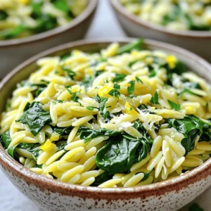 To make Lemon Garlic Orzo with Spinach, gather these key items: - 1 cup orzo pasta - 2 tablespoons olive oil - 4 cloves garlic, minced - 3 cups vegetable broth - 2 cups fresh spinach, roughly chopped - Zest of 1 lemon - Juice of 1 lemon - 1 teaspoon dried oregano - Salt and pepper to taste These ingredients work together to create a bright, tangy dish with a rich flavor. If you want to enhance your dish, consider these optional items: - ¼ cup grated Parmesan cheese - Fresh parsley, chopped, for garnish The Parmesan adds creaminess, while parsley gives a fresh touch. You can also use lemon wedges on the side for extra zest. You can easily swap some ingredients if needed: - Use any small pasta instead of orzo. - Swap vegetable broth for chicken broth for a meatier flavor. - Fresh herbs can replace dried oregano. Use about three times as much. These substitutions can help you customize the dish to your taste or what you have on hand. Before you cook, gather all your ingredients. Here’s what you need: - 1 cup orzo pasta - 2 tablespoons olive oil - 4 cloves garlic, minced - 3 cups vegetable broth - 2 cups fresh spinach, roughly chopped - Zest of 1 lemon - Juice of 1 lemon - 1 teaspoon dried oregano - Salt and pepper to taste - ¼ cup grated Parmesan cheese (optional) - Fresh parsley, chopped, for garnish Next, measure everything out. This makes cooking easier. Chop the spinach and mince the garlic ahead of time. This way, you save time when cooking. Begin by heating the olive oil in a large pot over medium heat. Add the minced garlic. Sauté it for about 1-2 minutes. You want it to smell great, not burn. Now, add the orzo to the pot. Toast the orzo by stirring it for 2-3 minutes. Look for a light golden brown color. This adds a nice flavor. Pour in the vegetable broth, lemon zest, lemon juice, and dried oregano. Stir everything well. Bring the mixture to a boil. Then, reduce the heat to low. Cover the pot and let it simmer for 10-12 minutes. The orzo should be tender and most of the liquid should be absorbed. Once the orzo is cooked, stir in the fresh spinach. Let it wilt for 1-2 minutes. Season with salt and pepper to taste. If you like, sprinkle in the Parmesan cheese. Stir until it melts and blends in. To get the best texture, keep an eye on the cooking time. Orzo can go from perfect to mushy quickly. Stir occasionally, too. This helps the orzo cook evenly. If you want your orzo creamy, add more broth or water as it cooks. Taste it as you go. You can adjust the seasoning to your liking. Finishing with fresh parsley adds a nice touch. Serve it warm and enjoy! Fresh herbs can make your dish pop. Use parsley, basil, or thyme as great options. Chop them finely and stir them in right before serving. This adds a burst of flavor and fresh color to your orzo. You can even mix herbs into the cooking broth for a deeper taste. Don’t be afraid to experiment with different herbs to find your favorite mix. Adding cheese can take your orzo to the next level. Grated Parmesan gives a rich taste. Stir it in after cooking for a creamy texture. If you like a stronger flavor, try feta or goat cheese instead. These cheeses add tanginess that works well with lemon. You can also add a splash of cream for extra richness if you want. Cooking orzo is simple, but timing is key. Toast the orzo first for a nutty flavor. Keep stirring to prevent burning. When you add broth, let it boil, then lower the heat. Cover the pot and let it simmer for about 10-12 minutes. Check the orzo for doneness. It should be tender but not mushy. If you find it too dry, add a little more broth. {{image_2}} You can boost the nutrition of lemon garlic orzo by adding protein. Chicken, shrimp, or chickpeas work well. For chicken, cook strips in the pot after sautéing garlic. For shrimp, add them with the orzo until they turn pink. If you choose chickpeas, drain and rinse a can, then stir them in with the spinach. This adds flavor and makes your meal more filling. You can get creative with the vegetables in this dish. Try bell peppers, peas, or zucchini. Dice the bell peppers and add them with the garlic for a sweet crunch. Frozen peas can be stirred in with the spinach for vibrant color. For zucchini, slice it thin and toss it in while the orzo cooks. This way, you can enjoy a rainbow of veggies in your bowl. Adding spices can give your orzo a unique taste. Try red pepper flakes for heat or smoked paprika for a smoky flavor. Fresh herbs like basil or thyme can also add depth. Mix in a teaspoon of red pepper flakes when adding the broth for a kick. If you prefer fresh herbs, chop them and stir them in just before serving. These twists will keep your orzo exciting and new every time you make it! To keep your Lemon Garlic Orzo fresh, store it in an airtight container. Let it cool down first to avoid steam buildup. This helps keep it from getting soggy. Place the container in the fridge. It will stay good for up to three days. When you're ready to enjoy leftovers, gently reheat the orzo. You can use a microwave or a pot on the stove. If using the microwave, heat in short bursts. Stir it often to make sure it warms evenly. If using the stove, add a splash of vegetable broth or water. This helps revive the orzo and keeps it from drying out. Freezing is a great option for longer storage. To freeze, first, let the orzo cool completely. Then, portion it into freezer-safe bags. Squeeze out any air before sealing. This will help prevent freezer burn. You can freeze it for up to three months. To use, thaw it overnight in the fridge, then reheat as described above. Yes, you can use other small pasta shapes. Try ditalini, small shells, or even quinoa. Each will give a slightly different taste and texture. Be careful with cooking times. Check the package for the right times. To make this dish vegan, skip the Parmesan cheese. Use nutritional yeast instead for a cheesy flavor. You can also add more veggies. Try mushrooms, bell peppers, or zucchini for extra nutrients and taste. This orzo pairs well with grilled chicken or fish. A crisp salad or steamed veggies also work great. For a light meal, serve it alone with lemon wedges. You can add fresh herbs for a bright touch. Lemon Garlic Orzo is a simple, tasty dish. We explored key ingredients and step-by-step cooking tips. You learned how to enhance flavor with herbs and cheese. We also discussed variations and proper storage methods. In the end, this dish offers flexibility and great taste. You can make it your own with protein, veggies, or spices. Enjoy your cooking and let your creativity shine!
