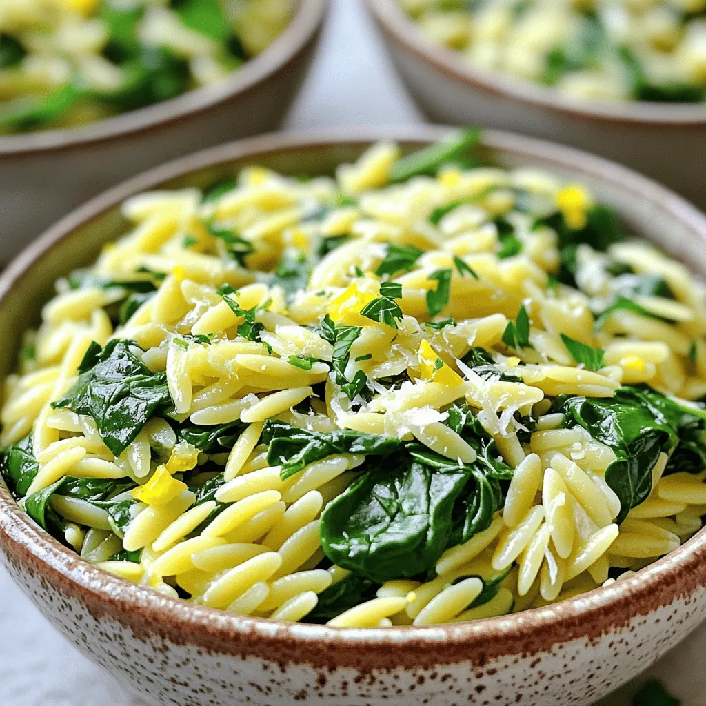 To make Lemon Garlic Orzo with Spinach, gather these key items: - 1 cup orzo pasta - 2 tablespoons olive oil - 4 cloves garlic, minced - 3 cups vegetable broth - 2 cups fresh spinach, roughly chopped - Zest of 1 lemon - Juice of 1 lemon - 1 teaspoon dried oregano - Salt and pepper to taste These ingredients work together to create a bright, tangy dish with a rich flavor. If you want to enhance your dish, consider these optional items: - ¼ cup grated Parmesan cheese - Fresh parsley, chopped, for garnish The Parmesan adds creaminess, while parsley gives a fresh touch. You can also use lemon wedges on the side for extra zest. You can easily swap some ingredients if needed: - Use any small pasta instead of orzo. - Swap vegetable broth for chicken broth for a meatier flavor. - Fresh herbs can replace dried oregano. Use about three times as much. These substitutions can help you customize the dish to your taste or what you have on hand. Before you cook, gather all your ingredients. Here’s what you need: - 1 cup orzo pasta - 2 tablespoons olive oil - 4 cloves garlic, minced - 3 cups vegetable broth - 2 cups fresh spinach, roughly chopped - Zest of 1 lemon - Juice of 1 lemon - 1 teaspoon dried oregano - Salt and pepper to taste - ¼ cup grated Parmesan cheese (optional) - Fresh parsley, chopped, for garnish Next, measure everything out. This makes cooking easier. Chop the spinach and mince the garlic ahead of time. This way, you save time when cooking. Begin by heating the olive oil in a large pot over medium heat. Add the minced garlic. Sauté it for about 1-2 minutes. You want it to smell great, not burn. Now, add the orzo to the pot. Toast the orzo by stirring it for 2-3 minutes. Look for a light golden brown color. This adds a nice flavor. Pour in the vegetable broth, lemon zest, lemon juice, and dried oregano. Stir everything well. Bring the mixture to a boil. Then, reduce the heat to low. Cover the pot and let it simmer for 10-12 minutes. The orzo should be tender and most of the liquid should be absorbed. Once the orzo is cooked, stir in the fresh spinach. Let it wilt for 1-2 minutes. Season with salt and pepper to taste. If you like, sprinkle in the Parmesan cheese. Stir until it melts and blends in. To get the best texture, keep an eye on the cooking time. Orzo can go from perfect to mushy quickly. Stir occasionally, too. This helps the orzo cook evenly. If you want your orzo creamy, add more broth or water as it cooks. Taste it as you go. You can adjust the seasoning to your liking. Finishing with fresh parsley adds a nice touch. Serve it warm and enjoy! Fresh herbs can make your dish pop. Use parsley, basil, or thyme as great options. Chop them finely and stir them in right before serving. This adds a burst of flavor and fresh color to your orzo. You can even mix herbs into the cooking broth for a deeper taste. Don’t be afraid to experiment with different herbs to find your favorite mix. Adding cheese can take your orzo to the next level. Grated Parmesan gives a rich taste. Stir it in after cooking for a creamy texture. If you like a stronger flavor, try feta or goat cheese instead. These cheeses add tanginess that works well with lemon. You can also add a splash of cream for extra richness if you want. Cooking orzo is simple, but timing is key. Toast the orzo first for a nutty flavor. Keep stirring to prevent burning. When you add broth, let it boil, then lower the heat. Cover the pot and let it simmer for about 10-12 minutes. Check the orzo for doneness. It should be tender but not mushy. If you find it too dry, add a little more broth. {{image_2}} You can boost the nutrition of lemon garlic orzo by adding protein. Chicken, shrimp, or chickpeas work well. For chicken, cook strips in the pot after sautéing garlic. For shrimp, add them with the orzo until they turn pink. If you choose chickpeas, drain and rinse a can, then stir them in with the spinach. This adds flavor and makes your meal more filling. You can get creative with the vegetables in this dish. Try bell peppers, peas, or zucchini. Dice the bell peppers and add them with the garlic for a sweet crunch. Frozen peas can be stirred in with the spinach for vibrant color. For zucchini, slice it thin and toss it in while the orzo cooks. This way, you can enjoy a rainbow of veggies in your bowl. Adding spices can give your orzo a unique taste. Try red pepper flakes for heat or smoked paprika for a smoky flavor. Fresh herbs like basil or thyme can also add depth. Mix in a teaspoon of red pepper flakes when adding the broth for a kick. If you prefer fresh herbs, chop them and stir them in just before serving. These twists will keep your orzo exciting and new every time you make it! To keep your Lemon Garlic Orzo fresh, store it in an airtight container. Let it cool down first to avoid steam buildup. This helps keep it from getting soggy. Place the container in the fridge. It will stay good for up to three days. When you're ready to enjoy leftovers, gently reheat the orzo. You can use a microwave or a pot on the stove. If using the microwave, heat in short bursts. Stir it often to make sure it warms evenly. If using the stove, add a splash of vegetable broth or water. This helps revive the orzo and keeps it from drying out. Freezing is a great option for longer storage. To freeze, first, let the orzo cool completely. Then, portion it into freezer-safe bags. Squeeze out any air before sealing. This will help prevent freezer burn. You can freeze it for up to three months. To use, thaw it overnight in the fridge, then reheat as described above. Yes, you can use other small pasta shapes. Try ditalini, small shells, or even quinoa. Each will give a slightly different taste and texture. Be careful with cooking times. Check the package for the right times. To make this dish vegan, skip the Parmesan cheese. Use nutritional yeast instead for a cheesy flavor. You can also add more veggies. Try mushrooms, bell peppers, or zucchini for extra nutrients and taste. This orzo pairs well with grilled chicken or fish. A crisp salad or steamed veggies also work great. For a light meal, serve it alone with lemon wedges. You can add fresh herbs for a bright touch. Lemon Garlic Orzo is a simple, tasty dish. We explored key ingredients and step-by-step cooking tips. You learned how to enhance flavor with herbs and cheese. We also discussed variations and proper storage methods. In the end, this dish offers flexibility and great taste. You can make it your own with protein, veggies, or spices. Enjoy your cooking and let your creativity shine!