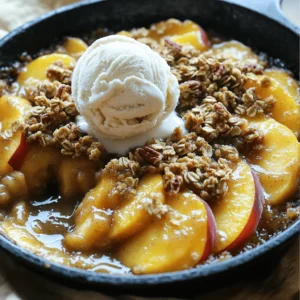 - 4 ripe peaches, pitted and sliced - 1 cup rolled oats - 1/2 cup all-purpose flour - 1/2 cup brown sugar - 1/4 cup granulated sugar - 1 teaspoon cinnamon - 1/2 teaspoon nutmeg - 1/4 teaspoon salt - 1/2 cup unsalted butter (1 stick) - 1/2 cup chopped pecans or walnuts (optional) - Vanilla ice cream or whipped cream, for serving Accurate measurements are key to great taste. Use a dry measuring cup for the oats and flour. For sugars, scoop them into the cup and level off. This ensures you won't have too much sweetness or dryness. You can enhance the flavor of your crisp by adding a few extras: - A splash of lemon juice to the peaches for brightness. - A pinch of ginger for a spicy kick. - A handful of raisins or dried cranberries for chewy texture. These simple additions can elevate your dish and give it a unique twist. First, gather all your ingredients. You need fresh peaches, oats, flour, and sugar. Don't forget the butter and spices. Preheat your oven to 350°F (175°C). This step is key for cooking your crisp evenly. 1. Brown the Butter: In a medium saucepan, melt the unsalted butter over medium heat. Stir it constantly. It will bubble and start to turn golden brown. This takes about 5-7 minutes. The nutty smell tells you it’s ready. Watch closely to avoid burning. 2. Prepare the Peaches: In a large bowl, add the sliced peaches. Sprinkle granulated sugar, cinnamon, and nutmeg over them. Gently toss the peaches to coat. This helps enhance their natural sweetness. Place the peaches in the bottom of a cast-iron skillet or oven-safe dish. 3. Make the Topping: In another bowl, mix rolled oats, flour, brown sugar, and salt. If you want, add chopped pecans or walnuts for crunch. Drizzle the brown butter over this mix. Stir until you have a crumbly topping. 4. Assemble the Crisp: Evenly spread the oat topping over the peaches. Make sure to cover them completely. This layer will turn golden and crisp in the oven. 5. Bake: Place the skillet in the oven. Bake for 25-30 minutes. Look for a golden brown topping and bubbly peaches. 6. Cool and Serve: Once done, remove the skillet from the oven. Let it cool for a few minutes. This will help the juices settle. - Watch the Heat: Keep your heat at medium. Too high, and the butter burns quickly. - Stir Constantly: This ensures even cooking and prevents sticking. - Look for Color: When the butter is golden brown, it’s ready. The smell is a great clue too! With these steps, you’ll create a delicious Brown Butter Peach Crisp Skillet. Enjoy the warm, sweet flavors! To pick great peaches, look for ripe ones. They should feel soft but not too mushy. Check for a sweet aroma. A bright color also indicates ripeness. You can choose yellow or white peaches. Both taste good in this crisp. Avoid peaches with bruises or dark spots. These might not taste fresh. You can change the flavor of your crisp. Try adding a splash of lemon juice to the peaches. This adds brightness. For a spicy kick, add a pinch of ginger. If you like nuts, mix in almonds or hazelnuts. You can even add dried fruits like cranberries. Each change can make your dish unique. Using the right tools helps a lot. You need a cast-iron skillet or an oven-safe dish. This helps cook the crisp evenly. A medium saucepan is key for browning the butter. Get a mixing bowl for combining ingredients. A spatula or wooden spoon is great for stirring. Don’t forget an oven mitt for safety! {{image_2}} Serve the Brown Butter Peach Crisp Warm. The heat makes the peaches juicy and sweet. Use a large spoon to scoop out servings directly from the skillet. This method keeps the crisp warm and inviting. Place each serving in a bowl, allowing guests to enjoy the delightful aroma. Top each serving with a scoop of vanilla ice cream or a dollop of whipped cream. The cold creaminess pairs well with warm, buttery peaches. You can also sprinkle a bit of cinnamon on top for extra flavor. If you want a nutty crunch, add some chopped nuts on top too. If you have any leftovers, let them cool. Store them in an airtight container in the fridge. They will last for about three days. To reheat, place the crisp in the oven at 350°F for about 10-15 minutes. You can also microwave individual servings for a quick treat. Enjoy your delicious dessert again! You can switch up the fruit in this crisp. Try using nectarines, plums, or cherries. Each fruit adds its own flavor and sweetness. Mix and match to find your favorite combo. For a tropical twist, use mango or pineapple. These fruits create a bright, sunny taste. If you need a gluten-free version, swap the all-purpose flour for almond flour or coconut flour. Oats are often gluten-free, but check the label. Use certified gluten-free oats to be safe. This keeps the crisp just as tasty and enjoyable. Pecans and walnuts work well, but you can use other nuts too. Try almonds or hazelnuts for a different crunch. Chop them up and mix them into the topping. This adds flavor and texture to your crisp. You can even skip the nuts if you prefer a nut-free option. You can make this dish ahead of time by preparing the filling and topping separately. Slice the peaches and mix them with sugar and spices. Store this in the fridge. For the topping, mix oats, flour, and brown sugar. Keep this in a separate container. When you are ready to bake, combine the two and pour the brown butter over the top. Bake as directed. This method keeps the topping crispy and fresh. Yes, frozen peaches work well. Just make sure to thaw and drain them before use. Frozen peaches can release more water. This extra moisture may make the crisp soggy. To fix this, cook the peaches in a pan for a few minutes to reduce liquid. Once they are drier, mix them with sugar and spices as usual. This way, you still get that sweet peach flavor. If you don’t have brown sugar, you can use white sugar. Just add a tablespoon of molasses to it for flavor. Another option is to use coconut sugar. This has a similar taste and color. If you prefer a sugar-free option, try using maple syrup or honey. Just keep in mind that these will change the texture a bit. Adjust the liquid in the recipe accordingly to keep it balanced. Brown Butter Peach Crisp Skillet brings together simple ingredients and easy steps. We’ve covered measurements, optional flavors, and ways to pick ripe peaches. Cooking tips help you master perfect brown butter. Serving ideas and storage options make this dish even better. Variations let you explore new flavors with different fruits or nuts. This dish is fun to make and enjoy. Try it out, and let your creativity shine!