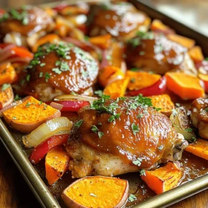 - 4 chicken thighs (boneless, skinless) - 2 large sweet potatoes, cut into wedges - 1 red bell pepper, sliced - 1 yellow onion, sliced The main ingredients for this dish are simple yet flavorful. Chicken thighs are juicy and tender, perfect for BBQ. Sweet potatoes add a natural sweetness. The red bell pepper and yellow onion bring in a nice crunch and color. - 2 tablespoons olive oil - 1 teaspoon garlic powder - 1 teaspoon paprika - Salt and pepper to taste The spices enhance the dish’s taste. Olive oil helps everything cook well. Garlic powder gives a nice kick. Paprika adds a touch of warmth. Don’t forget to season with salt and pepper to bring out all the flavors. - Favorite brands - Homemade versions You can use your favorite BBQ sauce. There are many brands to choose from. If you want to make your own, combine ketchup, vinegar, and brown sugar for a quick mix. Homemade BBQ adds a special touch and lets you control the flavors. First, you need to preheat your oven to 425°F (220°C). This high heat helps the chicken and sweet potatoes cook well. While the oven heats, prepare the sweet potatoes. Take two large sweet potatoes and cut them into wedges. Aim for similar sizes so they cook evenly. Next, grab a large bowl. Add the sweet potato wedges along with sliced red bell pepper and yellow onion. Drizzle two tablespoons of olive oil over the veggies. Season with one teaspoon of garlic powder, one teaspoon of paprika, and salt and pepper to taste. Toss everything well to coat the vegetables evenly. In the same bowl, take your four boneless, skinless chicken thighs. Pour one cup of your favorite BBQ sauce over them. Make sure each piece is fully covered with the sauce for the best flavor. Now, it’s time to arrange everything. Spread the sweet potato and veggie mix in a single layer on a large sheet pan. Nestle the BBQ-coated chicken thighs in the center among the veggies. This setup allows the flavors to blend while cooking. Roast the dish in your preheated oven for 25-30 minutes. You want the chicken to reach an internal temperature of 165°F and the sweet potatoes to be tender. If you like a nice char, turn on the broiler for 2-3 minutes at the end. This step caramelizes the veggies and enhances the chicken's flavor. Once done, let it rest for a few minutes before serving. Finish with a sprinkle of fresh parsley for a pop of color. To check if the chicken is done, use a meat thermometer. The safe internal temperature is 165°F. Insert the thermometer into the thickest part of the thigh. If it reads 165°F, your chicken is ready. For sweet potato tenderness, you can poke a wedge with a fork. If it slides in easily, they are done. You want them soft but not mushy. To add more flavor, consider using spices like cumin or chili powder. These spices can give your dish a nice kick. You can also mix in some fresh herbs like thyme or rosemary for a fresh touch. For BBQ sauce, you can experiment with different brands. Look for one with a balance of sweet and tangy. If you want to make your own, mix ketchup, honey, and a bit of vinegar. Using the broiler helps to create a nice char on the chicken. After baking, turn on the broiler for 2-3 minutes. Keep a close eye to avoid burning. The broiler cooks fast, so stay nearby. This step adds a great texture and flavor to your dish. {{image_2}} You can use chicken breast instead of thighs. Chicken breast cooks faster and is leaner. Just remember to reduce the cooking time. You can also switch to other meats like pork or turkey. Pork chops work well for a juicy option. Turkey thighs are great if you want a hearty flavor. Each meat brings its own taste, so feel free to experiment. You can include other vegetables to mix things up. Try adding broccoli, zucchini, or carrots. Each veggie gives a different flavor. You can also adjust the taste by using sweeter or spicier vegetables. For example, add jalapeños for heat or butternut squash for sweetness. Changing the veggies can make this dish new every time. Exploring regional BBQ sauces can change the whole dish. You might try a tangy vinegar sauce from the Carolinas or a sweet Kansas City style. Each sauce has a unique taste. Homemade sauce options let you control the flavor. Mix ketchup, brown sugar, and apple cider vinegar for a quick sauce. You can even add your favorite spices to create your own special blend. To keep your BBQ chicken sweet potato wedges fresh, store them properly. First, let the dish cool to room temperature. Then, place the leftovers in an airtight container. This helps to keep moisture in and flavors intact. You may want to separate the chicken from the sweet potatoes if you prefer. Use glass or plastic containers that seal tightly. This keeps the food fresh for up to 3 days in the fridge. When you are ready to enjoy your leftovers, reheating is key. You can use an oven or microwave. If you use the oven, preheat it to 350°F (175°C). Place the chicken and sweet potatoes on a baking sheet. Cover them with foil to keep moisture in. Bake for about 15-20 minutes until heated through. If you choose the microwave, heat in short bursts. Check every minute to avoid drying out the food. Adding a splash of water before covering can help add moisture. Freezing is a great way to save this dish for later. You can freeze the entire meal or just the chicken and sweet potatoes. For best results, wrap the food tightly in plastic wrap or use freezer-safe containers. This prevents freezer burn. When you want to eat it, move it to the fridge to thaw overnight. For quicker thawing, use the microwave on defrost mode. After thawing, reheat as mentioned above. Enjoy your meal just like fresh! It takes about 25 to 30 minutes to cook BBQ chicken on a sheet pan. The key is to check the chicken. It should reach an internal temperature of 165°F. This ensures the chicken is safe to eat. The sweet potatoes will also be tender at this time. If you want a crispy finish, you can broil for an extra 2 to 3 minutes. Yes, you can make this dish without BBQ sauce. Try using teriyaki sauce for a sweet taste. You could also use a spicy mustard sauce for a kick. If you prefer a dry rub, mix spices like cumin and chili powder. This will give great flavor without sauce. The options are endless based on what you like. You can serve many tasty sides with BBQ chicken sweet potato wedges. Here are some ideas: - Coleslaw: A crunchy, creamy side adds freshness. - Corn on the cob: Sweet corn pairs well with BBQ flavors. - Green salad: A light salad adds balance to the meal. - Baked beans: Rich and savory, they complement BBQ dishes. For serving ideas, you can present the dish on a large platter. Garnish with fresh parsley for color. This makes the meal look even more inviting. This blog post covered how to make delicious BBQ chicken with sweet potatoes. We explored ingredients like chicken thighs and sweet potatoes, along with spices to enhance flavor. I provided step-by-step instructions for preparing and baking the dish, along with tips to perfect your cooking. Feel free to try variations, such as using different meats or vegetables. Remember, proper storage keeps your leftovers fresh for next time. Enjoy creating this tasty meal, and don’t be afraid to experiment with flavors! Your next dinner will impress everyone.