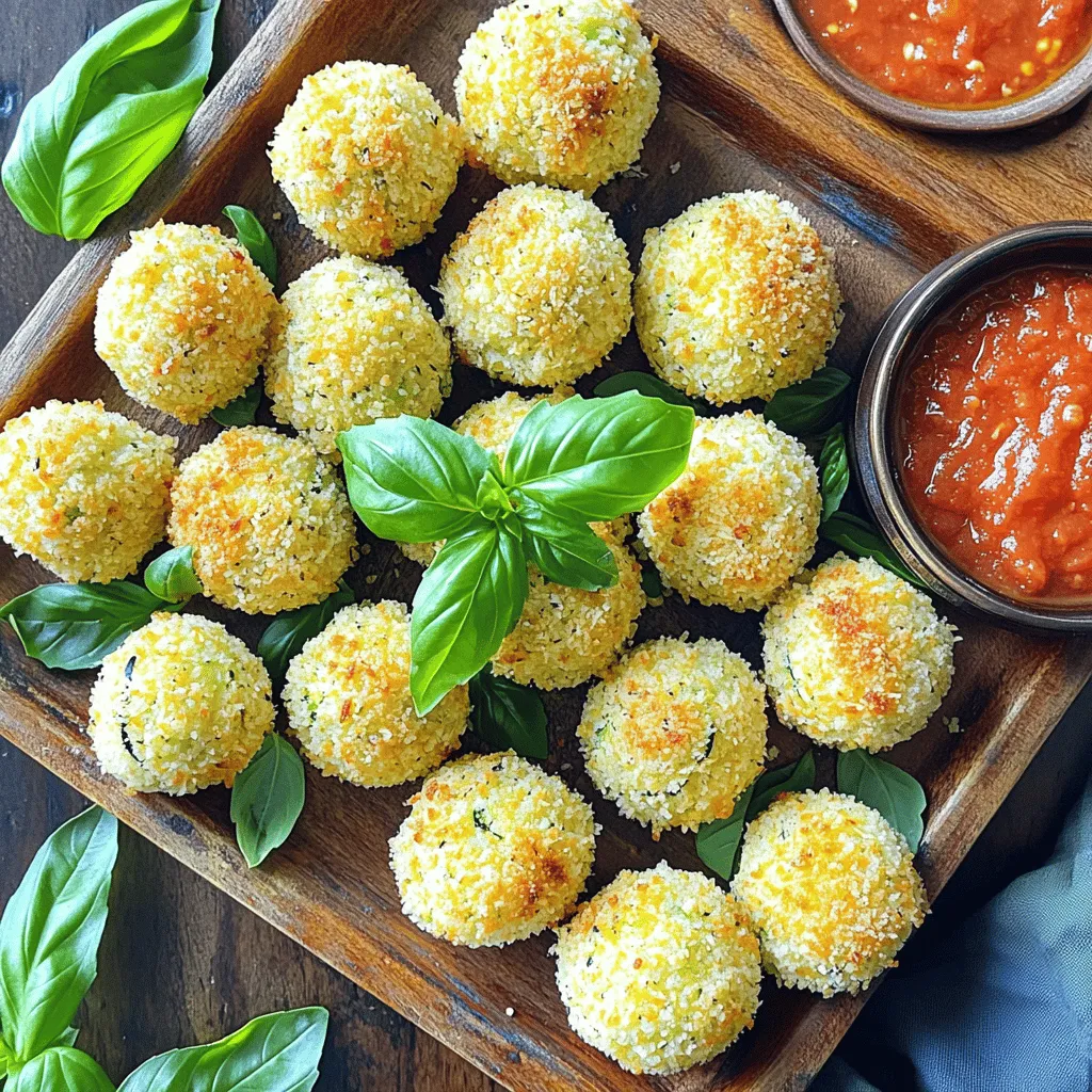 Main Ingredients List - 2 medium zucchinis - 1 cup breadcrumbs (panko preferred for extra crunch) - ½ cup grated Parmesan cheese - 2 cloves garlic, minced - ¼ cup fresh basil, chopped - 1 large egg, beaten To make crispy garlic zucchini balls, you need fresh zucchinis. Grate them and let them sit with salt. This helps draw out extra moisture. The breadcrumbs add crunch and texture. I always prefer panko for the best crispiness. Parmesan cheese gives a rich flavor. Garlic and basil add that lovely aroma and taste. Finally, the egg binds everything together. Seasonings - 1 teaspoon salt - 1 teaspoon black pepper - ½ teaspoon onion powder Seasonings play a key role in flavor. Salt enhances the taste of all ingredients. Black pepper adds a nice kick. Onion powder gives depth without overpowering the dish. This mix creates a tasty balance. Optional Ingredients - Olive oil spray - Dipping sauces Olive oil spray helps achieve the crispy texture we all love. It’s a simple way to boost crunch without extra calories. You can also serve these balls with dipping sauces. Marinara or yogurt dips are great choices. They add freshness and a new flavor layer. First, you need to grate the zucchinis. Use a box grater or food processor for this. Grating makes the zucchinis easier to mix and form into balls. Next, place the grated zucchinis in a colander. Sprinkle them with 1 teaspoon of salt. Let them sit for 15 to 20 minutes. This step helps to drain excess moisture, which is key to making crispy zucchini balls. After the time is up, grab a clean kitchen towel or paper towels. Squeeze the grated zucchini to remove as much moisture as you can. In a large mixing bowl, combine the drained zucchinis, 1 cup of breadcrumbs, ½ cup of grated Parmesan cheese, and 2 cloves of minced garlic. Add ¼ cup of chopped fresh basil, 1 beaten egg, 1 teaspoon of black pepper, and ½ teaspoon of onion powder. Mix all the ingredients well. Use your hands for a good mix. This ensures that every bite is packed with flavor. Once mixed, it's time to form the zucchini balls. Grab small portions, about 1 inch in diameter, and roll them into balls. Place each ball on a prepared baking sheet. Before baking, preheat your oven to 400°F (200°C). Line a baking sheet with parchment paper to prevent sticking. Once the oven is hot, lightly spray the tops of your zucchini balls with olive oil spray. This helps them crisp up while baking. Bake the balls for 20 to 25 minutes, flipping them halfway through. This ensures even cooking. You know they are done when they turn golden brown and crispy. Remove them from the oven and let them cool for a few minutes before serving. Enjoy your crispy garlic zucchini balls! To make your zucchini balls crispy, start by draining moisture. Grating the zucchinis releases water. Sprinkle salt on them and let them sit for 15-20 minutes. This step is key. Afterward, use a towel to squeeze out any extra moisture. The drier the zucchini, the crispier the balls will be. Next, use panko breadcrumbs. They are light and airy. Panko adds a great crunch that regular breadcrumbs can’t match. Mix them in well with the other ingredients. This ensures that every bite is crispy and yummy. For a beautiful presentation, serve the crispy garlic zucchini balls on a nice platter. Garnish with fresh basil leaves. This adds color and freshness. You can also include a small bowl of marinara sauce. It makes a great dip and adds flavor. Yogurt dip is another tasty option. It’s cool and creamy, perfect for pairing. One common mistake is over or undercooking the balls. Make sure to bake them for 20-25 minutes. They should be golden brown. Use a timer to help keep track. Another mistake is not compressing the mixture enough. When forming the balls, press them firmly. This helps them hold their shape while baking. If they are too loose, they may fall apart. {{image_2}} You can easily change the flavor of these zucchini balls. Adding spices or herbs can make a big difference. Try oregano or thyme for a fresh twist. If you want a cheesy flavor, consider cheese alternatives. Nutritional yeast can provide a cheesy taste without dairy. You can also use different cheeses like feta or goat cheese for a unique touch. If you want to make these balls healthier, consider baking instead of frying. Baking gives you that crispy texture without extra oil. You can also make gluten-free zucchini balls. Use gluten-free breadcrumbs instead of regular ones. This way, everyone can enjoy them. Serving these zucchini balls with dips adds extra flavor. Marinara sauce is a classic choice. It pairs well with the garlic taste. You can also try a yogurt dip for a creamy contrast. Hummus is another great option. It brings a smooth texture that complements the crispy balls. After making crispy garlic zucchini balls, you can store them in the fridge. Let them cool down first. Place them in an airtight container. This keeps them fresh and prevents odors. - Use a glass or plastic container with a tight lid. - Line the container with paper towels to absorb moisture. - They will stay good for up to 3 days in the fridge. If you want to keep zucchini balls longer, freezing is a great option. First, let them cool completely. Then, arrange them on a baking sheet. Place them in the freezer for about an hour. This helps them freeze individually. - Once frozen, transfer them to a freezer-safe bag. - Be sure to remove as much air as possible from the bag. - They can last up to 3 months in the freezer. To reheat, simply bake them straight from the freezer. Set your oven to 400°F (200°C) and bake for about 15-20 minutes. For the best taste, enjoy your zucchini balls within 3 days if refrigerated. If frozen, aim to eat them within 3 months. Signs of spoilage include: - A sour smell - A slimy texture - Any visible mold If you notice any of these signs, it's best to toss them out. Keeping an eye on freshness ensures a tasty snack every time! Yes, you can. Prepare the zucchini balls and freeze them. Lay them on a tray first. Once they are frozen, transfer them to a freezer bag. They will stay fresh for up to three months. When you want to cook them, bake directly from the freezer. Just add a few extra minutes to the cooking time. This makes meal prep easy and quick! If you need a substitute, try yellow squash or eggplant. Both work well and have similar textures. For a low-carb option, use cauliflower. Just pulse it in a food processor until finely chopped. This will give you a nice base for the balls. Always adjust seasonings to match your substitute. Look for a golden brown color. The zucchini balls should be firm to the touch. You can also insert a toothpick into the center. If it comes out clean, they are ready. Let them cool slightly before serving. This helps improve the taste and texture! In this post, we explored zucchini balls, from ingredients to baking tips. We covered each step, including mixing, baking, and serving suggestions. Remember, draining moisture helps achieve that perfect crisp. Using the right seasonings and optional dips can enhance flavors. Don't forget to store leftovers correctly, whether in the fridge or freezer. With these tips, you can enjoy delicious zucchini balls at any time. Keep experimenting with flavors and variations to make this dish your own! Enjoy your cooking journey!
