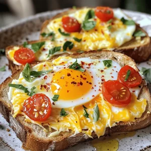 - 4 slices of thick bread (sourdough or whole grain) - 4 large eggs - 1 cup shredded cheddar cheese - ½ cup cherry tomatoes, halved - 2 tablespoons fresh basil, chopped - 1 tablespoon olive oil - Salt and pepper to taste - Optional: red pepper flakes for a kick For Cheesy Egg Toast, you have two great bread choices: sourdough or whole grain. Both give a nice crunch and flavor. I prefer sourdough for its tangy taste, but whole grain adds more fiber. Cheddar cheese is the star here. It melts well and adds a rich flavor. You can also try other cheeses like mozzarella or gouda if you want a twist. - Suggested seasonings: red pepper flakes, salt, and pepper - Fresh herbs and toppings: basil and cherry tomatoes To spice things up, add red pepper flakes. They give a nice heat without being too strong. Don’t forget the salt and pepper to enhance the taste. Fresh herbs like basil add a bright touch. I love how they pair with the eggs. Cherry tomatoes are a fun addition too. Their sweetness balances the cheese and egg flavors perfectly. 1. First, preheat your oven to 375°F (190°C). This helps cook the eggs just right. 2. Next, heat a skillet over medium heat. Add one tablespoon of olive oil to the pan. 3. Place the bread slices in the skillet. Toast each side for about 2 minutes until they turn golden brown. 4. After toasting, carefully take the bread out and set it on a baking sheet. You want a sturdy base for your toppings. 1. Now, crack one egg on each slice of bread. Keep the yolk intact for a lovely look. 2. Evenly sprinkle the shredded cheddar cheese on top of each egg. This adds a rich flavor. 3. Add the halved cherry tomatoes around the eggs. They give color and freshness. 4. Season with salt, pepper, and red pepper flakes if you like some heat. 5. Put the baking sheet in the preheated oven. Bake for 10 to 12 minutes. You want the egg whites set but the yolks soft. 6. When done, take the baking sheet out and sprinkle chopped basil on top. This adds a nice, fresh taste. Enjoy your Cheesy Egg Toast, a quick and delicious breakfast idea! To get the best eggs, you need to know about yolks. Do you like a soft yolk that runs? Or do you prefer a firmer yolk? If you want a soft yolk, bake for 10 minutes. For firmer yolks, go for 12 minutes. This way, you control the texture. Choosing the right bread is key, too. I love thick sourdough or whole grain. They hold the egg well and make a hearty bite. Toast your bread until it’s golden brown. This adds crunch and flavor. Perfect for holding all those yummy toppings. Making your Cheesy Egg Toast look good is fun. Place each toast on a bright plate. Drizzle a bit of olive oil on top. This adds shine and flavor. Sprinkle fresh basil over the toast for a pop of color. Serve with extra cherry tomatoes on the side. They not only look nice but taste great, too. A colorful plate makes the meal more inviting. You want to make every bite special! {{image_2}} You can switch up the bread for your Cheesy Egg Toast. Try gluten-free bread for a different texture. Whole grain bread adds a nutty flavor. Both are great options! For cheese, if you want a change, use mozzarella or feta. Vegan cheese works too. It melts well and is tasty. Adding veggies makes this dish even better. Spinach adds color and nutrition. Bell peppers bring a sweet crunch. Avocado slices on top add creaminess. You can also get creative with toppings. Try drizzling pesto for a fresh taste. A splash of hot sauce gives it a nice kick. These twists let you customize your toast to your liking. To keep your Cheesy Egg Toast fresh, store it in the fridge. Use an airtight container to prevent sogginess. The toast stays good for up to three days. When you reheat, use an oven or toaster oven. This helps keep the bread crispy. Heat at 350°F (175°C) for about 10 minutes. Check the eggs to make sure they warm through. If you want to freeze the egg toast, first let it cool. Wrap each piece in plastic wrap. Then place them in a freezer bag. This helps avoid freezer burn. You can store them for up to a month. For best results, freeze the components separately. Store the bread, eggs, and toppings in different bags. This way, you can mix and match when ready to eat. Just thaw in the fridge overnight before cooking. You can make Cheesy Egg Toast on the stove. Use a skillet instead of the oven. After toasting the bread, crack the eggs on top. Cover the skillet with a lid. Cook on low heat until the eggs set. This will take about 5 to 8 minutes. Yes, you can use any cheese you like. Mozzarella or feta can work well too. For vegetables, try adding spinach, bell peppers, or even avocado. Mix and match to find your favorite flavors. Pair your toast with fresh fruit or a green salad. You can also add yogurt for protein. This will create a filling and balanced breakfast or lunch. Cheesy Egg Toast stays good in the fridge for up to three days. Store it in an airtight container. When ready to eat, reheat it in a skillet or the microwave. Enjoy it warm for the best taste. Cheesy Egg Toast is a fun and tasty recipe. You start with good bread and cheese, then add tasty toppings. With tips for texture and serving ideas, your dish will shine. Don’t forget the fun variations like gluten-free options. Store leftovers properly for later enjoyment, and your dish will stay great. This recipe is simple and offers many ways to make it your own. Enjoy creating your version of Cheesy Egg Toast!