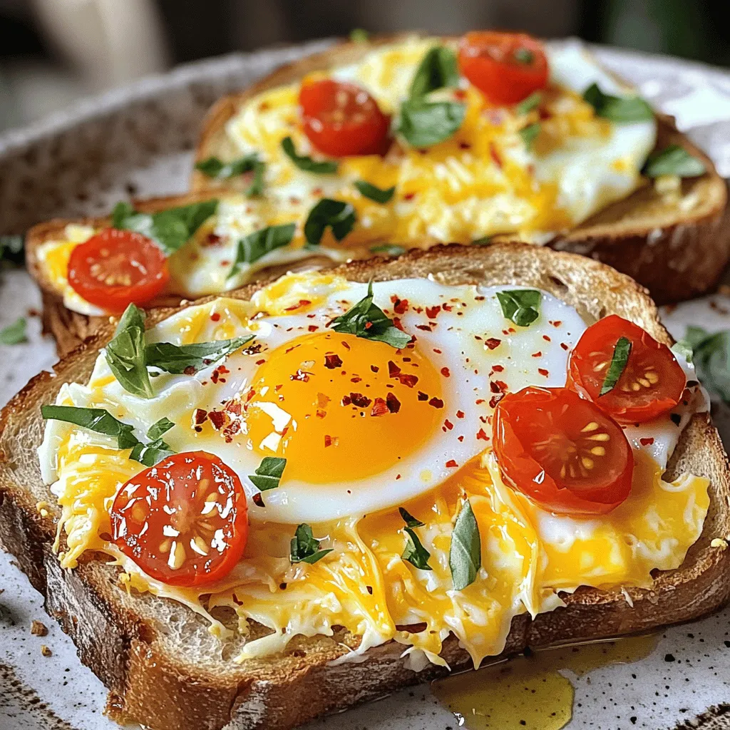 - 4 slices of thick bread (sourdough or whole grain) - 4 large eggs - 1 cup shredded cheddar cheese - ½ cup cherry tomatoes, halved - 2 tablespoons fresh basil, chopped - 1 tablespoon olive oil - Salt and pepper to taste - Optional: red pepper flakes for a kick For Cheesy Egg Toast, you have two great bread choices: sourdough or whole grain. Both give a nice crunch and flavor. I prefer sourdough for its tangy taste, but whole grain adds more fiber. Cheddar cheese is the star here. It melts well and adds a rich flavor. You can also try other cheeses like mozzarella or gouda if you want a twist. - Suggested seasonings: red pepper flakes, salt, and pepper - Fresh herbs and toppings: basil and cherry tomatoes To spice things up, add red pepper flakes. They give a nice heat without being too strong. Don’t forget the salt and pepper to enhance the taste. Fresh herbs like basil add a bright touch. I love how they pair with the eggs. Cherry tomatoes are a fun addition too. Their sweetness balances the cheese and egg flavors perfectly. 1. First, preheat your oven to 375°F (190°C). This helps cook the eggs just right. 2. Next, heat a skillet over medium heat. Add one tablespoon of olive oil to the pan. 3. Place the bread slices in the skillet. Toast each side for about 2 minutes until they turn golden brown. 4. After toasting, carefully take the bread out and set it on a baking sheet. You want a sturdy base for your toppings. 1. Now, crack one egg on each slice of bread. Keep the yolk intact for a lovely look. 2. Evenly sprinkle the shredded cheddar cheese on top of each egg. This adds a rich flavor. 3. Add the halved cherry tomatoes around the eggs. They give color and freshness. 4. Season with salt, pepper, and red pepper flakes if you like some heat. 5. Put the baking sheet in the preheated oven. Bake for 10 to 12 minutes. You want the egg whites set but the yolks soft. 6. When done, take the baking sheet out and sprinkle chopped basil on top. This adds a nice, fresh taste. Enjoy your Cheesy Egg Toast, a quick and delicious breakfast idea! To get the best eggs, you need to know about yolks. Do you like a soft yolk that runs? Or do you prefer a firmer yolk? If you want a soft yolk, bake for 10 minutes. For firmer yolks, go for 12 minutes. This way, you control the texture. Choosing the right bread is key, too. I love thick sourdough or whole grain. They hold the egg well and make a hearty bite. Toast your bread until it’s golden brown. This adds crunch and flavor. Perfect for holding all those yummy toppings. Making your Cheesy Egg Toast look good is fun. Place each toast on a bright plate. Drizzle a bit of olive oil on top. This adds shine and flavor. Sprinkle fresh basil over the toast for a pop of color. Serve with extra cherry tomatoes on the side. They not only look nice but taste great, too. A colorful plate makes the meal more inviting. You want to make every bite special! {{image_2}} You can switch up the bread for your Cheesy Egg Toast. Try gluten-free bread for a different texture. Whole grain bread adds a nutty flavor. Both are great options! For cheese, if you want a change, use mozzarella or feta. Vegan cheese works too. It melts well and is tasty. Adding veggies makes this dish even better. Spinach adds color and nutrition. Bell peppers bring a sweet crunch. Avocado slices on top add creaminess. You can also get creative with toppings. Try drizzling pesto for a fresh taste. A splash of hot sauce gives it a nice kick. These twists let you customize your toast to your liking. To keep your Cheesy Egg Toast fresh, store it in the fridge. Use an airtight container to prevent sogginess. The toast stays good for up to three days. When you reheat, use an oven or toaster oven. This helps keep the bread crispy. Heat at 350°F (175°C) for about 10 minutes. Check the eggs to make sure they warm through. If you want to freeze the egg toast, first let it cool. Wrap each piece in plastic wrap. Then place them in a freezer bag. This helps avoid freezer burn. You can store them for up to a month. For best results, freeze the components separately. Store the bread, eggs, and toppings in different bags. This way, you can mix and match when ready to eat. Just thaw in the fridge overnight before cooking. You can make Cheesy Egg Toast on the stove. Use a skillet instead of the oven. After toasting the bread, crack the eggs on top. Cover the skillet with a lid. Cook on low heat until the eggs set. This will take about 5 to 8 minutes. Yes, you can use any cheese you like. Mozzarella or feta can work well too. For vegetables, try adding spinach, bell peppers, or even avocado. Mix and match to find your favorite flavors. Pair your toast with fresh fruit or a green salad. You can also add yogurt for protein. This will create a filling and balanced breakfast or lunch. Cheesy Egg Toast stays good in the fridge for up to three days. Store it in an airtight container. When ready to eat, reheat it in a skillet or the microwave. Enjoy it warm for the best taste. Cheesy Egg Toast is a fun and tasty recipe. You start with good bread and cheese, then add tasty toppings. With tips for texture and serving ideas, your dish will shine. Don’t forget the fun variations like gluten-free options. Store leftovers properly for later enjoyment, and your dish will stay great. This recipe is simple and offers many ways to make it your own. Enjoy creating your version of Cheesy Egg Toast!