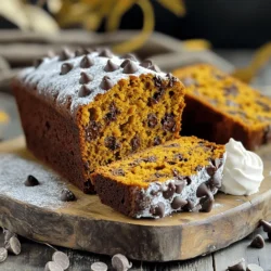 To make gooey chocolate chip pumpkin bread, gather these simple ingredients: - 1 cup pure pumpkin puree - 1/2 cup unsweetened applesauce - 1/2 cup brown sugar, packed - 1/4 cup granulated sugar - 2 large eggs - 1 teaspoon vanilla extract - 1 1/2 cups all-purpose flour - 1 teaspoon baking powder - 1/2 teaspoon baking soda - 1 teaspoon ground cinnamon - 1/2 teaspoon ground nutmeg - 1/4 teaspoon ground ginger - 1/4 teaspoon salt - 1 cup semi-sweet chocolate chips - Optional: Chopped walnuts for added texture You can enhance the flavor of your pumpkin bread with these optional ingredients: - Chopped walnuts - Pecans for a nutty crunch - Dried cranberries for sweetness - A pinch of sea salt on top for contrast If you want a healthier twist, try these substitutions: - Replace brown sugar with coconut sugar for a lower glycemic index. - Use whole wheat flour instead of all-purpose flour for more fiber. - Swap applesauce with Greek yogurt for extra protein. - Choose dark chocolate chips for a richer taste and less sugar. These options help you create a delicious treat while fitting your dietary needs! Start by preheating your oven to 350°F (175°C). Grease a 9x5 inch loaf pan or line it with parchment paper. This step helps the bread slide out easily after baking. Gather all your ingredients first. It makes the process smoother. In a large bowl, whisk together: - 1 cup pure pumpkin puree - 1/2 cup unsweetened applesauce - 1/2 cup brown sugar, packed - 1/4 cup granulated sugar - 2 large eggs - 1 teaspoon vanilla extract Mix well until everything is smooth and blended. In another bowl, sift together: - 1 1/2 cups all-purpose flour - 1 teaspoon baking powder - 1/2 teaspoon baking soda - 1 teaspoon ground cinnamon - 1/2 teaspoon ground nutmeg - 1/4 teaspoon ground ginger - 1/4 teaspoon salt Now, gradually add the dry mix to the wet mix. Stir gently. You want it combined, but a few lumps are okay. Next, fold in 1 cup semi-sweet chocolate chips. If you like, add chopped walnuts for texture. This gives your bread a nice crunch. Pour the batter into your prepared loaf pan. Use a spatula to smooth the top. Bake for 55-60 minutes. Check for doneness by inserting a toothpick into the center. It should come out clean, but a few melted chocolate chips are fine. Once baked, let the bread cool in the pan for about 10 minutes. Then, transfer it to a wire rack to cool completely. Enjoy the sweet smell that fills your kitchen! To get that gooey texture in your bread, start with the right ingredients. Use pure pumpkin puree, not pumpkin pie filling. This gives you the moisture you need. Applesauce adds extra moisture, making the bread soft. When mixing the batter, stir gently. Over mixing can make the bread tough. Leave a few lumps in the batter. This helps keep it tender. One common mistake is not measuring ingredients accurately. Use dry measuring cups for flour and sugar. Another mistake is baking too long. Check your bread at the 55-minute mark. A toothpick should come out clean, but a few chocolate chips are fine. Letting the bread cool in the pan too long can also make it soggy. Transfer it to a wire rack after ten minutes. Spices can take your pumpkin bread to the next level. Ground cinnamon is a must, but try adding nutmeg and ginger too. For extra crunch, fold in chopped walnuts. This adds texture and flavor. You can also use dark chocolate chips for a richer taste. Experiment with different spices to find your favorite blend. {{image_2}} You can change the flavor of your pumpkin bread easily. Try adding different spices like cardamom or allspice. You could also mix in dried cranberries or raisins for sweetness. Use dark chocolate chips instead of semi-sweet for a richer taste. For a nutty twist, add pecans or almonds. Each change makes the bread unique and fun! If you want a healthier version, swap half of the brown sugar for honey or maple syrup. You can also use whole wheat flour instead of all-purpose flour for more fiber. For a gluten-free option, try almond flour or a gluten-free flour blend. This way, you can enjoy the bread without worry! Serving your pumpkin bread can be fun! Slice it warm and add a scoop of vanilla ice cream on top. Drizzle some caramel sauce or melted chocolate for extra sweetness. You can also serve it with whipped cream and a sprinkle of cinnamon. For a breakfast treat, toast a slice and spread some cream cheese on it! To keep your gooey chocolate chip pumpkin bread fresh, store it in an airtight container. This helps keep moisture in and prevents it from drying out. You can also wrap the bread in plastic wrap before placing it in the container. If you want to enjoy it later, store it at room temperature for 2-3 days. For longer storage, consider freezing. Freezing the bread is easy! First, let it cool completely after baking. Then, wrap it tightly in plastic wrap or aluminum foil. Make sure to seal it well to prevent freezer burn. Place the wrapped bread in a freezer-safe bag or container. This way, it can last for up to three months. Always label your container with the date for easy tracking. When you're ready to enjoy your pumpkin bread, reheating it is key. For best results, slice the bread and use a toaster or oven. Preheat your oven to 350°F (175°C) and warm the slices for about 10 minutes. This will bring back its gooey texture and rich flavor. If you prefer the microwave, heat each slice for about 15-20 seconds. Just remember, don’t overheat it! To make your pumpkin bread even more gooey, use more chocolate chips. You can add up to 1 1/2 cups of chocolate chips for extra richness. Another tip is to slightly underbake the bread. Check with a toothpick around 50 minutes. If it’s slightly wet but not raw, it will be gooey when cool. If you don’t have pumpkin puree, you can use mashed bananas or applesauce. These swaps add moisture and flavor. Use the same amount as the recipe calls for. You can also try butternut squash puree for a similar taste. Yes, you can use mini loaf pans! Just divide the batter between them. Bake for about 25 to 30 minutes. Keep an eye on them and check with a toothpick. When it comes out clean, they’re ready! Gooey chocolate chip pumpkin bread lasts about 3 to 4 days at room temperature. If you want it to last longer, store it in the fridge for up to a week. You can also freeze it for up to 3 months. Just wrap it well before freezing! In summary, you now have all you need for gooey chocolate chip pumpkin bread. We explored ingredients, from basics to optional add-ins. I shared step-by-step baking tips and ways to avoid common mistakes. You can also try different flavor variations and learn the best storage practices. With all this knowledge, you’ll bake a delicious and gooey treat. Enjoy sharing or savoring it yourself!
