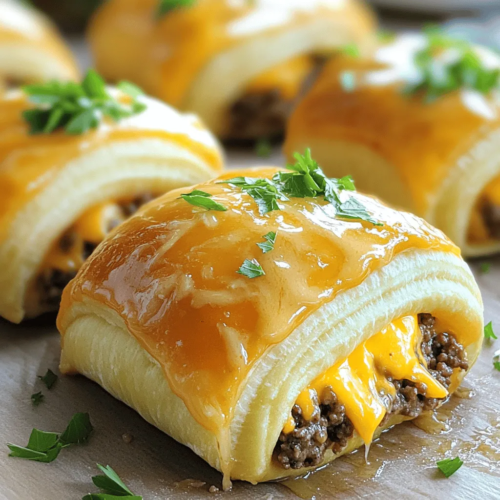 - 1 pound ground beef - 1 tablespoon Worcestershire sauce - 1 teaspoon garlic powder - 1 teaspoon onion powder - Salt and pepper, to taste - 1 cup shredded cheddar cheese - 1 package refrigerated crescent roll dough - 4 tablespoons unsalted butter, melted - 3 cloves garlic, minced - Fresh parsley, chopped (for garnish) For these Garlic Butter Cheeseburger Rollups, I focus on using simple yet flavorful ingredients. Ground beef is the star of the dish, providing a hearty base. I add Worcestershire sauce for umami and depth. The garlic powder and onion powder bring in a savory touch, while salt and pepper enhance the overall taste. Cheddar cheese makes each bite creamy and rich. It melts perfectly, creating a delicious filling. Next, I use crescent roll dough for the outer layer. It gives a flaky texture that contrasts nicely with the beef. Unsalted butter mixed with fresh garlic is brushed on top, adding flavor and a shiny finish. Finally, the chopped parsley not only looks good but adds a fresh taste to the rollups. These ingredients work together to create a tasty treat that is easy to make and fun to eat. 1. First, preheat your oven to 375°F (190°C). This step gets your oven ready for baking. 2. Next, line a baking sheet with parchment paper. This keeps the rollups from sticking. 3. In a large skillet, cook 1 pound of ground beef over medium heat. Use a spatula to break it apart. Cook until it turns brown. 4. Drain any excess fat from the beef. 5. Stir in 1 tablespoon of Worcestershire sauce, 1 teaspoon of garlic powder, 1 teaspoon of onion powder, and add salt and pepper to taste. Mix well. 6. Remove the skillet from heat and let the beef mixture cool for a few minutes. 1. Roll out 1 package of refrigerated crescent roll dough on a lightly floured surface. Make sure to pinch the seams together to form a solid sheet. 2. Cut the dough into rectangles that are roughly 4 inches by 6 inches. This gives you enough space for filling. 3. Place a spoonful of the beef mixture on the wider end of each rectangle. Don’t forget to sprinkle some shredded cheddar cheese on top! 4. Roll the dough up tightly from the wider end. Place each roll seam-side down on the prepared baking sheet. 5. In a small bowl, mix 4 tablespoons of melted unsalted butter with 3 cloves of minced garlic. Brush this garlic butter generously over each rollup. 6. Bake the rollups in the preheated oven for 12 to 15 minutes. They should be golden brown and the cheese melted. 1. Once baked, remove the rollups from the oven. Let them cool slightly before serving. 2. For a touch of color, garnish with chopped fresh parsley. This adds both flavor and a nice look to your dish. To get perfectly browned beef, cook it over medium heat. Break it apart with a spatula as it cooks. This helps the meat brown evenly. Drain any extra fat to keep it from being greasy. When sealing the dough, roll it tightly. Start from the wider end and keep the filling inside. Pinch seams together to avoid leaks. This ensures a nice, neat rollup. For even baking, space the rollups on the baking sheet. Leave some room between each rollup. This helps hot air circulate around them. Check for doneness after 12 minutes. Look for a golden brown color. The cheese should be melted. If they need more time, bake them for a few more minutes. You can try different cheeses for extra taste. Mozzarella or pepper jack can work well. Each cheese brings a unique flavor to the rollups. Adding spices can boost flavor, too. Consider paprika or Italian seasoning. You can also add a drizzle of your favorite sauce, like barbecue or hot sauce, for extra zing. {{image_2}} You can easily swap out the ground beef. Try using ground turkey or chicken instead. These meats are leaner but still tasty. They will make your rollups lighter and healthier. You can also change the cheese. Cheddar is great, but mozzarella or pepper jack can add a nice twist. Each cheese brings its own flavor, so feel free to experiment. Adding veggies can really boost the taste. Dice up some bell peppers and mix them into the beef. They add crunch and color to your rollups. You can also use fresh or dried herbs for more flavor. Basil or oregano can work well. These herbs make each bite taste fresh and aromatic. Pair these rollups with dips for extra fun. A ranch dip or spicy ketchup works great. You can also try a creamy cheese sauce. For side dishes, think about fries or a fresh salad. Both options complement the rollups well. You can create a full meal with these simple sides. To keep your Garlic Butter Cheeseburger Rollups fresh, store them in an airtight container. Always let them cool to room temperature before sealing. This way, they won’t steam and get soggy. You can keep the rollups in the fridge for about three days. Make sure to check for any signs of spoilage before eating. If you want to save some for later, freezing is a great option. Wrap each rollup tightly in plastic wrap. Then, place them in a freezer-safe bag or container. They can last up to three months in the freezer. When you’re ready to eat, thaw them in the fridge overnight. Reheat in the oven at 350°F (175°C) for about 10-15 minutes until warm. If you have some rollups left, don’t worry! You can turn them into a fun meal. Slice them into bite-sized pieces and serve with dipping sauces like ranch or BBQ. You can also chop them up and toss them into a salad for extra flavor. They make a great topping for nachos too! Just get creative and enjoy your leftovers in new ways. You can add many tasty twists to these rollups. Here are some ideas: - Use ground turkey or chicken instead of beef. - Mix in diced bell peppers or onions for extra crunch. - Swap cheddar for mozzarella or pepper jack cheese. - Drizzle with your favorite sauce like BBQ or hot sauce. - Add spices like paprika or cayenne for a kick. Yes, you can prep these rollups in advance. To do this: 1. Prepare the beef mixture and let it cool. 2. Roll the dough and fill it with the beef mix. 3. Place the rollups on the baking sheet. 4. Cover and refrigerate for up to 24 hours. 5. Bake them when you're ready to eat. These rollups pair well with many sides. Here are some popular choices: - Crispy french fries or sweet potato fries. - A fresh garden salad with a simple dressing. - Crunchy vegetable sticks with ranch dip. - Homemade coleslaw for a tangy contrast. - Baked beans for a hearty touch. These rollups stay good in the fridge for about 3-4 days. To keep them fresh: - Store them in an airtight container. - Reheat in the oven or microwave before serving. Yes, you can make these rollups meatless. Here are some ideas: - Use cooked lentils or black beans as the filling. - Add sautéed mushrooms for a hearty texture. - Use plant-based cheese for a dairy-free option. - Mix in spinach or kale for extra nutrients. You now have a complete guide to making Garlic Butter Cheeseburger Rollups. We covered the main ingredients like ground beef, Worcestershire sauce, and cheddar cheese. You learned step-by-step how to prepare, roll, and bake these tasty treats. Feel free to get creative with swaps and flavor twists. Don’t forget about storage tips for leftovers—they can be just as delicious the next day. With this knowledge, you can impress friends with a fun dish. Enjoy every bite!