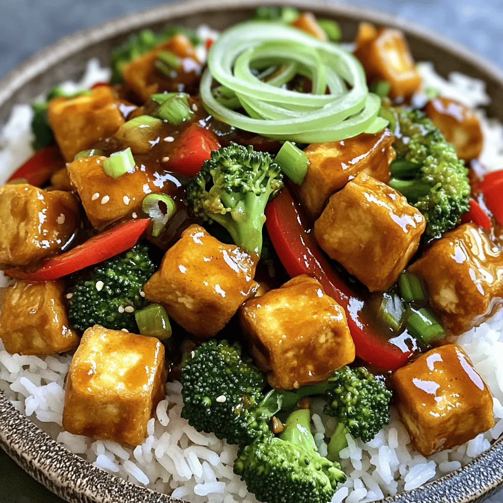 - 1 block (14 oz) firm tofu, pressed and cubed - 1 tablespoon cornstarch - 3 tablespoons vegetable oil (divided) - 1 bell pepper (red or green), diced - 1 cup broccoli florets - 2 green onions, sliced (for garnish) - ¼ cup soy sauce - 2 tablespoons hoisin sauce - 1 tablespoon rice vinegar - 1 tablespoon sesame oil - 2 tablespoons brown sugar - 2 cloves garlic, minced - 1 inch ginger, minced - 1 teaspoon red pepper flakes (adjust for spice preference) Gathering the right ingredients is key. The tofu gives this dish its base. Use firm tofu for the best texture. Cornstarch helps it get crispy. You need vegetable oil for frying. Next, pick some vibrant veggies. I love adding bell pepper for color and crunch. Broccoli adds a nice bite and is full of nutrients. The green onions are perfect for a fresh finish. Now let's talk sauce! The soy sauce gives umami. Hoisin adds sweetness. Rice vinegar adds tanginess. Sesame oil gives a nutty flavor. Brown sugar balances the sauce. Garlic and ginger bring depth. Adjust the red pepper flakes to suit your taste. With all these ingredients, you will create a dish that is better than takeout. - First, you need to press the tofu. This helps remove excess moisture. Wrap the tofu block in a clean towel. Place a weight on top and let it sit for at least 20 minutes. - After pressing, cut the tofu into bite-sized cubes. This size cooks well and soaks up flavor. - Next, coat the tofu with cornstarch. Sprinkle it over the cubes and toss gently. This gives the tofu a crispy texture. - In a large skillet or wok, heat 2 tablespoons of vegetable oil over medium-high heat. - Add the coated tofu cubes. Fry until golden and crispy on all sides. This takes about 6 to 8 minutes. Once done, remove the tofu from the skillet and set it aside. - In the same skillet, add the last tablespoon of vegetable oil. - Sauté the diced bell pepper and broccoli florets. Cook for about 3 to 4 minutes until they are tender-crisp. This keeps the veggies bright and fresh. - While the vegetables cook, mix the sauce. In a bowl, combine the soy sauce, hoisin sauce, rice vinegar, and sesame oil. - Add brown sugar, minced garlic, minced ginger, and red pepper flakes. Stir well to combine. This sauce brings all the flavors together. - Add the crispy tofu back into the skillet with the sautéed vegetables. - Pour the prepared sauce over the tofu and veggies. Stir everything well. Cook for an additional 2 to 3 minutes until heated through. This step ensures each piece is coated in delicious sauce. To make crispy tofu, start by pressing it well. Wrap the tofu in a clean kitchen towel. Place a weight on top. Let it sit for at least 20 minutes. This removes excess moisture. After pressing, cut the tofu into bite-sized cubes. Sprinkle cornstarch over the cubes. Toss gently to coat each piece. The cornstarch helps create that crunch we love. When frying, use a hot skillet. Heat 2 tablespoons of vegetable oil over medium-high heat. Cook the tofu for about 6-8 minutes. Flip the pieces to get them golden and crispy on all sides. This step is key for a great texture. To balance flavors, use red pepper flakes wisely. If you like it spicy, add more flakes. If you prefer mild, use less. Start with a teaspoon and adjust to your taste. For sweetness and tanginess, the sauce is crucial. Use brown sugar to add sweetness. The rice vinegar gives it that nice tang. Taste the sauce before adding it to the tofu and veggies. Adjust if needed for your perfect balance. I love serving this dish over steamed jasmine rice or quinoa. It not only tastes great but looks beautiful. Drizzle with extra sesame oil for flavor. For garnishes, sprinkle sesame seeds on top. Add sliced green onions for freshness. To make it pop, arrange everything nicely on the plate. A colorful presentation makes the dish even more appetizing. {{image_2}} You can easily customize your General Tso's Tofu with other veggies. Carrots add a sweet crunch. Snap peas bring a nice snap and vibrant color. Feel free to use: - Carrots, sliced thin - Snap peas, trimmed - Zucchini, chopped - Bell peppers, diced in different colors Adding these vegetables boosts flavor and nutrition. Plus, it makes the dish look colorful and inviting. If you want to switch up the protein, try tempeh or seitan. Tempeh has a nutty flavor and a hearty texture. Seitan is chewy and absorbs flavors well. Both options work great in this dish. You can use: - Tempeh, cubed and sautéed - Seitan, sliced and fried These choices add variety and keep your meals interesting. For a gluten-free version, swap soy sauce with tamari. Tamari is a great alternative that tastes similar. You can also use coconut aminos for a sweeter taste. For thickening, use: - Cornstarch, as in the original recipe - Arrowroot powder, as a gluten-free option These adaptations ensure you enjoy the same flavors without gluten. To keep your General Tso’s Tofu fresh, store it in an airtight container. This helps prevent moisture loss and keeps flavors intact. Place the leftovers in the fridge right after they cool down. Aim to eat the leftovers within 3 days for the best taste and safety. When you want to enjoy your leftovers, use the stovetop for the best texture. Heat a non-stick skillet over medium heat. Add a splash of oil if needed. Then, add your tofu and veggies and stir until heated through. This method keeps everything crispy. You can also use the microwave, but be careful not to overheat it. Microwave in short bursts for about 30 seconds. Stir in between to avoid sogginess. You can freeze General Tso’s Tofu, but it may change the texture. To freeze, let the dish cool completely. Then, transfer it to a freezer-safe container. Make sure to leave some space for expansion. It can be frozen for up to 2 months. When you're ready to eat, thaw it in the fridge overnight. Reheat using the stovetop method for the best results. This way, you’ll get a tasty meal ready in no time! Yes, you can make General Tso's Tofu ahead of time. To prepare it, cook the tofu and veggies as directed. Store them in an airtight container in the fridge for up to three days. When ready to serve, just heat it in a pan or microwave. The flavors will deepen, making it even tastier. If you need a substitute for hoisin sauce, you can use soy sauce mixed with a bit of brown sugar. This mix will give you a similar sweet and salty flavor. You can also try mixing soy sauce with peanut butter for a nutty twist. To make tofu less soggy, press it well before cooking. Wrap the tofu in a towel and place a weight on it for at least 20 minutes. This removes excess moisture. After pressing, coat the cubes with cornstarch. Fry them in hot oil until they turn golden and crispy. This will create a nice texture. Yes, this recipe is great for meal prep. Cook the tofu and veggies, then store them separately in airtight containers. You can reheat them together, or keep them apart to maintain texture. This way, you have a quick and healthy meal ready to go! This post covered a simple recipe for General Tso's Tofu. We discussed main ingredients like tofu, vegetables, and savory sauces. You learned about cooking steps, tips for crispy tofu, and how to store leftovers. In summary, this dish is easy to customize and enjoy. With a few tweaks, it fits your taste and needs. Try out the recipe and have fun with variations. You’ll create a tasty meal that is satisfying and healthy.