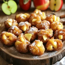 - Apples: Types and Tips for Choosing I love using Granny Smith or Honeycrisp apples. They have a nice balance of sweet and tart. Look for apples that feel firm and have smooth skin. Fresh apples will give your fritters great flavor. - The Role of Flour in the Recipe All-purpose flour is key. It gives the fritters structure. The right amount helps them stay fluffy inside while being crispy outside. Sift the flour to remove lumps. This ensures a smooth batter. - Importance of Buttermilk and Eggs Buttermilk adds moisture and tang to the batter. If you don’t have buttermilk, mix regular milk with lemon juice. Eggs bind the ingredients. They also help the fritters puff up while frying. Together, they make the fritters light and tasty. How to Peel and Chop Apples Start by choosing your apples. I love using Granny Smith or Honeycrisp. These types give a nice balance of sweet and tart. To peel, hold the apple firmly. Use a sharp peeler and remove the skin in long strips. Once peeled, chop the apples into small cubes. Aim for pieces about half an inch wide. This size ensures they cook evenly. Tips for Evenly Sized Pieces To keep the pieces uniform, cut them all at once. First, slice the apple into rings. Then, stack a few rings and cut them into strips. Finally, chop those strips into cubes. This method helps each piece cook the same way. Combining Dry and Wet Ingredients In a big bowl, mix your dry ingredients first. Whisk the flour, sugar, baking powder, baking soda, cinnamon, and salt. In another bowl, combine the wet ingredients. Mix the buttermilk, egg, and vanilla until smooth. Pour the wet mix into the dry bowl. Stir gently until just combined. Importance of Not Overmixing Be careful not to overmix! If you mix too much, your fritters may become tough. The batter should look a little lumpy. This is a good sign that you haven’t overdone it. Tips for Maintaining Oil Temperature Heat your oil in a deep pan or fryer. Aim for 350°F (175°C). To check the temperature, drop a small spoonful of batter into the oil. It should sizzle and float. If it sinks, the oil is too cool. If it burns, it is too hot. Avoiding Crowding in the Pan When frying, drop only a few fritters at a time. Crowding the pan can lower the oil temperature. This may lead to greasy fritters. Fry for about 2-3 minutes on each side until golden brown. Use a slotted spoon to remove them and let them drain on paper towels. - Achieving the Right Consistency The batter for cinnamon-glazed apple fritter bites should be thick but not dry. You want it to hold the apples well. If it feels too thick, add a little more buttermilk. If it’s too runny, add a bit of flour. Remember, the right mix helps the fritters puff up nicely as they fry. - Ensuring Even Cooking Heat your oil to 350°F (175°C). This is key for cooking the fritters evenly. If the oil is too hot, the outside cooks fast while the inside stays raw. If it's too cold, they soak up too much oil. Fry small batches and keep an eye on them. They should turn golden brown in about 2-3 minutes on each side. - Choosing the Right Glazing Consistency For the glaze, mix powdered sugar with milk until it’s smooth. You want it pourable but not too thin. If it drips off too fast, add more sugar. If it won’t drizzle, add more milk. A perfect glaze coats the fritters without running off. - How to Garnish for Presentation To make your fritters look amazing, drizzle the glaze over them. Then, sprinkle some ground cinnamon on top. This adds a nice touch. For a pop of color, add a few apple slices around your fritters on a plate. - Overcooking or Undercooking Watch your fritters closely while they fry. Overcooked fritters can be hard and dry, while undercooked ones can be doughy and raw inside. Use a slotted spoon to check their color and texture. - Issues with the Glaze If your glaze isn’t coming out right, it can ruin the dish. Too much milk makes it runny. Too much sugar makes it hard to spread. Adjust until you find that perfect balance. A great glaze makes all the difference in your fritter bites. {{image_2}} Different Types of Apples to Use You can pick many apples for your fritter bites. Granny Smith apples give a nice tart taste. Honeycrisp apples add a sweet crunch. You can also try Fuji or Gala apples for a twist. Each apple brings its own flavor. This keeps your fritters exciting and fresh. Adding Spices for a Unique Twist Want to change things up? Add spices like nutmeg or ginger to your batter. A pinch of allspice can add warmth. You can even mix in a little vanilla bean for a richer taste. These small changes can make your fritters stand out. You will love the new flavor profiles. Making Gluten-Free Fritter Bites You can make these fritters gluten-free! Just swap all-purpose flour with a gluten-free mix. Look for one that works well in baking. This way, everyone can enjoy the treat without worry. Just keep an eye on the texture; it might change a bit. Reducing Sugar in the Recipe If you want a healthier option, cut back on the sugar. Use half the amount of granulated sugar. You can also replace some sugar with applesauce. This keeps them sweet without adding too much sugar. Your fritters will still taste great! Serving with Ice Cream or Whipped Cream Serve your fritter bites with a scoop of vanilla ice cream. The cold creaminess pairs well with warm fritters. You can also top them with whipped cream for a light touch. This adds a fun twist to your dessert. Pairing with Coffee or Tea Enjoy your fritters with a cup of coffee or tea. The warm spices in the fritters match well with the drinks. A nice chai or a dark roast coffee can enhance the flavors. This makes for a perfect afternoon treat or breakfast delight. - Use an airtight container to keep the fritter bites fresh. - Line the container with paper towels to absorb moisture. - Store them at room temperature for up to two days. - For longer storage, place them in the fridge for up to a week. - To keep fritters crispy, reheat them in an oven. - Preheat the oven to 350°F (175°C). - Place fritters on a baking sheet and heat for 5-7 minutes. - You can also use an air fryer for about 3-4 minutes at 350°F (175°C). - Avoid using a microwave, as it can make them soggy. Yes, you can prepare these bites ahead of time. You can mix the batter and chop the apples a few hours before frying. Just store the batter in the fridge until you're ready to cook. This helps keep the apples fresh and maintains the batter's texture. Fry them just before serving for the best taste. For frying fritters, choose oils with high smoke points. Canola oil is a great choice. It has a neutral flavor, so it won’t change the taste of your fritters. Peanut oil also works well and adds a slight nutty flavor. Avoid olive oil, as it can burn at high temperatures. Yes, you can bake them! Preheat your oven to 375°F. Line a baking sheet with parchment paper. Drop spoonfuls of batter onto the sheet. Bake for about 15-20 minutes until they are golden brown. For a crisp texture, flip them halfway through baking. To make more fritters, you can easily scale the recipe. Use a simple ratio: double or triple each ingredient. For example, if you want to make 24 fritters, use 4 apples, 2 cups of flour, and so on. Just make sure to adjust your frying time if you add more batches. You learned about making delicious cinnamon-glazed apple fritter bites. We discussed key ingredients, from selecting apples to using buttermilk and eggs. I shared my step-by-step instructions on prep, mixing, and frying for perfect fritters. I also covered tips to avoid common mistakes and delicious variations, including healthy options. Now you can confidently create these tasty treats. Enjoy every bite, and don't forget to share them with friends and family!