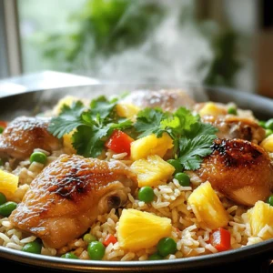 - 1 lb boneless chicken thighs, cut into bite-sized pieces - 1 cup jasmine rice, rinsed - 1 can (15 oz) pineapple chunks, with juice - 1 red bell pepper, diced - 1 cup snap peas - 1 onion, chopped - 3 cloves garlic, minced - 2 tablespoons soy sauce - 1 tablespoon sesame oil - 1 teaspoon ginger, grated - Salt and pepper to taste - Fresh cilantro, chopped (for garnish) Gathering fresh ingredients makes this dish pop with flavor. I love using boneless chicken thighs for their tenderness. They cook evenly and soak up all the tasty juices. Jasmine rice adds a lovely aroma and fluffy texture. Rinsing the rice is crucial for removing excess starch. This keeps it from becoming sticky. Pineapple chunks bring a sweet twist. They give a juicy burst that balances the savory chicken. I often use red bell pepper for a splash of color and crunch. Snap peas add a nice snap, while onion, garlic, and ginger provide depth to the dish. Don’t forget the soy sauce! It adds umami and saltiness. Sesame oil gives a nutty flavor, enhancing the dish. Season with salt and pepper to your taste. Finally, fresh cilantro brightens up the meal, adding a nice finish. To start, prepare the chicken and vegetables. Take 1 pound of boneless chicken thighs and cut them into bite-sized pieces. Next, chop one onion, dice one red bell pepper, and prepare 1 cup of snap peas. These will add color and crunch to your dish. Now, rinse 1 cup of jasmine rice under cold water. This step removes excess starch, making the rice fluffier. Drain it well and set it aside for now. Heat 1 tablespoon of sesame oil in a large skillet over medium heat. Let the oil warm up. Once hot, add the chopped onion. Sauté it until it becomes translucent, about 3 to 4 minutes. Next, add 3 minced garlic cloves and 1 teaspoon of grated ginger to the pan. Stir for about 30 seconds until you smell the lovely aroma. Now, increase the heat to medium-high and add the chicken pieces. Season them with salt and pepper. Cook for about 5 to 7 minutes. You want the chicken to brown and cook through. After that, stir in the diced red bell pepper and snap peas. Cook them for another 3 to 4 minutes until they start to soften. Then, add the rinsed jasmine rice to the pan. Mix everything together well. Pour in 1 can of pineapple chunks with its juice. Add 2 tablespoons of soy sauce and stir to combine. This will bring a sweet and savory flavor to your dish. Bring the mixture to a boil. Once boiling, reduce the heat to low. Cover the pan with a lid and let it simmer for about 15 to 20 minutes. The rice will absorb the liquid and become tender. Once the rice is cooked, remove the lid and fluff the mixture with a fork. Taste it and adjust the seasoning with salt and pepper if needed. Finally, garnish the dish with fresh chopped cilantro before serving. This adds a burst of freshness and color to your meal. Enjoy your savory One-Pan Pineapple Chicken and Rice! To ensure chicken is cooked properly, cut the chicken into small, bite-sized pieces. This helps it cook evenly and quickly. Use a meat thermometer to check the internal temperature. It should reach 165°F (74°C) to be safe to eat. The best way to rinse rice is to put it in a fine mesh strainer. Rinse it under cold water until the water runs clear. This removes excess starch and keeps your rice fluffy. For more flavor, try adding spices like paprika or cumin. Fresh herbs like basil or thyme can also brighten the dish. Adjust the sweetness with pineapple juice. If you want it sweeter, add a bit more juice from the can. Use a large skillet or pan for this dish. A non-stick skillet works well, as it prevents sticking and makes cleanup easier. Essential tools include a sharp knife for chopping, a cutting board, and a fine mesh strainer for rinsing the rice. {{image_2}} You can switch out the chicken thighs for chicken breast if you prefer leaner meat. Tofu is also a great option for a plant-based meal. It absorbs flavors well and adds protein, making it a tasty choice. When it comes to rice, jasmine rice is classic, but you can use brown rice for more fiber. Quinoa is another healthy option that cooks fast and adds a nutty flavor. To add a fun crunch, try mixing in some nuts or seeds like cashews or sesame seeds. They give a great texture and extra taste. You can also experiment with different fruits. Mango brings a sweet touch, while diced tomatoes add freshness and acidity. If you need gluten-free options, use tamari instead of soy sauce. It has the same rich flavor without gluten. For those who prefer vegetarian or vegan meals, replace chicken with tofu and use vegetable broth instead of water for cooking the rice. This keeps all the delicious flavors while meeting dietary needs. To keep leftovers fresh, use airtight containers. Glass containers work well, as they don’t stain. If you want to use plastic, make sure it is BPA-free. Store your One-Pan Pineapple Chicken and Rice in the fridge. It stays good for up to three days. To reheat, use the microwave for quick results. Place the dish in a bowl and cover it. Heat in short bursts of one minute. Stir between heating to ensure even warmth. If you want the best texture, heat it on the stove. Use low heat and add a splash of water. This keeps the rice from drying out. To freeze, let the dish cool completely. Then, portion it into freezer-safe containers. Make sure to leave some space, as the rice expands. Seal tightly and label with the date. It will last for up to three months in the freezer. When ready to eat, thaw it overnight in the fridge. Reheat on the stove or in the microwave. Add a little water if needed, to keep it moist. Enjoy the same great taste after freezing! How long does it take to cook One-Pan Pineapple Chicken and Rice? The total time is about 35 minutes. This includes 10 minutes for prep and 25 minutes for cooking. You will love how quick and easy it is. Can I make this recipe ahead of time? Yes, you can make it ahead. Cook it, then cool it down. Store it in the fridge for up to three days. Just reheat before serving. What can I serve with this dish? This dish pairs well with a fresh salad or steamed vegetables. You can also serve it with extra pineapple slices for added flavor. What can I use instead of soy sauce? You can use coconut aminos for a soy-free option. It offers a similar salty taste. Tamari is a great gluten-free choice too. Is it necessary to use jasmine rice? No, you can use any rice you like. Brown rice or basmati rice works well. Just note that cooking times may vary. Is this dish gluten-free? If you use gluten-free soy sauce or coconut aminos, then yes, it can be gluten-free. Check your labels to be sure. How can I make it lower in calories? You can swap chicken thighs for chicken breast. Using less oil and adding more veggies also helps lower calories. This blog post guides you through making a delicious One-Pan Pineapple Chicken and Rice. We covered all you need: ingredients, preparation, cooking steps, and tips. You can mix and match flavors or substitute ingredients to fit your taste. Storing leftovers and reheating are easy with the right methods. Enjoy your cooking journey, and don't hesitate to explore variations that excite your palate. Happy cooking!