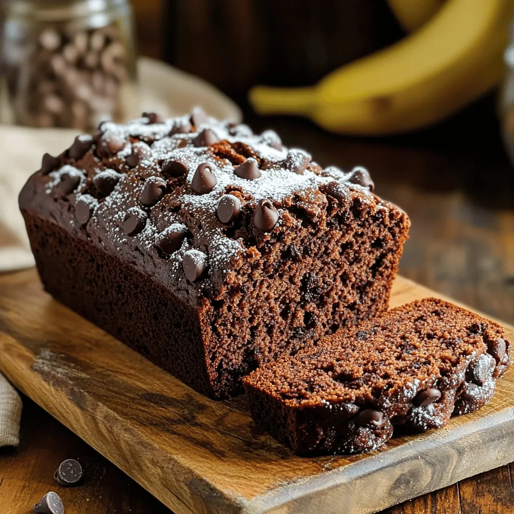 To make Double Chocolate Banana Bread, gather these simple ingredients: - 3 ripe bananas, mashed - ⅓ cup melted coconut oil - ½ cup brown sugar - ¼ cup granulated sugar - 2 large eggs - 1 teaspoon vanilla extract - 1 teaspoon baking soda - Pinch of salt - 1 cup all-purpose flour - ½ cup unsweetened cocoa powder - ½ cup chocolate chips - ¼ cup walnuts or pecans (optional) These ingredients come together to create a rich and moist treat. The bananas add natural sweetness and moisture. Coconut oil gives a light flavor and helps keep the bread soft. The blend of brown and granulated sugar adds depth to the sweetness. Eggs help bind everything, while vanilla adds a lovely aroma. Baking soda acts as a leavening agent, making the bread rise. The flour and cocoa powder create a sturdy yet tender crumb. Chocolate chips add delightful bursts of chocolate in every bite. If you want a little crunch, walnuts or pecans are great options. - Preheat your oven to 350°F (175°C) and prepare a 9x5 inch loaf pan. Grease it or use parchment paper. - In a mixing bowl, mash 3 ripe bananas. Add ⅓ cup of melted coconut oil. Mix until well combined. - Stir in ½ cup of brown sugar and ¼ cup of granulated sugar. Make sure everything is mixed well. - In another bowl, whisk together 1 teaspoon of baking soda, a pinch of salt, 1 cup of all-purpose flour, and ½ cup of cocoa powder. - Gradually add the dry mix into the wet banana mixture. Stir gently until just combined. Be careful not to overmix. - If you want, fold in ½ cup of chocolate chips and ¼ cup of chopped nuts. This adds great texture! - Pour the batter into the prepared loaf pan. Smooth the top with a spatula. - Bake in the preheated oven for 50-60 minutes. Use a toothpick to check if it's done. It should come out clean. - How to prevent overmixing Overmixing can make your banana bread tough. Mix the wet and dry ingredients until just combined. Some lumps are okay! This keeps your bread soft and moist. - Checking for doneness with a toothpick To check if your bread is done, insert a toothpick into the center. If it comes out clean, your bread is ready. If it has wet batter on it, bake longer. - Adjusting baking time for different ovens Ovens can vary in heat. Start checking your bread at 50 minutes. If it’s not done, add a few more minutes. Keep an eye on it! - Serving suggestions with toppings Slice your banana bread and serve it warm. A dusting of powdered sugar adds elegance. You can also drizzle melted chocolate on top for extra flavor. - Creative ways to visually enhance your banana bread Add a scoop of vanilla ice cream on the side. This makes a lovely dessert. You could also sprinkle some chopped nuts or chocolate chips on top for a nice look. {{image_2}} You can easily change some ingredients in this recipe. If you want to replace coconut oil, you can use melted butter or a neutral oil like canola. Both options keep your bread moist. For sweeteners, feel free to swap brown sugar with maple syrup or honey. Just remember to adjust the liquid in the recipe if you use a liquid sweetener. When it comes to chocolate chips, you can use white chocolate or butterscotch chips. If you want a nut-free bread, skip the walnuts or pecans altogether. You can add spices for extra flavor. A teaspoon of cinnamon adds warmth. Nutmeg brings a nice twist too. Just a pinch goes a long way! Want more fruit? Toss in some blueberries or chopped strawberries. They add freshness and a burst of flavor. You can even mix in shredded coconut for a tropical vibe. These small changes can make your double chocolate banana bread unique and exciting! To keep your double chocolate banana bread fresh, follow these tips: - Short-term storage: Wrap the bread in plastic wrap or aluminum foil. Store it at room temperature. This keeps it moist for about 3 days. - Freezing tips: If you want to save it longer, slice the bread first. Wrap each slice in plastic wrap, then place them in a freezer bag. This way, you can grab a slice whenever you want a treat! This banana bread lasts well if stored correctly: - Room temperature: It stays fresh for about 3 days. - Signs of spoilage: Look for mold or an off smell. If you see any dark spots or it feels dry, it's time to toss it out. Keep an eye on it to enjoy it at its best! Can I use frozen bananas? Yes, you can use frozen bananas. Just thaw them first. Drain any extra liquid. This helps keep your bread moist. Frozen bananas also add great flavor. How do I make this recipe gluten-free? To make gluten-free banana bread, replace all-purpose flour. Use a gluten-free flour blend instead. Make sure your cocoa powder is also gluten-free. What can I do if my banana bread is too dense? If your bread is too dense, try these tips. Make sure your bananas are very ripe. Also, avoid overmixing the batter. This keeps the bread light and fluffy. How many slices does this recipe yield? This recipe yields about 8 to 10 slices. You can cut them thicker or thinner. Adjust based on your needs. Can I double the recipe for a larger crowd? Yes, you can double the recipe. Use a larger loaf pan or bake two loaves. Just keep an eye on the baking time. This blog shared a simple banana bread recipe with tasty variations. You learned about the key ingredients, the steps for mixing and baking, and helpful tips to enhance your bread. Remember, feel free to adjust flavors and ingredients to match your taste. Store it well to enjoy it longer. Baking is fun, so try different combos. With this knowledge, you can make delicious banana bread every time. Enjoy your baking!