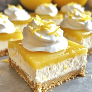 - 1 ½ cups graham cracker crumbs - ½ cup unsalted butter, melted - 2 tablespoons granulated sugar - 2 (8 oz) packages cream cheese, softened - 1 cup powdered sugar - ½ cup fresh lemon juice - Zest of 2 lemons - 1 teaspoon vanilla extract - 1 cup whipped cream You can swap out the crust if you want. For a gluten-free option, try almond flour or gluten-free cookies. You can also use crushed chocolate cookies for a different flavor. For the filling, you can make it dairy-free. Use a dairy-free cream cheese made from nuts or coconut. For the sweetener, you can use honey or maple syrup instead of sugar. Just adjust the amounts to taste. These substitutions keep the recipe easy and tasty. Enjoy your no bake lemon cheesecake bars any way you like! 1. In a medium bowl, combine the graham cracker crumbs, melted butter, and granulated sugar. 2. Mix until it looks like wet sand. 3. Press this mixture firmly into the bottom of your baking dish. 4. Make sure it is even across the bottom. 5. Refrigerate the crust while you prepare the filling. 1. In a large bowl, beat the softened cream cheese until smooth and creamy. 2. Use a hand mixer or stand mixer for easier mixing. 3. Gradually add the powdered sugar, fresh lemon juice, lemon zest, and vanilla extract. 4. Beat until everything is well mixed and smooth. 5. Gently fold in the whipped cream until no streaks are left. 1. Pour the cheesecake filling over the chilled crust. 2. Spread it out evenly with a spatula. 3. Cover the dish with plastic wrap. 4. Refrigerate for at least 4 hours until the cheesecake sets. To make great cheesecake bars, start with cream cheese. It must be soft. If it's cold, your filling will be lumpy. Leave it out for an hour to soften. You can also microwave it for 10-15 seconds. Just don’t let it melt. Next, focus on the crust. The right texture is key. Mix graham cracker crumbs, melted butter, and sugar until it looks like wet sand. Press it firmly into your dish. Use a flat-bottomed cup for even pressure. This helps the crust hold together when cut. Cutting the bars takes a bit of care. Use a sharp knife for clean lines. Dip the knife in hot water, then dry it off. This helps cut through the filling easily. For serving, garnish with extra lemon zest. It adds a nice pop of color and flavor. Pair these bars with tea or lemonade. They also go well with fresh fruit on the side. {{image_2}} You can change the flavor of your cheesecake bars easily. Adding other fruit zest or purees can bring new tastes. For example, try using orange or lime zest for a twist. You can also mix in fruit purees, like raspberry or strawberry, to add color and flavor. Different extracts can also enhance the taste. Instead of vanilla, try almond or coconut extract. Just a small amount changes the entire profile. Experimenting with these flavors makes your no bake lemon cheesecake bars unique. The crust is key for a great cheesecake. You can switch it up by using chocolate cookies instead of graham crackers. This gives a rich, sweet flavor that pairs well with the tangy filling. Just crush the cookies and mix with butter as you would with the graham crackers. If you want a healthier option, try a nut-based crust. Use ground almonds or walnuts mixed with coconut oil. This adds a nice crunch and flavor. Both these crust options can make your dessert feel fresh and new. To keep your lemon cheesecake bars fresh, store them in the fridge. Use an airtight container. This prevents moisture loss and keeps flavors strong. You can also wrap them tightly in plastic wrap. This way, they stay nice and cool. When ready to eat, just take out the amount you want. If you want to save some for later, you can freeze them. Cut the bars into pieces before freezing. Place parchment paper between layers to avoid sticking. Wrap each piece in plastic wrap. Then, put them in a freezer-safe bag. This helps keep them fresh for up to three months. These lemon cheesecake bars last about five days in the fridge. Always check for changes in texture or smell. Signs of spoilage include a sour smell or a change in color. If you spot any mold, throw them away immediately. Freshness is key for the best taste! Yes, you can use low-fat cream cheese. It will still work well in this recipe. The bars may be a bit less rich, but they will still taste great. I often use low-fat cream cheese when I want a lighter option. Just ensure it's softened for easy mixing. To make a larger batch, you can double the recipe. Use a bigger baking dish, like a 13x9-inch one. This will help the cheesecake bars set properly. Keep the same cooking time, but check for doneness. If you want even more, triple the recipe. Just make sure to mix well so it all blends nicely. You can use bottled lemon juice, but fresh juice is best. Fresh lemons give a brighter flavor. If you use bottled juice, choose one without added sugars or preservatives. The taste will be slightly different, but it should still work for the cheesecake bars. This blog post showed how to make cheesecake bars step by step. You learned about key ingredients and substitutions. We covered how to prepare the crust and filling, ensuring great taste and texture. Tips helped you perfect your bars, while variations sparked new ideas. Lastly, I shared storage info to keep leftovers fresh. In the end, these cheesecake bars are fun to make and enjoy. You can be creative and try different flavors. I hope you feel inspired to bake your own delicious version.