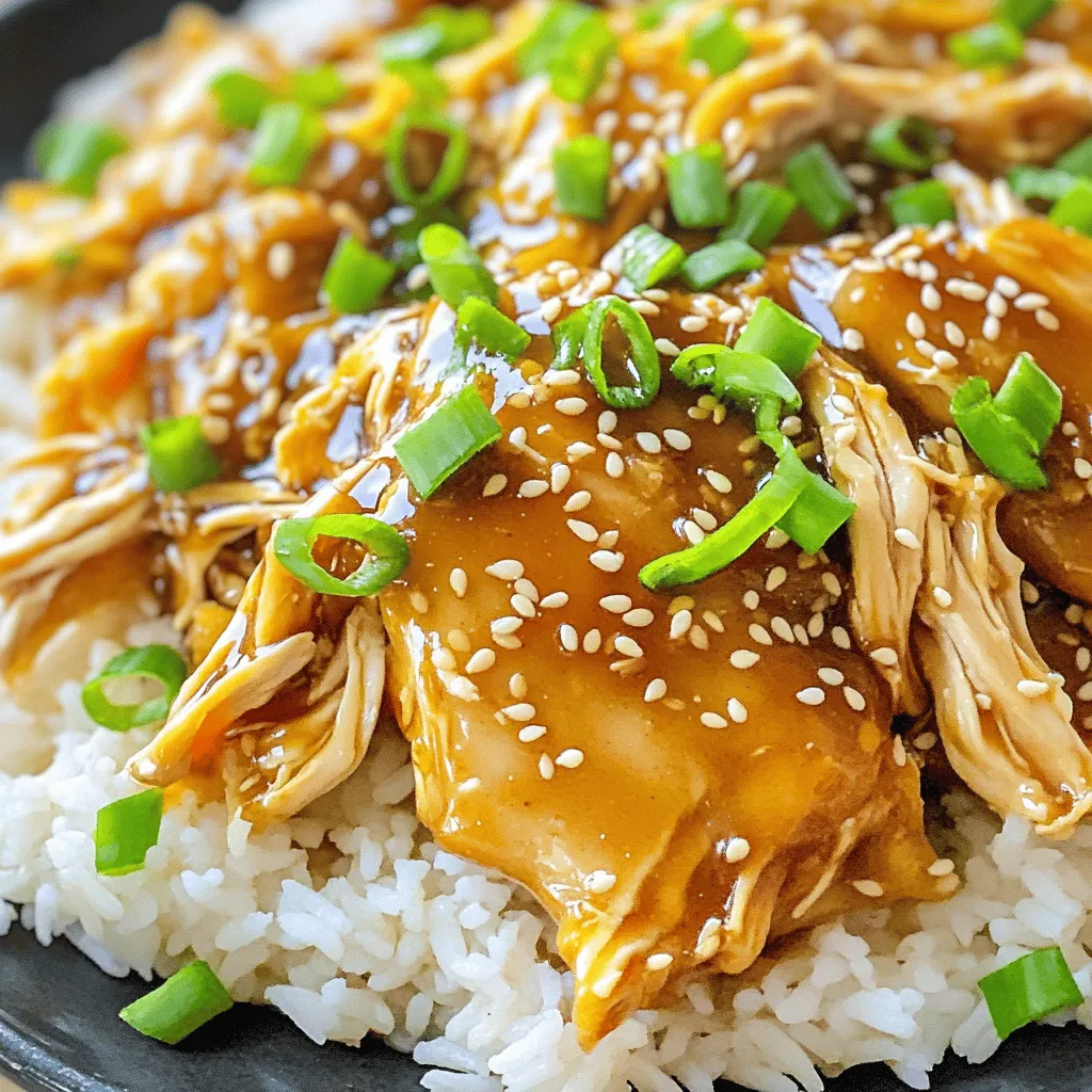 - 2 lbs boneless, skinless chicken thighs - ½ cup honey - ½ cup soy sauce - 4 cloves garlic, minced - 1 tablespoon fresh ginger, grated - 1 tablespoon sesame oil - 2 tablespoons rice vinegar - 1 teaspoon black pepper For a sweet and savory dish, these main ingredients shine. The chicken thighs stay juicy and tender. Honey and soy sauce create the perfect balance of sweet and salty. Garlic and ginger add depth to the flavor. Sesame oil brings a nice nutty touch. Rice vinegar gives a hint of acidity, making the dish bright. - 1 tablespoon cornstarch (for thickening) - 2 green onions (for garnish) - Sesame seeds (for garnish) If you want a thicker sauce, add cornstarch. Mix it with water to make a slurry. This helps the sauce cling to the chicken. Garnishing with green onions and sesame seeds adds color and a fresh taste. These optional ingredients really elevate the dish. - Low sodium soy sauce options - Alternative sweeteners for honey You can swap regular soy sauce for low sodium soy sauce. This keeps the dish tasty but lowers the salt. If you want a different sweetener, try maple syrup or agave nectar. These substitutions still keep the dish delicious. Start by making the honey garlic sauce. In a large mixing bowl, whisk together: - ½ cup honey - ½ cup soy sauce - 4 cloves garlic, minced - 1 tablespoon fresh ginger, grated - 1 tablespoon sesame oil - 2 tablespoons rice vinegar - 1 teaspoon black pepper Mix until everything combines well. This blend will give your chicken that sweet and savory taste we love. Make sure the sauce is balanced. If you want it sweeter, add more honey. For a saltier flavor, add a bit more soy sauce. Next, place the chicken thighs in the crockpot. You should have 2 lbs of boneless, skinless chicken thighs. Once the chicken is in, pour the honey garlic sauce over it. Make sure the chicken is well coated with the sauce. Cover the crockpot with the lid. For cooking times, choose one of the following: - Low for 6-8 hours - High for 3-4 hours The chicken will be tender and tasty when done. If you want a thicker sauce, use cornstarch. Mix 1 tablespoon of cornstarch with some water to create a slurry. Stir this into the crockpot during the last 30 minutes of cooking. Once the chicken is cooked, take it out. Use two forks to shred it. Then, mix the chicken back into the sauce. This adds flavor and makes every bite delicious. Serve your honey garlic chicken over steamed rice or noodles. Don’t forget to garnish it with chopped green onions and sesame seeds for a nice touch! - Selecting chicken cuts: I recommend using boneless, skinless chicken thighs. They stay moist and tender. If you prefer, you can use chicken breasts, but they might dry out more easily. - Avoiding dry chicken: To keep chicken juicy, cook it on low heat. High heat can dry it out. Also, ensure the chicken is fully coated in the sauce. This helps lock in moisture. - Adding spices or ingredients: You can boost the flavor by adding red pepper flakes or fresh herbs. These give the dish a nice kick. Try adding a splash of orange juice for a citrus twist. - Fresh vs. dried ingredients: Fresh garlic and ginger work best for this recipe. They add a vibrant flavor that dried ingredients can’t match. However, if you only have dried, use them sparingly. - Ideal side dishes: Serve the honey garlic chicken over steamed rice or noodles. Both soak up the sauce well. You can also pair it with sautéed veggies for a colorful plate. - Garnish ideas: For a beautiful finish, sprinkle chopped green onions and sesame seeds on top. This adds crunch and a pop of color. A little drizzle of extra honey can also enhance the look and flavor. {{image_2}} You can switch chicken thighs for chicken breasts. Chicken breasts are leaner, but still tasty. They cook faster, so check them often. You can also use tofu for a vegetarian option. Press the tofu first to remove extra water. Cut it into cubes and add it to the sauce. This gives a nice twist to the dish. Let's explore herbs and spices! You can add fresh thyme or rosemary for a herbaceous touch. A pinch of red pepper flakes can add some heat. If you want to change the sweetness, add less honey. You can also try orange juice for a fruity kick. Rice vinegar can be swapped with apple cider vinegar for a tangy flavor. Not a fan of the crockpot? You can cook this dish on the stovetop. Just brown the chicken in a pan first, then add the sauce. Simmer until the chicken cooks through. For a quicker option, use an Instant Pot. Set it to high pressure for about 10 minutes. This saves time and still delivers great flavor. To keep your honey garlic chicken fresh, store it in the fridge. Use an airtight container to prevent moisture loss. Make sure the chicken cools down first before putting it away. This helps keep the texture nice. You can refrigerate it for up to four days. If you want to save some for later, freezing works well. First, let the chicken cool completely. Then, place it in a freezer-safe bag or container. Be sure to remove as much air as possible. This keeps the chicken from getting freezer burn. When you are ready to eat, thaw it in the fridge overnight. You can reheat it on the stove or in the microwave until hot. In the fridge, honey garlic chicken lasts about four days. If you freeze it, it can stay good for up to three months. Always check for signs of spoilage. Look for any off-smells or changes in color. If you notice anything strange, it’s best to throw it away. Yes, you can use frozen chicken! However, you need to make some changes. First, cook it on high for about 4-5 hours. This helps ensure the chicken is safe and fully cooked. Always check the internal temperature. It should reach 165°F (75°C). Just remember, using frozen chicken may make the sauce a little thinner. This dish pairs well with many sides. Here are some ideas: - Steamed rice - Noodles - Quinoa - Roasted vegetables - A fresh salad These sides help balance the sweet sauce and make a complete meal. To tone down the sweetness, add more soy sauce or rice vinegar. You can also add a bit of lime juice. This will give the sauce a nice tang without losing the flavor. Just taste as you go to find the right balance. Yes, you can double this recipe! Just make sure your crockpot is big enough. Cook it on low for about 8-10 hours or on high for 5-6 hours. Check the chicken’s temperature to make sure it’s cooked through. Adjust the sauce ingredients in the same ratio for great results. This post covered making delicious Crockpot Honey Garlic Chicken. You learned about essential ingredients, simple steps for preparation, and methods to store leftovers. Remember, you can customize flavors and even try different proteins. With tips to avoid dry chicken and serving suggestions, you can impress anyone at your table. This dish is not just easy, but it’s also versatile. Try it out, and enjoy every bite!