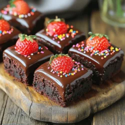 Let's gather the ingredients for your Chocolate Covered Strawberry Brownies. These treats are easy to make and full of flavor. Here’s what you need: - 1 cup unsalted butter, melted - 2 cups sugar - 4 large eggs - 1 teaspoon vanilla extract - 1 cup all-purpose flour - 1 cup unsweetened cocoa powder - 1/2 teaspoon salt - 1/2 teaspoon baking powder - 1 cup fresh strawberries, hulled and halved - 1 cup semisweet chocolate chips - 1 tablespoon vegetable oil - Sprinkles or chopped nuts for topping (optional) Each ingredient plays a key role. The butter adds richness and helps keep the brownies moist. Sugar gives sweetness and helps form a nice crust. Eggs provide structure and make the brownies fluffy. The vanilla enhances the flavor, while flour and cocoa powder create that classic brownie texture. The strawberries bring a fresh, fruity burst to each bite. The semisweet chocolate chips melt wonderfully, adding a chocolatey coating. Finally, the vegetable oil ensures a smooth, glossy finish on the chocolate. With these ingredients on hand, you're ready to whip up a batch of these delicious brownies! - Preheat your oven to 350°F (175°C). - Grease a 9x13-inch baking pan and line it with parchment paper. This helps with easy removal. - In a large bowl, combine 1 cup of melted butter and 2 cups of sugar. Stir until mixed well. - Add 4 large eggs and 1 teaspoon of vanilla extract. Whisk until the mix is smooth and creamy. - Sift together 1 cup of all-purpose flour, 1 cup of unsweetened cocoa powder, 1/2 teaspoon of salt, and 1/2 teaspoon of baking powder in a separate bowl. - Gradually mix the dry ingredients into the wet ingredients. Stir until just combined. Be careful not to overmix. - Gently fold in 1 cup of halved fresh strawberries into the brownie batter. Make sure they spread evenly without breaking apart. - Pour the batter into the prepared pan and smooth the top with a spatula. Bake in the oven for 25-30 minutes. - While the brownies bake, melt 1 cup of semisweet chocolate chips with 1 tablespoon of vegetable oil in a microwave-safe bowl. Heat in bursts of 30 seconds, stirring in between, until smooth. - Once the brownies cool for about 10-15 minutes, lift them out of the pan using the parchment paper. - Cut the brownies into squares. Dip the top of each square into the melted chocolate. Let any excess chocolate drip off. - If you like, sprinkle colorful sprinkles or chopped nuts on top while the chocolate is still wet. Allow the chocolate to set before enjoying your treat. - Avoid overmixing the batter. This helps keep your brownies soft and chewy. Mix until just combined. - Use fresh strawberries for best flavor. Ripe, juicy strawberries add a lovely taste and texture to the brownies. - Check for doneness with a toothpick. Insert it in the center; it should come out with some moist crumbs. - Let brownies cool properly before cutting. This step helps them set and makes cutting easier. - Presentation tips with garnishes. Serve brownies on a nice platter. Add fresh strawberries and a dusting of powdered sugar for a pop of color. - Suggested drink pairings. Enjoy these brownies with milk, coffee, or a fruity tea. They complement the sweet chocolate well. {{image_2}} You can switch up the flavor of these brownies by using white chocolate instead of semisweet chocolate. It gives a sweet twist that pairs well with strawberries. You can also add different fruits like raspberries or nuts like walnuts for extra crunch. Each change brings a new taste to this treat. If you need a gluten-free option, you can use almond flour or a gluten-free flour blend. This keeps the brownies rich without the gluten. For those who want a vegan version, substitute the eggs with flax eggs and use dairy-free chocolate chips. These swaps keep the brownies delicious without animal products. You can make mini brownie bites instead of a full pan for bite-sized fun. Just use a mini muffin tin and fill each cup halfway with batter. Bake for about 15-20 minutes instead of 25-30 minutes. This way, you get more servings and make them easy to share. To keep your brownies fresh, use an airtight container. Line the bottom with parchment paper to prevent sticking. You can also wrap each brownie in plastic wrap for added protection. This method helps keep them moist and tasty. For longer storage, you can freeze your brownies. First, let them cool completely. Then, cut them into squares. Wrap each square in plastic wrap, and place them in a freezer bag. Squeeze out any air before sealing. To thaw, leave them at room temperature for about an hour. This keeps their soft texture. At room temperature, your brownies will stay fresh for about 3 to 5 days. Look for signs of spoilage, like a dry or hard texture. If they smell off or have mold, it's best to discard them. Enjoy your delicious treats while they are at their best! Chocolate covered strawberry brownies are a sweet treat combining rich brownie flavor and fresh strawberries. You start with a classic brownie base, adding fresh strawberries for a fruity twist. After baking, you dip the brownies in melted chocolate for a decadent finish. This dessert looks beautiful and tastes even better. Yes, you can make these brownies ahead of time. Prepare the brownies fully and let them cool. Store them in an airtight container at room temperature for up to three days. You can also freeze them for longer storage. Just wrap each brownie in plastic wrap and place them in a freezer bag. When ready to eat, thaw them at room temperature. To boost the chocolate flavor, add extra cocoa powder to the batter. You can swap some flour for cocoa to keep the texture. Another option is to fold in chocolate chips or chunks into the batter. For more richness, drizzle melted chocolate over the top after dipping. You can use many toppings for these brownies. Try drizzling caramel sauce on top for a sweet finish. Crushed cookies or nuts add a nice crunch. You can also use shredded coconut or mini marshmallows for fun flavors. Get creative with your favorite toppings! Yes, you can lower the sugar without losing taste. Use unsweetened applesauce to replace some sugar. You can also use a sugar substitute, like stevia or monk fruit. Just remember to check the ratio based on the brand you choose. Reducing sugar enhances the chocolate flavor and keeps the brownies moist. To check if the brownies are done, look for a few moist crumbs on a toothpick inserted in the center. If it comes out clean, they might be overbaked. The edges should look set, and the center will still look slightly soft. Let them cool in the pan for the best texture. In this blog post, we explored how to make delicious chocolate-covered strawberry brownies. We discussed each ingredient, step-by-step instructions, and tips for perfect results. You can try different flavors and toppings to suit your taste. Remember to use fresh ingredients for the best flavor. Storing leftovers properly helps them stay fresh longer. Enjoy making this treat and impress others with your baking skills. You now have all the tools for brownie success!