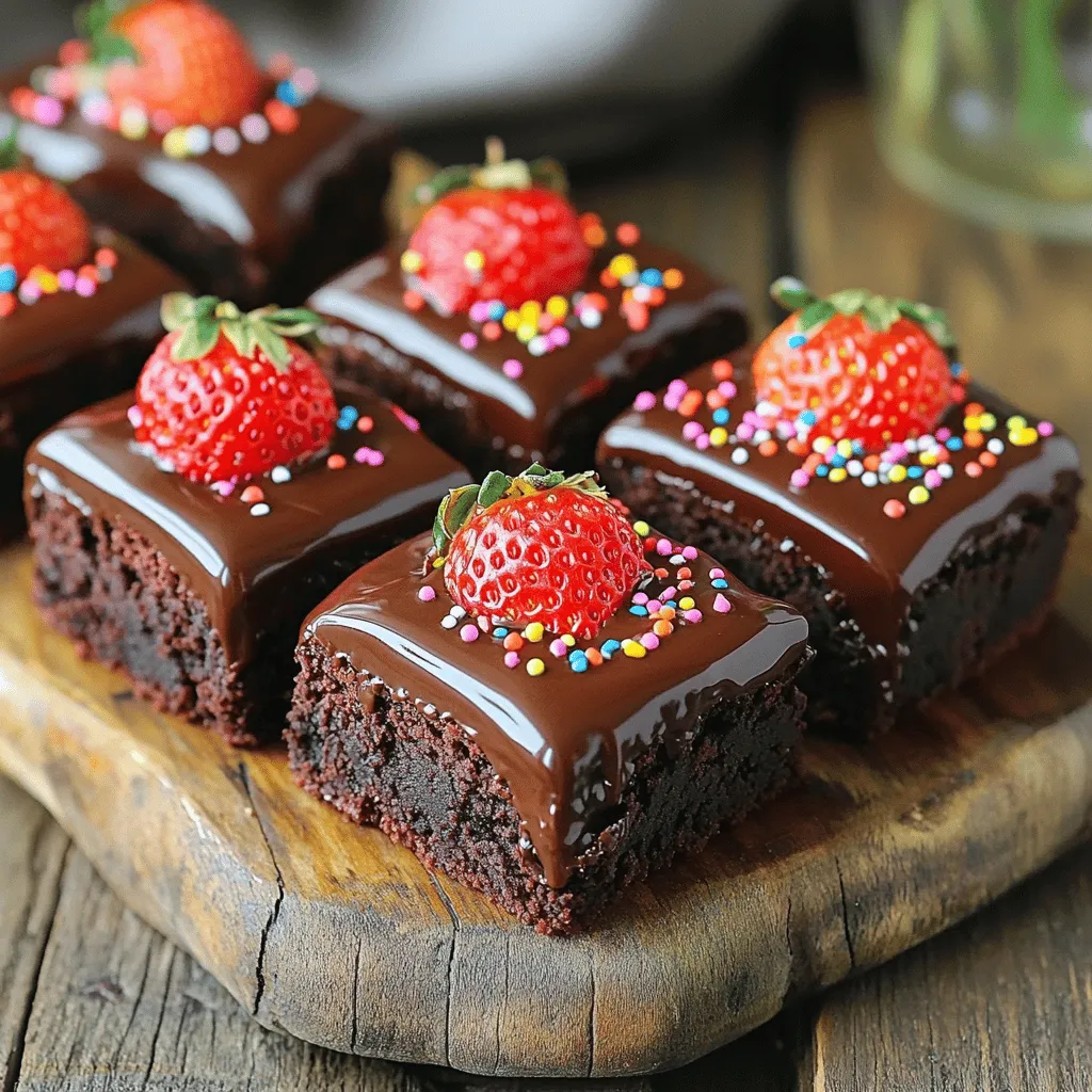 Let's gather the ingredients for your Chocolate Covered Strawberry Brownies. These treats are easy to make and full of flavor. Here’s what you need: - 1 cup unsalted butter, melted - 2 cups sugar - 4 large eggs - 1 teaspoon vanilla extract - 1 cup all-purpose flour - 1 cup unsweetened cocoa powder - ½ teaspoon salt - ½ teaspoon baking powder - 1 cup fresh strawberries, hulled and halved - 1 cup semisweet chocolate chips - 1 tablespoon vegetable oil - Sprinkles or chopped nuts for topping (optional) Each ingredient plays a key role. The butter adds richness and helps keep the brownies moist. Sugar gives sweetness and helps form a nice crust. Eggs provide structure and make the brownies fluffy. The vanilla enhances the flavor, while flour and cocoa powder create that classic brownie texture. The strawberries bring a fresh, fruity burst to each bite. The semisweet chocolate chips melt wonderfully, adding a chocolatey coating. Finally, the vegetable oil ensures a smooth, glossy finish on the chocolate. With these ingredients on hand, you're ready to whip up a batch of these delicious brownies! - Preheat your oven to 350°F (175°C). - Grease a 9x13-inch baking pan and line it with parchment paper. This helps with easy removal. - In a large bowl, combine 1 cup of melted butter and 2 cups of sugar. Stir until mixed well. - Add 4 large eggs and 1 teaspoon of vanilla extract. Whisk until the mix is smooth and creamy. - Sift together 1 cup of all-purpose flour, 1 cup of unsweetened cocoa powder, ½ teaspoon of salt, and ½ teaspoon of baking powder in a separate bowl. - Gradually mix the dry ingredients into the wet ingredients. Stir until just combined. Be careful not to overmix. - Gently fold in 1 cup of halved fresh strawberries into the brownie batter. Make sure they spread evenly without breaking apart. - Pour the batter into the prepared pan and smooth the top with a spatula. Bake in the oven for 25-30 minutes. - While the brownies bake, melt 1 cup of semisweet chocolate chips with 1 tablespoon of vegetable oil in a microwave-safe bowl. Heat in bursts of 30 seconds, stirring in between, until smooth. - Once the brownies cool for about 10-15 minutes, lift them out of the pan using the parchment paper. - Cut the brownies into squares. Dip the top of each square into the melted chocolate. Let any excess chocolate drip off. - If you like, sprinkle colorful sprinkles or chopped nuts on top while the chocolate is still wet. Allow the chocolate to set before enjoying your treat. - Avoid overmixing the batter. This helps keep your brownies soft and chewy. Mix until just combined. - Use fresh strawberries for best flavor. Ripe, juicy strawberries add a lovely taste and texture to the brownies. - Check for doneness with a toothpick. Insert it in the center; it should come out with some moist crumbs. - Let brownies cool properly before cutting. This step helps them set and makes cutting easier. - Presentation tips with garnishes. Serve brownies on a nice platter. Add fresh strawberries and a dusting of powdered sugar for a pop of color. - Suggested drink pairings. Enjoy these brownies with milk, coffee, or a fruity tea. They complement the sweet chocolate well. {{image_2}} You can switch up the flavor of these brownies by using white chocolate instead of semisweet chocolate. It gives a sweet twist that pairs well with strawberries. You can also add different fruits like raspberries or nuts like walnuts for extra crunch. Each change brings a new taste to this treat. If you need a gluten-free option, you can use almond flour or a gluten-free flour blend. This keeps the brownies rich without the gluten. For those who want a vegan version, substitute the eggs with flax eggs and use dairy-free chocolate chips. These swaps keep the brownies delicious without animal products. You can make mini brownie bites instead of a full pan for bite-sized fun. Just use a mini muffin tin and fill each cup halfway with batter. Bake for about 15-20 minutes instead of 25-30 minutes. This way, you get more servings and make them easy to share. To keep your brownies fresh, use an airtight container. Line the bottom with parchment paper to prevent sticking. You can also wrap each brownie in plastic wrap for added protection. This method helps keep them moist and tasty. For longer storage, you can freeze your brownies. First, let them cool completely. Then, cut them into squares. Wrap each square in plastic wrap, and place them in a freezer bag. Squeeze out any air before sealing. To thaw, leave them at room temperature for about an hour. This keeps their soft texture. At room temperature, your brownies will stay fresh for about 3 to 5 days. Look for signs of spoilage, like a dry or hard texture. If they smell off or have mold, it's best to discard them. Enjoy your delicious treats while they are at their best! Chocolate covered strawberry brownies are a sweet treat combining rich brownie flavor and fresh strawberries. You start with a classic brownie base, adding fresh strawberries for a fruity twist. After baking, you dip the brownies in melted chocolate for a decadent finish. This dessert looks beautiful and tastes even better. Yes, you can make these brownies ahead of time. Prepare the brownies fully and let them cool. Store them in an airtight container at room temperature for up to three days. You can also freeze them for longer storage. Just wrap each brownie in plastic wrap and place them in a freezer bag. When ready to eat, thaw them at room temperature. To boost the chocolate flavor, add extra cocoa powder to the batter. You can swap some flour for cocoa to keep the texture. Another option is to fold in chocolate chips or chunks into the batter. For more richness, drizzle melted chocolate over the top after dipping. You can use many toppings for these brownies. Try drizzling caramel sauce on top for a sweet finish. Crushed cookies or nuts add a nice crunch. You can also use shredded coconut or mini marshmallows for fun flavors. Get creative with your favorite toppings! Yes, you can lower the sugar without losing taste. Use unsweetened applesauce to replace some sugar. You can also use a sugar substitute, like stevia or monk fruit. Just remember to check the ratio based on the brand you choose. Reducing sugar enhances the chocolate flavor and keeps the brownies moist. To check if the brownies are done, look for a few moist crumbs on a toothpick inserted in the center. If it comes out clean, they might be overbaked. The edges should look set, and the center will still look slightly soft. Let them cool in the pan for the best texture. In this blog post, we explored how to make delicious chocolate-covered strawberry brownies. We discussed each ingredient, step-by-step instructions, and tips for perfect results. You can try different flavors and toppings to suit your taste. Remember to use fresh ingredients for the best flavor. Storing leftovers properly helps them stay fresh longer. Enjoy making this treat and impress others with your baking skills. You now have all the tools for brownie success!