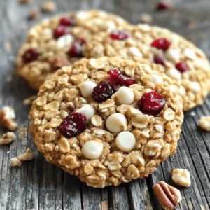 To make No-Bake Cranberry White Chocolate Oat Cookies, you will need: - 1 cup rolled oats - 1/2 cup creamy peanut butter - 1/4 cup honey or maple syrup - 1/2 cup dried cranberries, chopped - 1/2 cup white chocolate chips - 1/4 cup chopped nuts (such as almonds or pecans) - 1 teaspoon vanilla extract - A pinch of salt Each ingredient plays a key role. The oats give structure, while peanut butter adds creaminess. Honey or maple syrup provides sweetness and binds the mix. Dried cranberries add a tart bite, and white chocolate brings richness. If you want to switch things up, you can try these alternatives: - Use almond butter instead of peanut butter for a nutty flavor. - Maple syrup can replace honey for a vegan version. - Swap dried cranberries for raisins or chopped dates. - Try dark chocolate chips if you prefer a less sweet option. These swaps can bring new flavors and textures to your cookies, keeping them fun and fresh. Quality matters when baking. Here’s how to pick the best: - Choose rolled oats that are whole and not quick-cooking. - Look for natural peanut butter without added sugars or oils. - Pick dried cranberries with no added sugar for a healthier option. - Use real vanilla extract instead of imitation for better taste. These choices will enhance your cookies, making them taste truly gourmet. First, gather all your ingredients. You will need rolled oats, peanut butter, honey, dried cranberries, white chocolate chips, nuts, vanilla extract, and salt. This recipe is quick and easy, taking just 15 minutes to prep. In a large mixing bowl, combine these dry ingredients: - 1 cup rolled oats - 1/2 cup chopped dried cranberries - 1/2 cup white chocolate chips - 1/4 cup chopped nuts In a separate small bowl, mix the wet ingredients. Combine: - 1/2 cup creamy peanut butter - 1/4 cup honey or maple syrup - 1 teaspoon vanilla extract - A pinch of salt Stir the wet ingredients until they are smooth. Pour this mixture over the dry ingredients. Mix well until everything is evenly coated and combined. Line a baking sheet with parchment paper. Use a tablespoon to scoop out the mixture. Form each scoop into a cookie shape and place it on the baking sheet. Once all the cookies are shaped, refrigerate them for at least 30 minutes. This chilling helps the cookies set. After chilling, enjoy your delicious no-bake cookies! Store any leftovers in an airtight container in the fridge. When making no-bake cookies, avoid using old oats. Old oats can affect texture and taste. Do not skip chilling time; it helps cookies set properly. If your mixture feels too dry, add a little more honey or peanut butter. This will help bind everything together. Lastly, don’t pack the cookie mixture too tightly when shaping. This can lead to hard cookies, which we want to avoid. For the best texture, use rolled oats instead of instant oats. Rolled oats give a heartier chew. Ensure you mix the wet and dry ingredients thoroughly. This helps distribute flavors evenly. Chilling the cookies for at least 30 minutes is key. It helps them firm up nicely. If you want a softer cookie, chill them for a shorter time. For a crunchier bite, leave them in longer. You can boost the flavor of your cookies with simple add-ins. Try mixing in some chocolate chips or different dried fruits. Chopped nuts like almonds or pecans add a nice crunch. For a touch of spice, add a sprinkle of cinnamon or nutmeg. If you love coconut, shredded coconut works great, too. Feel free to experiment and find your favorite combo! {{image_2}} You can swap nuts and dried fruits in this recipe. If you have allergies, try seeds like sunflower or pumpkin. They add a nice crunch without nuts. For dried fruits, raisins or chopped apricots work well. You may also use chocolate chips instead of dried fruit for a sweeter taste. Honey and maple syrup are common sweeteners here. You can also use agave syrup or brown rice syrup. Each one brings a unique flavor. If you want a sugar-free option, try stevia or monk fruit sweetener. Just adjust the amount to taste, as these are sweeter than honey. Adding flavor makes these cookies special. Try mixing in spices like cinnamon or nutmeg for warmth. You can also add a splash of almond or orange extract for a twist. For a fun crunch, add crushed pretzels or puffed rice. Each addition brings a new layer of taste, making every bite exciting! To keep your No-Bake Cranberry White Chocolate Oat Cookies fresh, use an airtight container. This helps prevent moisture loss and keeps cookies soft. Place parchment paper between layers if you stack them. This method avoids sticking. When stored in the fridge, these cookies last about one week. They taste best when fresh, but they still stay tasty for a few days. If you notice any change in smell or texture, it is time to toss them. If you want to keep cookies for a longer time, freezing is a great option. Place cookies in a single layer on a baking sheet. Freeze them until solid, then transfer to a freezer bag. They can last up to three months in the freezer. When you want to eat them, just thaw them in the fridge or at room temperature. Enjoy the same yummy taste as fresh! Yes, you can make these cookies vegan. Just swap the honey with maple syrup. Use a vegan white chocolate option for the chips. This keeps your cookies tasty and plant-based. To make these cookies gluten-free, choose certified gluten-free rolled oats. Most oats can have gluten cross-contamination, so look for those labeled gluten-free. This small change makes your cookies safe for gluten-sensitive folks. If you need a peanut butter swap, try almond butter or sunflower seed butter. These options offer similar creaminess and flavor. They work well in the recipe. To soften hard cookies, place them in a sealed container with a slice of bread. The bread adds moisture to the cookies. After a few hours, your cookies will be soft and chewy again. You learned about key ingredients for cookies and how to mix them. We discussed tips to avoid mistakes and ways to enhance flavor. I shared options for variations, like sweeteners and add-ins. Proper storage methods help keep cookies fresh. Remember, you can adapt these recipes to fit your needs. Enjoy baking cookies that suit your taste and diet!