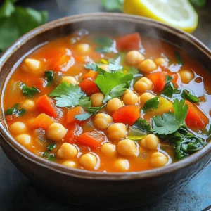 - 1 can (15 oz) chickpeas, drained and rinsed - 1 medium onion, diced - 2 cloves garlic, minced - 1 carrot, diced - 1 red bell pepper, diced - 1 can (14 oz) diced tomatoes - 4 cups vegetable broth - 1 tablespoon olive oil - 1 teaspoon ground cumin - 1 teaspoon ground coriander - 1/2 teaspoon ground cinnamon - 1/2 teaspoon smoked paprika - 1/2 teaspoon cayenne pepper - Salt and pepper to taste - 1 cup spinach, chopped - Fresh cilantro or parsley for garnish - Lemon wedges for serving This soup is rich in flavor and packed with nutrients. Chickpeas provide protein and fiber, making it filling. The diced onion and garlic add a nice base. Carrots and red bell peppers bring sweetness and color. Diced tomatoes add acidity, balancing the dish. The spices make this soup special. Ground cumin and coriander give it warmth. Cinnamon adds a hint of sweetness, while smoked paprika gives depth. Cayenne pepper gives a kick, but you can adjust it to your taste. Fresh ingredients, like spinach and herbs, finish the soup nicely. They add color and freshness. The lemon wedges give a zesty touch. Squeeze them in just before you eat for a bright flavor. This combination of ingredients makes Moroccan Chickpea Soup a hearty and healthy meal. You can customize the spices and fresh ingredients to your liking. Enjoy making this easy dish! - Heat olive oil in a large pot. - Sauté the diced onion until translucent. In a large pot, heat one tablespoon of olive oil over medium heat. I find that olive oil gives the best flavor. Once hot, add the diced onion. Cook until it turns translucent, which should take about 3-4 minutes. This step builds a great base for our soup. - Stir in garlic, carrot, and red bell pepper. - Add spices and cook until fragrant. Next, add two cloves of minced garlic, one diced carrot, and one diced red bell pepper to the pot. Stir everything together and cook for about five minutes. The veggies will soften and release their flavors. After that, add the spices: one teaspoon of ground cumin, one teaspoon of ground coriander, half a teaspoon of ground cinnamon, half a teaspoon of smoked paprika, and half a teaspoon of cayenne pepper. Stir continuously for about one minute. This will make your kitchen smell amazing! - Pour in diced tomatoes and vegetable broth. - Add chickpeas and let simmer for 20 minutes. Now it’s time to pour in one can of diced tomatoes and four cups of vegetable broth. Bring the mixture to a boil. Once boiling, reduce the heat to a simmer. Add one can of drained and rinsed chickpeas. Let it simmer for 20 minutes. This allows all the flavors to blend together nicely. - Stir in chopped spinach and season with salt and pepper. - Serve hot with garnishes. After 20 minutes, add one cup of chopped spinach to the pot. Cook for an additional five minutes until the spinach wilts. Finally, season the soup with salt and pepper to taste. Serve hot, garnished with fresh cilantro or parsley. Don’t forget a wedge of lemon on the side for a burst of flavor! - Adjust spice levels to taste. If you love heat, add more cayenne. If you prefer milder flavors, use less. - Use fresh or canned chickpeas. Canned chickpeas save time, but fresh ones add a great texture. - Drizzle with olive oil before serving. This adds a nice sheen and rich flavor. - Garnish with fresh herbs. Cilantro or parsley brighten the soup and add a fresh taste. - Add a splash of lemon juice. This gives the soup a zesty kick that lifts the flavors. - Experiment with different greens. Try kale or Swiss chard for a new twist. {{image_2}} You can change the veggies in this soup. Try adding zucchini or sweet potatoes for more flavor. They cook well and add great texture. You could also switch to chicken or beef broth. This swap will give the soup a deeper, richer taste. Feel free to experiment with what you have on hand. Just remember to adjust the cooking time if you add more dense vegetables. Want to spice things up? Add harissa for a nice kick. This chili paste brings heat and a unique flavor. You can also try using different dried herbs. Herbs like thyme or oregano can change the soup's taste. This gives you a chance to explore various flavors. Don't be afraid to mix and match until you find what you like best. Make this soup fit your diet. You can easily make it gluten-free by checking the broth. Use a gluten-free broth to keep it safe. If you want a vegan option, skip the chicken or beef broth. Stick with vegetable broth and all the veggies. You can also replace any allergens with safe alternatives. This way, everyone can enjoy the soup without worry. To store leftover soup in the fridge, let it cool first. Then, pour the soup into an airtight container. Seal it well to keep out air. Your soup will stay fresh for about 3 to 4 days. When you want to reheat it, pour it into a pot over low heat. Stir it often until it’s warm. You can also use a microwave. Just heat it in short bursts, stirring in between. This keeps the soup from getting too hot in one spot. Freezing Moroccan Chickpea Soup is easy. First, let the soup cool completely. Then, use freezer-safe containers or heavy-duty freezer bags. If using bags, squeeze out the air before sealing. You can also divide the soup into single servings for easy thawing later. This soup can last in the freezer for up to 3 months. When you are ready to eat, thaw it overnight in the fridge. You can reheat it on the stove or in the microwave as mentioned before. Moroccan Chickpea Soup lasts about 3 to 4 days in the fridge. In the freezer, it stays good for about 3 months. Look out for signs that your soup has gone bad. If you see any mold, or if it smells off, it’s best to toss it. Another sign is a change in texture; if it looks too thick or grainy, don’t eat it. Always trust your senses to keep your meals safe. Moroccan Chickpea Soup is a warm, savory dish made with chickpeas and spices. It's rich in flavor and nutrients. The soup features tomatoes, carrots, and bell peppers, making it a hearty meal. It’s easy to prepare and perfect for any time of year. Yes, you can make Moroccan Chickpea Soup ahead of time. It tastes even better the next day as the flavors meld. To prepare it in advance, follow these steps: - Cook the soup completely. - Let it cool to room temperature. - Store it in an airtight container in the fridge for up to three days. - Reheat the soup on the stove and enjoy! You can easily adjust the spice level to suit your taste. If you prefer a milder soup, use less cayenne pepper. Start with a pinch and add more if needed. For more heat, consider adding: - A splash of hot sauce. - A teaspoon of harissa paste. - Extra cayenne pepper as you cook. Moroccan Chickpea Soup pairs well with several side dishes. Here are some tasty options: - Warm crusty bread or pita. - A simple green salad with lemon dressing. - Couscous or rice for a filling meal. - Lemon wedges for extra flavor. Moroccan Chickpea Soup is a warm and tasty dish made from simple ingredients. You begin with chickpeas, onions, vegetables, and spices, all simmered together. By adding fresh greens and lemon, you boost both flavor and health. This soup is easy to customize, so feel free to swap ingredients or adjust spices as you like. In every bowl, you'll find comfort and nutrition. Enjoy your cooking adventure and share this recipe with friends!