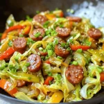 - 2 tablespoons vegetable oil - 1 pound turkey or chicken sausage, sliced - 1 small head of green cabbage, chopped - 1 bell pepper (red or yellow), sliced - 1 medium onion, thinly sliced - 2 cloves garlic, minced - 1 inch piece of ginger, grated - 1 tablespoon soy sauce - 1 tablespoon rice vinegar - 1 teaspoon sesame oil - Salt and pepper to taste - 2 green onions, chopped for garnish - Sesame seeds for garnish The ingredients for Minute Sausage Cabbage Stir-Fry are simple yet flavorful. The first key ingredient is the sausage. I often use turkey or chicken sausage. It cooks quickly and adds a hearty touch. Next, I love using green cabbage. It wilts perfectly and keeps some crunch. Bell peppers add color and sweetness. For a nice base, I slice a medium onion. Garlic and ginger are my secret weapons. They bring a burst of flavor. You must use fresh garlic and ginger for the best taste. For flavor, soy sauce and rice vinegar are essential. They balance the dish and add depth. Sesame oil adds a nutty finish, making the stir-fry exciting. Finally, season with salt and pepper. Garnish with chopped green onions and sesame seeds. These small touches make your dish shine. This combination of ingredients makes the stir-fry quick, easy, and delicious! - Slicing the sausage: Start by taking your turkey or chicken sausage. Use a sharp knife to slice it into rounds. Aim for even pieces for quick cooking. - Chopping vegetables: Next, chop your green cabbage into bite-sized pieces. Thinly slice the onion and bell pepper. Mince the garlic and grate the ginger. Keep everything ready for cooking. - Heating the oil: Pour 2 tablespoons of vegetable oil into a large wok or skillet. Heat it over medium-high heat until it shimmers. This means it’s ready for cooking. - Browning the sausage: Add the sliced sausage to the hot oil. Cook it for about 5-7 minutes. You want it nicely browned and cooked through. When done, take it out and set it aside. - Stir-frying the vegetables: In the same pan, toss in the sliced onion and bell pepper. Stir-fry them for 2-3 minutes until they soften. Then, add the chopped cabbage, minced garlic, and grated ginger. Keep stir-frying for another 5-7 minutes. The cabbage should wilt but still be bright green. - Combining ingredients: Return the browned sausage to the pan. Pour in 1 tablespoon of soy sauce, 1 tablespoon of rice vinegar, and 1 teaspoon of sesame oil. Toss everything together. Stir-fry for 2 more minutes. This combines all the flavors well. - Best ways to serve the stir-fry: Serve the stir-fry hot on a plate. You can garnish it with chopped green onions and a sprinkle of sesame seeds for a nice touch. - Pairing options with rice or noodles: This stir-fry pairs great with steamed rice or noodles. You can serve it over either for a complete meal. Enjoy! To get the best texture with cabbage, cut it into thin strips. This helps it cook evenly and stay crisp. Start cooking the cabbage after the other veggies. Stir-fry it for about 5-7 minutes. You want it to be wilted, but still bright green. For even cooking of the sausage, slice it evenly. This ensures all pieces cook at the same rate. Browning the sausage adds great flavor. Prepping ingredients in advance can save you time. Chop the cabbage, onion, and bell pepper the night before. Store them in the fridge. You can also slice the sausage ahead of time. Using frozen vegetables is another great trick. Frozen bell peppers or mixed veggies can save you prep time. Just add them directly to the pan without thawing. To reduce sodium, choose low-sodium soy sauce. You can also cut back on the soy sauce amount. Adding more vegetables boosts nutrition. Try adding carrots, broccoli, or snap peas for color and crunch. More veggies make the dish even more filling. {{image_2}} You can easily change the sausage in this dish. If you want a vegetarian option, try plant-based sausage. These often have great flavors and textures. You can also use tofu or tempeh for extra protein. If you prefer different meats, chicken or pork works well too. Just slice them thinly and cook them like the sausage. Feel free to swap out the vegetables in this stir-fry. Broccoli, carrots, or snap peas add color and crunch. You can also use zucchini or mushrooms for a different taste. Check what is in season for the best flavor. Spring brings asparagus, while fall has squash. Seasonal veggies make your dish fresh and tasty. Changing the sauce can bring new life to this stir-fry. Try teriyaki sauce for a sweeter taste, or hoisin for a rich flavor. You can also add chili flakes or sriracha for some heat. Just adjust the amount to fit your spice level. Mixing in fresh herbs like basil or cilantro can brighten the dish too. To store your Minute Sausage Cabbage Stir-Fry, follow these tips: - Refrigerator storage tips: Let the stir-fry cool to room temperature. Place it in an airtight container. It can last for 3 to 4 days in the fridge. Make sure to label the container with the date. - Freezing the stir-fry for later use: If you want to keep it longer, freeze the stir-fry. Use freezer-safe containers or bags. It can last up to 2 months. When ready to eat, thaw it in the fridge overnight. To enjoy your leftovers, reheating is key. Here are the best methods: - Best methods for reheating without losing texture: Use a skillet on medium heat. Add a splash of water or broth to keep it moist. Stir frequently until it is heated through. This keeps the cabbage crisp and the sausage juicy. - Recommended ways to incorporate into new meals: You can add the stir-fry to noodles or rice for a new meal. Mix it into an omelet for breakfast. It’s a great way to use leftovers creatively! If you want to change cabbage, try these options: - Kale adds a robust flavor. - Bok choy gives a nice crunch. - Spinach wilts well and cooks fast. - Swiss chard is colorful and tasty. - Broccoli can add a nice bite. These choices keep the dish fresh and fun. Yes, you can prep the stir-fry ahead. Chop your veggies and sausage. Store them in the fridge for up to two days. You can cook it all when ready. This saves time on busy nights. Just remember to keep cooked food separate for safety. The stir-fry lasts about three to four days in the fridge. Store it in an airtight container. This keeps it fresh and safe to eat. If you notice any odd smells or colors, throw it out. Always trust your senses for food safety. This blog post covered all you need for a tasty sausage cabbage stir-fry. We discussed key ingredients, step-by-step cooking instructions, and ways to enhance the flavor. I shared tips for quicker prep and making it healthier, along with ideas for variations. Remember, you can mix in different proteins and veggies for fun twists. Always store leftovers properly to enjoy later. Dive into your cooking and make this dish your own! Enjoy your delicious stir-fry adventure!