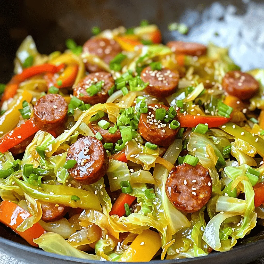 - 2 tablespoons vegetable oil - 1 pound turkey or chicken sausage, sliced - 1 small head of green cabbage, chopped - 1 bell pepper (red or yellow), sliced - 1 medium onion, thinly sliced - 2 cloves garlic, minced - 1 inch piece of ginger, grated - 1 tablespoon soy sauce - 1 tablespoon rice vinegar - 1 teaspoon sesame oil - Salt and pepper to taste - 2 green onions, chopped for garnish - Sesame seeds for garnish The ingredients for Minute Sausage Cabbage Stir-Fry are simple yet flavorful. The first key ingredient is the sausage. I often use turkey or chicken sausage. It cooks quickly and adds a hearty touch. Next, I love using green cabbage. It wilts perfectly and keeps some crunch. Bell peppers add color and sweetness. For a nice base, I slice a medium onion. Garlic and ginger are my secret weapons. They bring a burst of flavor. You must use fresh garlic and ginger for the best taste. For flavor, soy sauce and rice vinegar are essential. They balance the dish and add depth. Sesame oil adds a nutty finish, making the stir-fry exciting. Finally, season with salt and pepper. Garnish with chopped green onions and sesame seeds. These small touches make your dish shine. This combination of ingredients makes the stir-fry quick, easy, and delicious! - Slicing the sausage: Start by taking your turkey or chicken sausage. Use a sharp knife to slice it into rounds. Aim for even pieces for quick cooking. - Chopping vegetables: Next, chop your green cabbage into bite-sized pieces. Thinly slice the onion and bell pepper. Mince the garlic and grate the ginger. Keep everything ready for cooking. - Heating the oil: Pour 2 tablespoons of vegetable oil into a large wok or skillet. Heat it over medium-high heat until it shimmers. This means it’s ready for cooking. - Browning the sausage: Add the sliced sausage to the hot oil. Cook it for about 5-7 minutes. You want it nicely browned and cooked through. When done, take it out and set it aside. - Stir-frying the vegetables: In the same pan, toss in the sliced onion and bell pepper. Stir-fry them for 2-3 minutes until they soften. Then, add the chopped cabbage, minced garlic, and grated ginger. Keep stir-frying for another 5-7 minutes. The cabbage should wilt but still be bright green. - Combining ingredients: Return the browned sausage to the pan. Pour in 1 tablespoon of soy sauce, 1 tablespoon of rice vinegar, and 1 teaspoon of sesame oil. Toss everything together. Stir-fry for 2 more minutes. This combines all the flavors well. - Best ways to serve the stir-fry: Serve the stir-fry hot on a plate. You can garnish it with chopped green onions and a sprinkle of sesame seeds for a nice touch. - Pairing options with rice or noodles: This stir-fry pairs great with steamed rice or noodles. You can serve it over either for a complete meal. Enjoy! To get the best texture with cabbage, cut it into thin strips. This helps it cook evenly and stay crisp. Start cooking the cabbage after the other veggies. Stir-fry it for about 5-7 minutes. You want it to be wilted, but still bright green. For even cooking of the sausage, slice it evenly. This ensures all pieces cook at the same rate. Browning the sausage adds great flavor. Prepping ingredients in advance can save you time. Chop the cabbage, onion, and bell pepper the night before. Store them in the fridge. You can also slice the sausage ahead of time. Using frozen vegetables is another great trick. Frozen bell peppers or mixed veggies can save you prep time. Just add them directly to the pan without thawing. To reduce sodium, choose low-sodium soy sauce. You can also cut back on the soy sauce amount. Adding more vegetables boosts nutrition. Try adding carrots, broccoli, or snap peas for color and crunch. More veggies make the dish even more filling. {{image_2}} You can easily change the sausage in this dish. If you want a vegetarian option, try plant-based sausage. These often have great flavors and textures. You can also use tofu or tempeh for extra protein. If you prefer different meats, chicken or pork works well too. Just slice them thinly and cook them like the sausage. Feel free to swap out the vegetables in this stir-fry. Broccoli, carrots, or snap peas add color and crunch. You can also use zucchini or mushrooms for a different taste. Check what is in season for the best flavor. Spring brings asparagus, while fall has squash. Seasonal veggies make your dish fresh and tasty. Changing the sauce can bring new life to this stir-fry. Try teriyaki sauce for a sweeter taste, or hoisin for a rich flavor. You can also add chili flakes or sriracha for some heat. Just adjust the amount to fit your spice level. Mixing in fresh herbs like basil or cilantro can brighten the dish too. To store your Minute Sausage Cabbage Stir-Fry, follow these tips: - Refrigerator storage tips: Let the stir-fry cool to room temperature. Place it in an airtight container. It can last for 3 to 4 days in the fridge. Make sure to label the container with the date. - Freezing the stir-fry for later use: If you want to keep it longer, freeze the stir-fry. Use freezer-safe containers or bags. It can last up to 2 months. When ready to eat, thaw it in the fridge overnight. To enjoy your leftovers, reheating is key. Here are the best methods: - Best methods for reheating without losing texture: Use a skillet on medium heat. Add a splash of water or broth to keep it moist. Stir frequently until it is heated through. This keeps the cabbage crisp and the sausage juicy. - Recommended ways to incorporate into new meals: You can add the stir-fry to noodles or rice for a new meal. Mix it into an omelet for breakfast. It’s a great way to use leftovers creatively! If you want to change cabbage, try these options: - Kale adds a robust flavor. - Bok choy gives a nice crunch. - Spinach wilts well and cooks fast. - Swiss chard is colorful and tasty. - Broccoli can add a nice bite. These choices keep the dish fresh and fun. Yes, you can prep the stir-fry ahead. Chop your veggies and sausage. Store them in the fridge for up to two days. You can cook it all when ready. This saves time on busy nights. Just remember to keep cooked food separate for safety. The stir-fry lasts about three to four days in the fridge. Store it in an airtight container. This keeps it fresh and safe to eat. If you notice any odd smells or colors, throw it out. Always trust your senses for food safety. This blog post covered all you need for a tasty sausage cabbage stir-fry. We discussed key ingredients, step-by-step cooking instructions, and ways to enhance the flavor. I shared tips for quicker prep and making it healthier, along with ideas for variations. Remember, you can mix in different proteins and veggies for fun twists. Always store leftovers properly to enjoy later. Dive into your cooking and make this dish your own! Enjoy your delicious stir-fry adventure!