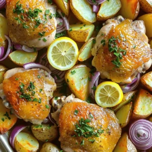 - 4 chicken thighs, skin-on and bone-in - 4 medium potatoes, cut into wedges - 1 large red onion, quartered - 4 cloves garlic, smashed - 2 lemons (1 for juice, 1 for slices) - 1/4 cup olive oil - 2 teaspoons dried oregano - 1 teaspoon paprika - Salt and pepper to taste - Fresh parsley, chopped (for garnish) I love using chicken thighs because they have a lot of flavor. The skin keeps them juicy. Potatoes add a nice heartiness, making this dish filling. I prefer medium potatoes for their perfect size. The red onion gives a sweet touch that works well with the chicken. Garlic brings a wonderful aroma. I use four cloves, but you can add more if you love garlic. Lemons are key in this recipe. One lemon gives juice, while the other adds slices for flavor. Olive oil ties everything together and keeps it moist. Dried oregano and paprika add depth. They give the chicken and potatoes a lovely color and taste. Don’t forget to season with salt and pepper. They help bring out all the flavors. Finally, fresh parsley is a must. It adds a burst of color and freshness just before serving. Each ingredient plays a role, making this dish a delight! To make the marinade, mix the olive oil, juice of one lemon, dried oregano, paprika, salt, and pepper in a bowl. This blend adds great flavor to the chicken. Marinating is key. It helps the chicken soak in all those tasty flavors. Let the chicken sit in the marinade for about 15 minutes. This short wait makes a big difference! Next, prepare the vegetables. Cut the potatoes into wedges. Quarter the red onion and smash the garlic cloves. In a separate bowl, toss the potatoes, onion, and garlic with olive oil, salt, and pepper. This simple seasoning is all they need. Now, arrange the marinated chicken on a large baking tray. Place the seasoned potatoes and onion around the chicken. Scatter the smashed garlic on top for extra flavor. Set your oven to 400°F (200°C). This temperature ensures the chicken cooks well and the potatoes get crispy. Bake the tray for 40 to 45 minutes. To check if it’s done, the chicken should reach an internal temperature of 165°F (75°C). The potatoes should look golden and crispy. If they are not, let them bake a bit longer. To keep chicken juicy, avoid overcooking. Chicken thighs need heat but not too much. Use a meat thermometer. Aim for 165°F (75°C). This ensures it's safe to eat. Always let the chicken rest after cooking. Resting allows juices to settle. This makes each bite tender and moist. You can boost flavor with extra herbs. Fresh herbs like thyme or rosemary add depth. They pair well with lemon and garlic. If you use dried herbs, keep them fresh. Store them in a cool, dark place. Fresh ingredients offer brighter flavors, while dried ones provide convenience. Experiment to find what you like best. For crispy potatoes, cut them evenly. This helps them cook at the same rate. Toss them with olive oil, salt, and pepper. This adds flavor and aids crispiness. Bake them alongside the chicken. You can also use an air fryer for extra crunch. Adjust cooking time as needed. Enjoy that golden, crispy texture! {{image_2}} You can change the chicken in this dish. Try using pork chops or turkey thighs. Both meats work well with the lemon and herbs. For a vegetarian twist, use firm tofu or tempeh. Both can absorb the marinade nicely. You can also use chickpeas for a hearty option. They add protein and texture. Feel free to add your favorite seasonal veggies. Carrots, zucchini, or bell peppers can add color and taste. You can also switch up the potatoes. Sweet potatoes give a nice sweetness. They pair well with lemon and spices. Cut them into wedges, just like regular potatoes. Citrus fruits can boost the taste even more. Instead of lemons, try limes or oranges. They bring a new flavor to the dish. You can also add cheese or olives for extra richness. Feta cheese crumbles add a salty kick. Olives bring a briny taste that pairs great with the chicken. After you finish the Greek Lemon Chicken & Potato Traybake, let it cool. Place leftovers in an airtight container. Store them in the fridge. They stay fresh for up to three days. Make sure to label your container with the date. You can freeze the traybake for longer storage. Cut it into portions before freezing. Wrap each piece tightly in plastic wrap. Then, put them in a freezer-safe bag. This way, it stays good for up to three months. When you’re ready to eat, thaw it overnight in the fridge. Reheat it in the oven at 350°F (175°C) until hot. If you want to bulk prepare this dish, marinate several chicken thighs at once. Cut your potatoes and veggies ahead of time. Store them in separate containers. This makes it easy to grab and cook. Portion out your meals into single servings. This helps with quick dinners during busy weeks. It takes about 40 to 45 minutes to cook chicken thighs in the oven at 400°F (200°C). Make sure the internal temperature reaches 165°F (75°C). This ensures the chicken is safe to eat and juicy. Using a meat thermometer helps you check the doneness easily. Yes, you can use boneless chicken thighs. They cook faster, usually in about 30 to 35 minutes. However, bone-in thighs stay juicier and have more flavor. Boneless thighs are easier to eat but may lack that rich taste. Great side dishes include a fresh Greek salad or roasted vegetables. You could also serve warm pita bread or tzatziki sauce for dipping. These sides add freshness and balance to the rich flavors of the traybake. This blog post guides you through making a delicious Greek Lemon Chicken and Potato Traybake. We examined the key ingredients, like chicken thighs, potatoes, and herbs. I shared step-by-step instructions for marinating and baking, plus useful tips to ensure juicy chicken and crispy potatoes. You can also explore variations and storage options for leftovers. With this easy recipe, you can create a tasty meal that fits any occasion. Enjoy cooking, and let your flavors shine!