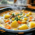 - 1 lb ground beef - 4 medium potatoes, peeled and diced - 1 medium onion, chopped - 3 cloves garlic, minced - 3 carrots, sliced - 2 cups beef broth - 1 cup heavy cream - 1 cup frozen corn - 1 teaspoon thyme - 1 teaspoon paprika - Salt and pepper to taste - Fresh parsley, chopped (for garnish) In this recipe, the main ingredients create a hearty base for the soup. Ground beef adds protein and flavor. The potatoes give it a creamy texture, while onions and garlic boost the taste. Carrots add sweetness and color. The frozen corn brings a pop of flavor. For the liquid, beef broth provides depth. Heavy cream makes the soup rich and smooth. Seasoning is key. Thyme and paprika add warmth, while salt and pepper bring balance. Fresh parsley on top adds a nice touch of color and freshness. You can easily adjust these ingredients to your taste. Want it spicier? Add more paprika or a dash of cayenne. Prefer a lighter soup? Try using less cream. This soup is flexible and allows for creativity. Enjoy making it your own! First, heat a skillet over medium heat. Add 1 lb of ground beef. Cook it until it turns brown, stirring occasionally. This step adds great flavor to the soup. Once fully cooked, drain the excess fat. Then, transfer the beef to your crockpot. This will be the base of your soup. Now it's time for the fun part—adding all the veggies! Chop 4 medium potatoes and 1 medium onion. Mince 3 cloves of garlic and slice 3 carrots. Toss these into the crockpot along with 1 cup of frozen corn. These ingredients add texture and taste. Next, pour in 2 cups of beef broth. Ensure all the veggies are submerged. Sprinkle in 1 teaspoon of thyme and 1 teaspoon of paprika for extra flavor. Don't forget to add salt and pepper to taste. Give everything a good stir to mix well. Cover the crockpot with the lid. Cook on low for 6 hours or high for 3 hours. This slow cooking lets the flavors blend perfectly. About 15 minutes before serving, stir in 1 cup of heavy cream. This adds creaminess and richness to your soup. Let it warm through before you serve. Enjoy the delightful aroma as it fills your kitchen! To boost flavor in your soup, try adding herbs like rosemary or basil. These herbs bring a fresh taste. You can also use spices like cumin or chili powder for a kick. When choosing beef, select ground chuck. It has the right fat content for flavor and tenderness. Avoid lean beef, as it may dry out during cooking. For a creamy texture, stir in heavy cream just before serving. This step makes the soup rich and smooth. If you desire a thicker soup, mash some of the potatoes in the pot. Cut vegetables into similar sizes. This ensures they cook evenly. Smaller pieces cook faster, while larger chunks may remain firm. Pair your soup with a simple green salad or crusty bread. These sides add crunch and balance. For special occasions, serve the soup in bread bowls for a fun twist. You can also top the soup with grated cheese or croutons. These toppings add extra flavor and texture, making each bowl delightful. {{image_2}} You can easily change the protein in this soup. Try using ground turkey or sausage instead of beef. These options add different flavors while keeping the soup hearty. For a vegan twist, swap the heavy cream for plant-based cream. This keeps the soup creamy without using dairy. This soup is great year-round. You can add seasonal vegetables for a fun twist. In spring, try adding peas or asparagus. In fall, diced butternut squash works well. These changes keep the soup fresh and exciting. Adjust the recipe based on what is in season to enhance flavors. If you like heat, add diced jalapeños or crushed red pepper flakes. Start with a small amount and taste as you go. This way, you can find the right balance. The creaminess of the soup helps cool the heat. A spicy version makes for an exciting meal! To store leftover soup, let it cool first. Pour it into a clean container with a tight lid. Place the container in the fridge within two hours of cooking. This keeps harmful bacteria away. You can enjoy the soup for up to three days. Just make sure to check it for any off smells or changes in color before eating. If you want to freeze the soup, use a freezer-safe container. Leave some space at the top for the soup to expand. You can also use freezer bags. Label them with the date so you remember when you made it. To thaw, place the soup in the fridge overnight. For a quicker method, use cold water. Just make sure the container is sealed tight to avoid water getting in. To reheat the soup, the best method is on the stove. Pour it into a pot and heat on low. Stir often to prevent sticking. If you want to use a microwave, place it in a microwave-safe bowl. Heat it in short bursts, stirring in between to keep it even. For a fresh taste, try adding a little cream or fresh parsley. This helps the soup taste just like it did when you first made it. Yes, you can use fresh herbs. Fresh herbs add bright, bold flavors. They also bring a lovely aroma to your soup. For this recipe, try using fresh thyme or parsley. Just remember, fresh herbs are more potent. Use about three times the amount of dried herbs. This way, your soup will taste fresh and vibrant. There are many options to replace heavy cream. If you want a lighter soup, try using half-and-half. It still gives creaminess but has less fat. Another good choice is coconut milk. It adds a nice taste and works for dairy-free diets. You can also use cashew cream. Blend soaked cashews with water for a smooth texture. There are a few easy ways to thicken your soup. One method is to mash some of the potatoes. This will create a creamy texture. You can also mix in cornstarch. Just combine cornstarch with a bit of cold water to make a slurry. Stir it into the soup and cook for a few minutes. Lastly, adding more vegetables, like pureed carrots, can help thicken the soup too. This recipe for hearty soup combines ground beef, fresh veggies, and creamy goodness. We covered essential ingredients, cooking techniques, and tasty variations. Remember to store leftovers properly and reheat them for the best flavor. Trying different herbs or swapping proteins can make this dish unique. Enjoy your cooking adventure and savor every bite of this warm, inviting meal!