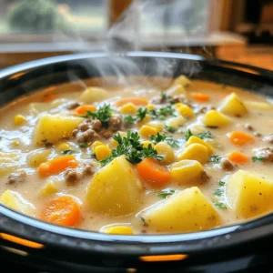 - 1 lb ground beef - 4 medium potatoes, peeled and diced - 1 medium onion, chopped - 3 cloves garlic, minced - 3 carrots, sliced - 2 cups beef broth - 1 cup heavy cream - 1 cup frozen corn - 1 teaspoon thyme - 1 teaspoon paprika - Salt and pepper to taste - Fresh parsley, chopped (for garnish) In this recipe, the main ingredients create a hearty base for the soup. Ground beef adds protein and flavor. The potatoes give it a creamy texture, while onions and garlic boost the taste. Carrots add sweetness and color. The frozen corn brings a pop of flavor. For the liquid, beef broth provides depth. Heavy cream makes the soup rich and smooth. Seasoning is key. Thyme and paprika add warmth, while salt and pepper bring balance. Fresh parsley on top adds a nice touch of color and freshness. You can easily adjust these ingredients to your taste. Want it spicier? Add more paprika or a dash of cayenne. Prefer a lighter soup? Try using less cream. This soup is flexible and allows for creativity. Enjoy making it your own! First, heat a skillet over medium heat. Add 1 lb of ground beef. Cook it until it turns brown, stirring occasionally. This step adds great flavor to the soup. Once fully cooked, drain the excess fat. Then, transfer the beef to your crockpot. This will be the base of your soup. Now it's time for the fun part—adding all the veggies! Chop 4 medium potatoes and 1 medium onion. Mince 3 cloves of garlic and slice 3 carrots. Toss these into the crockpot along with 1 cup of frozen corn. These ingredients add texture and taste. Next, pour in 2 cups of beef broth. Ensure all the veggies are submerged. Sprinkle in 1 teaspoon of thyme and 1 teaspoon of paprika for extra flavor. Don't forget to add salt and pepper to taste. Give everything a good stir to mix well. Cover the crockpot with the lid. Cook on low for 6 hours or high for 3 hours. This slow cooking lets the flavors blend perfectly. About 15 minutes before serving, stir in 1 cup of heavy cream. This adds creaminess and richness to your soup. Let it warm through before you serve. Enjoy the delightful aroma as it fills your kitchen! To boost flavor in your soup, try adding herbs like rosemary or basil. These herbs bring a fresh taste. You can also use spices like cumin or chili powder for a kick. When choosing beef, select ground chuck. It has the right fat content for flavor and tenderness. Avoid lean beef, as it may dry out during cooking. For a creamy texture, stir in heavy cream just before serving. This step makes the soup rich and smooth. If you desire a thicker soup, mash some of the potatoes in the pot. Cut vegetables into similar sizes. This ensures they cook evenly. Smaller pieces cook faster, while larger chunks may remain firm. Pair your soup with a simple green salad or crusty bread. These sides add crunch and balance. For special occasions, serve the soup in bread bowls for a fun twist. You can also top the soup with grated cheese or croutons. These toppings add extra flavor and texture, making each bowl delightful. {{image_2}} You can easily change the protein in this soup. Try using ground turkey or sausage instead of beef. These options add different flavors while keeping the soup hearty. For a vegan twist, swap the heavy cream for plant-based cream. This keeps the soup creamy without using dairy. This soup is great year-round. You can add seasonal vegetables for a fun twist. In spring, try adding peas or asparagus. In fall, diced butternut squash works well. These changes keep the soup fresh and exciting. Adjust the recipe based on what is in season to enhance flavors. If you like heat, add diced jalapeños or crushed red pepper flakes. Start with a small amount and taste as you go. This way, you can find the right balance. The creaminess of the soup helps cool the heat. A spicy version makes for an exciting meal! To store leftover soup, let it cool first. Pour it into a clean container with a tight lid. Place the container in the fridge within two hours of cooking. This keeps harmful bacteria away. You can enjoy the soup for up to three days. Just make sure to check it for any off smells or changes in color before eating. If you want to freeze the soup, use a freezer-safe container. Leave some space at the top for the soup to expand. You can also use freezer bags. Label them with the date so you remember when you made it. To thaw, place the soup in the fridge overnight. For a quicker method, use cold water. Just make sure the container is sealed tight to avoid water getting in. To reheat the soup, the best method is on the stove. Pour it into a pot and heat on low. Stir often to prevent sticking. If you want to use a microwave, place it in a microwave-safe bowl. Heat it in short bursts, stirring in between to keep it even. For a fresh taste, try adding a little cream or fresh parsley. This helps the soup taste just like it did when you first made it. Yes, you can use fresh herbs. Fresh herbs add bright, bold flavors. They also bring a lovely aroma to your soup. For this recipe, try using fresh thyme or parsley. Just remember, fresh herbs are more potent. Use about three times the amount of dried herbs. This way, your soup will taste fresh and vibrant. There are many options to replace heavy cream. If you want a lighter soup, try using half-and-half. It still gives creaminess but has less fat. Another good choice is coconut milk. It adds a nice taste and works for dairy-free diets. You can also use cashew cream. Blend soaked cashews with water for a smooth texture. There are a few easy ways to thicken your soup. One method is to mash some of the potatoes. This will create a creamy texture. You can also mix in cornstarch. Just combine cornstarch with a bit of cold water to make a slurry. Stir it into the soup and cook for a few minutes. Lastly, adding more vegetables, like pureed carrots, can help thicken the soup too. This recipe for hearty soup combines ground beef, fresh veggies, and creamy goodness. We covered essential ingredients, cooking techniques, and tasty variations. Remember to store leftovers properly and reheat them for the best flavor. Trying different herbs or swapping proteins can make this dish unique. Enjoy your cooking adventure and savor every bite of this warm, inviting meal!