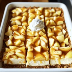 - 1 ½ cups graham cracker crumbs - ½ cup unsalted butter, melted - 1 cup granulated sugar, divided - 1 (8 oz) package cream cheese, softened - 2 large eggs - 1 teaspoon vanilla extract - 2 cups peeled and diced apples (e.g., Granny Smith or Honeycrisp) - 1 teaspoon cinnamon - 1 cup caramel sauce (store-bought or homemade) - Optional: whipped cream and additional caramel for topping The key ingredients for these bars create a rich and tasty treat. The graham cracker crumbs form a crunchy crust. The unsalted butter helps bind the crumbs together. Using granulated sugar sweetens both the crust and the filling. Cream cheese gives the bars a creamy texture. Eggs help set the filling when baking. Vanilla extract adds a warm flavor that blends well. Apples bring a fresh taste and slight crunch. I recommend using tart apples, like Granny Smith or Honeycrisp, for a nice balance. Cinnamon adds warmth and spice that pairs perfectly with apples. Caramel sauce drizzled on top adds sweetness and richness. If you want to take it up a notch, whipped cream and extra caramel make great toppings. - Mixing bowls - Baking pan - Oven - Spatula You will need some basic tools to make these bars. Mixing bowls help combine the ingredients easily. A baking pan, preferably 9x9 inches, holds the bars while they bake. Your oven needs to be preheated to ensure even cooking. A spatula helps spread the cheesecake filling smoothly over the crust. With these items, you are ready to create a delicious dessert. First, you need to preheat your oven to 325°F (160°C). This temperature helps the bars bake evenly. While the oven heats, grease a 9x9 inch baking pan. You can also use parchment paper. This makes it easy to lift the bars out later. In a medium bowl, mix 1 ½ cups of graham cracker crumbs, ½ cup of melted unsalted butter, and ¼ cup of granulated sugar. Stir until the crumbs coat well. Next, press this mixture firmly into the bottom of your prepared pan. This forms a solid crust. Bake it in the oven for about 10 minutes until it is lightly golden. Remove it and let it cool for a bit. In another bowl, beat 1 (8 oz) package of softened cream cheese with ¾ cup of sugar. Mix until it is smooth and creamy. Then, add 2 large eggs, one by one, mixing well after each. Pour in 1 teaspoon of vanilla extract and stir. Now, gently fold in 2 cups of peeled and diced apples and 1 teaspoon of cinnamon. This gives your filling a great flavor. Pour the cheesecake filling over your cooled crust. Use a spatula to smooth the top. Bake everything in the oven for an additional 25-30 minutes. The center should be set but still jiggle a little. After baking, let the bars cool to room temperature. Drizzle a good amount of caramel sauce on top. Finally, chill them in the fridge for at least 2 hours. This makes them easier to slice. To make your cheesecake creamy, use room-temperature cream cheese. Cold cream cheese can cause lumps. Beat the cheese until smooth before adding other ingredients. This helps blend everything well. Cracks can ruin the look of your cheesecake. To avoid cracks, do not overmix the filling. Bake at a low temperature and avoid opening the oven door. Let the bars cool slowly in the oven after baking. If you need an alternative for cream cheese, try Greek yogurt or ricotta. These options can give a different flavor and texture. If you want lower sugar, use a sugar substitute like stevia or erythritol. These can work well in the recipe. Serve your cheesecake bars in a nice dish to make them pop. A glass plate shows off the layers well. Top with whipped cream and a drizzle of caramel for a tasty touch. You can also sprinkle some cinnamon on top for extra flair. {{image_2}} You can change the apple type for fun. Granny Smith apples are tart, while Honeycrisp are sweet. Each type gives the bars a new taste. Try mixing apples for a fun twist. You could use a mix of tart and sweet apples. Pears also make a great addition. Just peel and dice them like apples. They add a soft, juicy flavor that pairs well with cream cheese. Spices can change the flavor of your bars. Adding nutmeg or ginger gives a warm, cozy taste. Just a pinch can make a big difference. You can also add chocolate or caramel swirls. Drizzle melted chocolate or extra caramel on top. Swirl them into the filling for a fun effect. These simple changes make your cheesecake bars unique. To keep your caramel apple cheesecake bars fresh, store them properly. You can keep them in the fridge for up to one week. Just place them in an airtight container. This helps prevent them from drying out or absorbing other smells from your fridge. If you want to store them longer, freezing is a great option. Wrap the bars tightly in plastic wrap and then in foil. This prevents freezer burn. You can freeze them for up to three months. When you're ready to eat, just thaw them in the fridge overnight. If you want to serve your cheesecake bars warm, reheating is easy. Preheat your oven to 300°F (150°C). Place the bars in a baking dish and cover them loosely with foil. Heat for about 10-15 minutes. This helps keep the texture nice and creamy. Avoid using a microwave. It can make the bars too soft and change the texture. If you follow these steps, your cheesecake bars will taste just as good as when you first made them. Caramel apple cheesecake bars last up to five days in the fridge. To keep them fresh, store them in an airtight container. This helps them stay moist and tasty. Yes, you can make these cheesecake bars a day in advance. Prepare them, cool, and chill as usual. This gives the flavors more time to blend. Just cut and serve when ready. For clean cuts, use a sharp knife. Dip the knife in hot water before each slice. Wipe it dry after each cut to avoid sticking. This way, your bars look neat and pretty. Check for a slight jiggle in the center. The edges should be set and firm. If the top is lightly golden, it’s a good sign too. A toothpick should come out mostly clean when inserted. Caramel apple cheesecake bars are easy and fun to make. We covered all the essential ingredients, from graham cracker crumbs to creamy cheesecake. I shared step-by-step instructions, tips, and variations to help you create the best bars. Remember to store them well for freshness, and don’t hesitate to try new flavors. Enjoy your delicious creation and share it with friends and family for smiles all around. Make your kitchen a happy place with these tasty treats!
