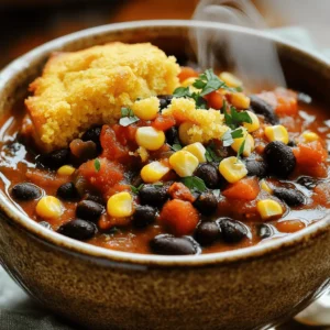 - 2 cans black beans, drained and rinsed - 1 can diced tomatoes (with juices) - 1 cup corn kernels (fresh or frozen) - 1 medium onion, diced - 3 cloves garlic, minced - 1 red bell pepper, diced I love using black beans for this chili. They add a rich texture and protein. Diced tomatoes bring moisture and a hint of sweetness. Corn gives a nice crunch and fresh taste. Onion, garlic, and red bell pepper provide a great base flavor. - 2-3 chipotle peppers in adobo sauce, minced - 1 tablespoon ground cumin - 1 tablespoon chili powder - 1 teaspoon smoked paprika - Salt and pepper to taste Chipotle peppers give this chili its smoky kick. Ground cumin and chili powder add depth and warmth. Smoked paprika enhances the flavor, while salt and pepper balance it all. - 1 cup cornmeal - 1 cup buttermilk (or substitute with milk + 1 tablespoon lemon juice) - 1 large egg - 1 teaspoon baking powder - 1 teaspoon sugar - 1/2 teaspoon salt For the cornbread crumble, cornmeal is key. It gives the perfect texture. Buttermilk keeps it moist and adds flavor. The egg helps bind everything together. Baking powder makes it rise, and sugar adds a hint of sweetness. - Heat olive oil in a large pot over medium heat. - Add the diced onion and red bell pepper. - Sauté for about 5 minutes until softened. - Stir in minced garlic, cumin, chili powder, smoked paprika, and chipotle peppers. - Cook for 1-2 minutes until the spices smell great. - Add black beans, diced tomatoes with their juice, corn, and vegetable broth to the pot. - Season with salt and pepper to taste. - Bring the mix to a boil, then reduce the heat. - Let the chili simmer uncovered for about 30 minutes. - Stir occasionally and adjust the seasoning as needed. - While the chili simmers, preheat your oven to 400°F (200°C). - In a bowl, whisk together cornmeal, baking powder, sugar, and salt. - In another bowl, mix buttermilk and egg. - Pour the wet mix into the dry mix and stir until just combined. - Pour the batter into a greased baking dish and bake for 20-25 minutes or until golden brown. - Let it cool slightly before crumbling the cornbread for the topping. To get the best flavor from your chili, start with the spice levels. If you like heat, add more chipotle peppers. For a milder taste, use less. Taste as you go. This helps you adjust the flavor to your liking. Garnishes can elevate your chili. I like to add fresh cilantro, diced avocado, or some sour cream. Lime wedges also add a bright touch. Each adds a new layer of flavor. For the best cornbread, focus on the consistency. Combine wet and dry ingredients gently. Do not overmix. This keeps the cornbread light and fluffy. If you want more texture, add corn kernels to the batter. Baking is key. Preheat your oven well. Use a greased dish for even cooking. Keep an eye on it. Bake until golden brown, about 20-25 minutes. A toothpick should come out clean. Pair your chili with side dishes for a complete meal. A simple green salad works well. Corn on the cob is another great choice. It adds sweetness and crunch. For drinks, I recommend cold beverages. A light lager or iced tea complements the chili. If you prefer non-alcoholic, try lemonade. It balances the heat and adds zest. {{image_2}} You can easily change the chili. Adding more veggies makes it better. Try bell peppers or zucchini for a colorful mix. You can also add meat. Ground turkey or beef works well if you want more protein. Just brown the meat before adding the other ingredients. If you need gluten-free options, look for gluten-free cornmeal. It is easy to find in stores. For a dairy-free version of the cornbread, swap buttermilk with almond milk and a splash of lemon juice. This keeps the cornbread moist and tasty. Do you want your chili hot or mild? To adjust the heat, add less chipotle. You can also leave out the seeds from the peppers. If you want a milder taste, use regular bell peppers instead of chipotle. This will keep the flavor but lower the heat. To keep your chili fresh, use airtight containers. Glass or plastic containers work well. Make sure to let the chili cool before sealing. This helps prevent moisture buildup. Store the chili in the fridge. It lasts for about 3 to 4 days. If you have extra chili, freezing is a good choice. First, let the chili cool completely. Then, scoop it into freezer-safe bags. Remove as much air as you can before sealing. Label the bags with the date. You can freeze it for up to 3 months. When you want to eat it, thaw overnight in the fridge. Reheat on the stove or in the microwave until hot. To keep cornbread fresh, wrap it in plastic wrap or foil. You can also store it in an airtight container. Cornbread is best eaten within 2 days. If you want to keep it longer, freeze it. For reheating, place it in a warm oven for 10 minutes. This helps restore its texture and taste. Yes, you can make this chili in a slow cooker! Here’s how: 1. Prep the Veggies: Start by chopping your onion, red bell pepper, and garlic. 2. Mix Ingredients: In the slow cooker, combine the black beans, diced tomatoes, corn, and vegetable broth. 3. Add Spices: Stir in the chipotle peppers, cumin, chili powder, smoked paprika, salt, and pepper. 4. Cook: Set the slow cooker on low for 6-8 hours or high for 3-4 hours. Stir occasionally if you can. 5. Finish Up: Before serving, taste and adjust the seasoning as needed. This method keeps the flavors rich and deep. Plus, it frees you up to do other things! This chili pairs well with several sides and toppings. Here are some tasty options: - Rice: Serve it over white or brown rice for a filling meal. - Tortilla Chips: Crunchy chips add a great texture. - Avocado: Fresh slices make a creamy topping. - Sour Cream: A dollop cools the spice. - Cheese: Shredded cheese adds richness. - Fresh Cilantro: Chopped cilantro gives a fresh flavor. Feel free to mix and match these sides to suit your taste! Chipotle Black Bean Chili lasts 3 to 5 days in the fridge. Here are some tips for storage: - Cool Down: Let the chili cool before putting it in the fridge. - Use Airtight Containers: Store it in airtight containers to keep it fresh. - Reheat Safely: When ready to eat, reheat on the stove or in the microwave until hot. If you want to keep it longer, consider freezing it! In this post, I covered key ingredients for making Chipotle Black Bean Chili and cornbread crumble. We explored step-by-step instructions and shared tips to enhance flavor and texture. Remember, you can easily adapt this chili with different veggies or meats. With proper storage, leftovers will taste great later. Cooking is fun and personal. Feel free to adjust spices and make it your own! Enjoy creating this delicious dish!