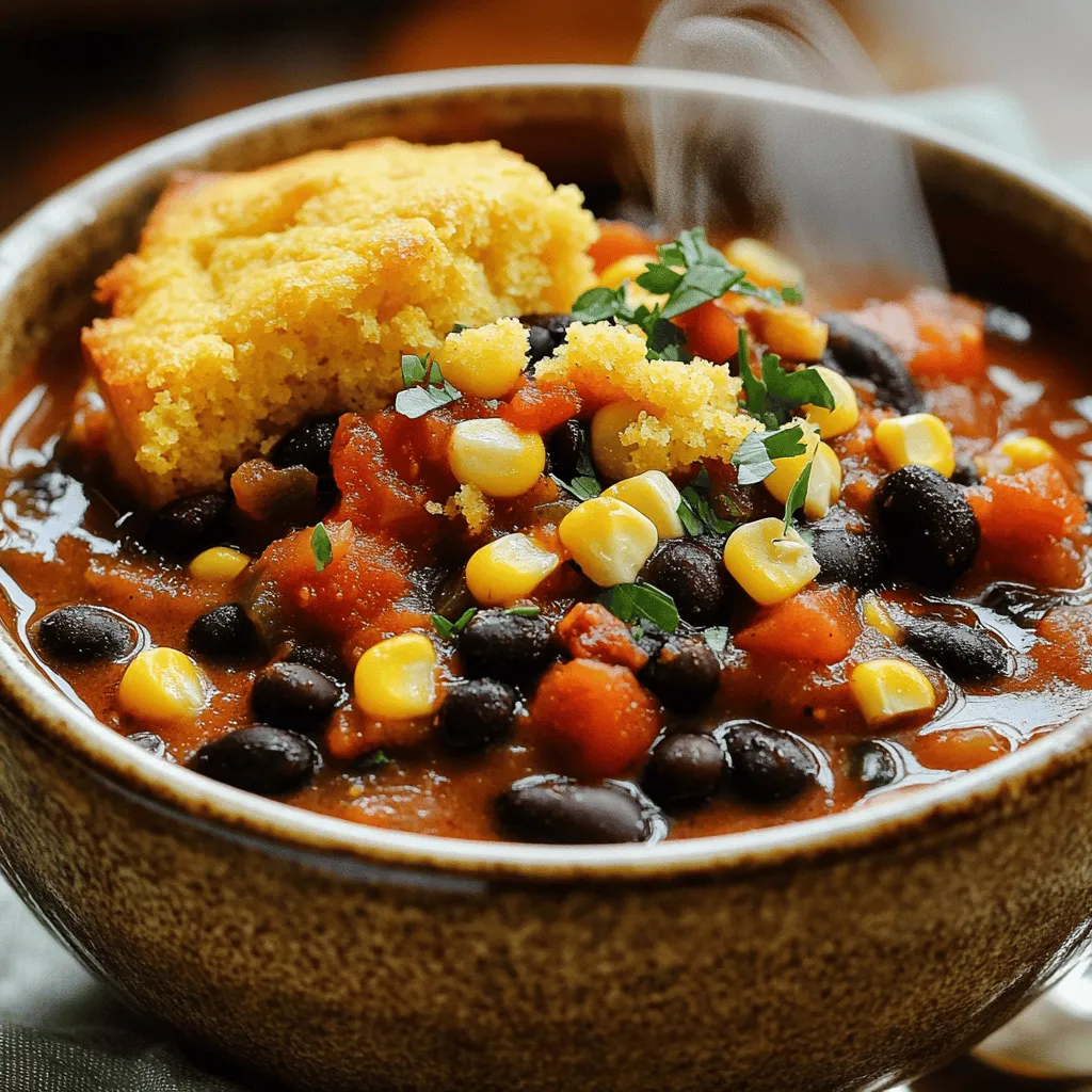 - 2 cans black beans, drained and rinsed - 1 can diced tomatoes (with juices) - 1 cup corn kernels (fresh or frozen) - 1 medium onion, diced - 3 cloves garlic, minced - 1 red bell pepper, diced I love using black beans for this chili. They add a rich texture and protein. Diced tomatoes bring moisture and a hint of sweetness. Corn gives a nice crunch and fresh taste. Onion, garlic, and red bell pepper provide a great base flavor. - 2-3 chipotle peppers in adobo sauce, minced - 1 tablespoon ground cumin - 1 tablespoon chili powder - 1 teaspoon smoked paprika - Salt and pepper to taste Chipotle peppers give this chili its smoky kick. Ground cumin and chili powder add depth and warmth. Smoked paprika enhances the flavor, while salt and pepper balance it all. - 1 cup cornmeal - 1 cup buttermilk (or substitute with milk + 1 tablespoon lemon juice) - 1 large egg - 1 teaspoon baking powder - 1 teaspoon sugar - ½ teaspoon salt For the cornbread crumble, cornmeal is key. It gives the perfect texture. Buttermilk keeps it moist and adds flavor. The egg helps bind everything together. Baking powder makes it rise, and sugar adds a hint of sweetness. - Heat olive oil in a large pot over medium heat. - Add the diced onion and red bell pepper. - Sauté for about 5 minutes until softened. - Stir in minced garlic, cumin, chili powder, smoked paprika, and chipotle peppers. - Cook for 1-2 minutes until the spices smell great. - Add black beans, diced tomatoes with their juice, corn, and vegetable broth to the pot. - Season with salt and pepper to taste. - Bring the mix to a boil, then reduce the heat. - Let the chili simmer uncovered for about 30 minutes. - Stir occasionally and adjust the seasoning as needed. - While the chili simmers, preheat your oven to 400°F (200°C). - In a bowl, whisk together cornmeal, baking powder, sugar, and salt. - In another bowl, mix buttermilk and egg. - Pour the wet mix into the dry mix and stir until just combined. - Pour the batter into a greased baking dish and bake for 20-25 minutes or until golden brown. - Let it cool slightly before crumbling the cornbread for the topping. To get the best flavor from your chili, start with the spice levels. If you like heat, add more chipotle peppers. For a milder taste, use less. Taste as you go. This helps you adjust the flavor to your liking. Garnishes can elevate your chili. I like to add fresh cilantro, diced avocado, or some sour cream. Lime wedges also add a bright touch. Each adds a new layer of flavor. For the best cornbread, focus on the consistency. Combine wet and dry ingredients gently. Do not overmix. This keeps the cornbread light and fluffy. If you want more texture, add corn kernels to the batter. Baking is key. Preheat your oven well. Use a greased dish for even cooking. Keep an eye on it. Bake until golden brown, about 20-25 minutes. A toothpick should come out clean. Pair your chili with side dishes for a complete meal. A simple green salad works well. Corn on the cob is another great choice. It adds sweetness and crunch. For drinks, I recommend cold beverages. A light lager or iced tea complements the chili. If you prefer non-alcoholic, try lemonade. It balances the heat and adds zest. {{image_2}} You can easily change the chili. Adding more veggies makes it better. Try bell peppers or zucchini for a colorful mix. You can also add meat. Ground turkey or beef works well if you want more protein. Just brown the meat before adding the other ingredients. If you need gluten-free options, look for gluten-free cornmeal. It is easy to find in stores. For a dairy-free version of the cornbread, swap buttermilk with almond milk and a splash of lemon juice. This keeps the cornbread moist and tasty. Do you want your chili hot or mild? To adjust the heat, add less chipotle. You can also leave out the seeds from the peppers. If you want a milder taste, use regular bell peppers instead of chipotle. This will keep the flavor but lower the heat. To keep your chili fresh, use airtight containers. Glass or plastic containers work well. Make sure to let the chili cool before sealing. This helps prevent moisture buildup. Store the chili in the fridge. It lasts for about 3 to 4 days. If you have extra chili, freezing is a good choice. First, let the chili cool completely. Then, scoop it into freezer-safe bags. Remove as much air as you can before sealing. Label the bags with the date. You can freeze it for up to 3 months. When you want to eat it, thaw overnight in the fridge. Reheat on the stove or in the microwave until hot. To keep cornbread fresh, wrap it in plastic wrap or foil. You can also store it in an airtight container. Cornbread is best eaten within 2 days. If you want to keep it longer, freeze it. For reheating, place it in a warm oven for 10 minutes. This helps restore its texture and taste. Yes, you can make this chili in a slow cooker! Here’s how: 1. Prep the Veggies: Start by chopping your onion, red bell pepper, and garlic. 2. Mix Ingredients: In the slow cooker, combine the black beans, diced tomatoes, corn, and vegetable broth. 3. Add Spices: Stir in the chipotle peppers, cumin, chili powder, smoked paprika, salt, and pepper. 4. Cook: Set the slow cooker on low for 6-8 hours or high for 3-4 hours. Stir occasionally if you can. 5. Finish Up: Before serving, taste and adjust the seasoning as needed. This method keeps the flavors rich and deep. Plus, it frees you up to do other things! This chili pairs well with several sides and toppings. Here are some tasty options: - Rice: Serve it over white or brown rice for a filling meal. - Tortilla Chips: Crunchy chips add a great texture. - Avocado: Fresh slices make a creamy topping. - Sour Cream: A dollop cools the spice. - Cheese: Shredded cheese adds richness. - Fresh Cilantro: Chopped cilantro gives a fresh flavor. Feel free to mix and match these sides to suit your taste! Chipotle Black Bean Chili lasts 3 to 5 days in the fridge. Here are some tips for storage: - Cool Down: Let the chili cool before putting it in the fridge. - Use Airtight Containers: Store it in airtight containers to keep it fresh. - Reheat Safely: When ready to eat, reheat on the stove or in the microwave until hot. If you want to keep it longer, consider freezing it! In this post, I covered key ingredients for making Chipotle Black Bean Chili and cornbread crumble. We explored step-by-step instructions and shared tips to enhance flavor and texture. Remember, you can easily adapt this chili with different veggies or meats. With proper storage, leftovers will taste great later. Cooking is fun and personal. Feel free to adjust spices and make it your own! Enjoy creating this delicious dish!