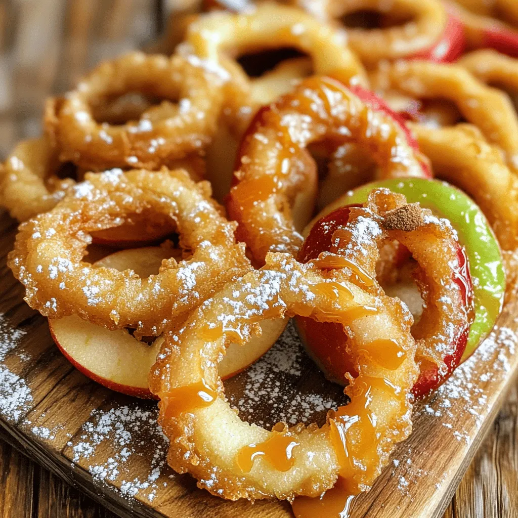 - Apples: Choose 2 large apples like Granny Smith or Honeycrisp. Granny Smith gives a nice tartness. Honeycrisp offers great sweetness and crunch. Both work well for frying. - Flour and Seasonings: Use 1 cup of all-purpose flour. Add 1 teaspoon baking powder for lightness. Include ½ teaspoon cinnamon and ¼ teaspoon nutmeg for warmth. Finish with ¼ teaspoon salt to enhance flavor. - Additional Components: For the batter, you need 1 cup of cold sparkling water. It keeps the batter light and crispy. Use 1 cup of breadcrumbs, preferably panko, for extra crunch. Finally, get vegetable oil for frying. You might want powdered sugar for dusting, but this is optional. These ingredients come together to create a sweet and crispy treat. Enjoy the process of making these delightful apple rings! First, wash the apples under cold water. Make sure to dry them well. Use an apple corer or a sharp knife to remove the core. Slice the apples into rings about ¼ inch thick. The slices should be even for cooking. In a mixing bowl, combine the following dry ingredients: - 1 cup all-purpose flour - 1 teaspoon baking powder - ½ teaspoon cinnamon - ¼ teaspoon nutmeg - ¼ teaspoon salt Whisk these together until they blend well. Next, slowly add 1 cup of cold sparkling water. Whisk until the batter is smooth. It should be thick enough to coat the apple rings. Prepare a shallow dish with 1 cup of breadcrumbs. Panko breadcrumbs work best for extra crunch. Heat about 2 inches of vegetable oil in a deep pan over medium-high heat. Use a deep-fry thermometer to keep the oil at 350°F (175°C). Dip each apple ring into the batter. Make sure it is fully coated. Then, transfer it to the breadcrumbs. Press the breadcrumbs onto the batter to coat the ring well. Once the oil is hot, carefully place a few apple rings in the oil. Do not overcrowd the pan; this helps them cook evenly. Fry for 2-3 minutes on each side until they turn golden brown and crispy. When done, use a slotted spoon to remove the fried apple rings. Set them on a plate lined with paper towels to drain any extra oil. If you want, sprinkle powdered sugar on top of the warm apple rings before serving. To make your apple rings super crispy, use cold sparkling water. The bubbles help create a light batter. This makes each ring puff up nicely. Panko breadcrumbs work best for extra crunch. They are larger and give a better texture than regular breadcrumbs. Avoid putting too many apple rings in the pan at once. This keeps the oil hot and helps them fry evenly. It’s best to fry just a few at a time. Aim for a golden brown color, which takes about 2-3 minutes per side. For a fun presentation, stack the crispy rings on a platter. You can drizzle caramel sauce over them. They also pair well with cinnamon ice cream for a sweet treat. Enjoy your crispy fried apple rings! {{image_2}} You can make crispy fried apple rings even more exciting with some fun flavors. One way is to add spices to your batter. Nutmeg and allspice are great choices. They give a warm, cozy taste. Just a pinch can change everything! You can also infuse your batter with extracts. Vanilla extract adds a lovely sweetness. You might even try almond extract for a nutty twist. Experimenting with these additions keeps the recipe fresh and lively. Dipping sauces can take your apple rings to the next level. Caramel sauce is a classic choice. It pairs well with the sweet apples. You can even warm it up for a gooey treat. Cinnamon sugar is another delicious option. Just mix sugar and cinnamon together. Sprinkle it on the warm apple rings right after frying. This adds a sweet, crunchy layer that everyone will love. To keep your crispy fried apple rings tasty, store them in the fridge. Place them in an airtight container. They will stay fresh for about 2 days. If you want to reheat them, use the oven. Preheat it to 350°F (175°C). Place the apple rings on a baking sheet. Bake for about 10 minutes. This method helps keep them crispy. If you want to save some for later, freezing is a great option. First, let the apple rings cool completely. Then, place them in a single layer on a baking sheet. Freeze them for about 1 hour. Once frozen, move them into a freezer-safe bag. This method stops them from sticking together. When you are ready to eat, take out what you need. Thaw the apple rings in the fridge for a few hours before reheating. This helps ensure they heat evenly. To make crispy fried apple rings, start by washing and drying two large apples. Core the apples and slice them into rings about ¼ inch thick. In a bowl, mix 1 cup of flour, 1 teaspoon of baking powder, ½ teaspoon of cinnamon, ¼ teaspoon of nutmeg, and ¼ teaspoon of salt. Gradually stir in 1 cup of cold sparkling water until smooth. Dip each apple ring into the batter, then coat it with breadcrumbs. Fry in hot oil until golden brown. Yes! You can fry other fruits, too. Pears, bananas, and peaches work well. These fruits have a soft texture that absorbs the batter nicely. Just remember to slice them thick enough to keep them from falling apart in the oil. Each fruit will add its own flavor twist! For the best coating, dip each apple ring fully in the batter. Make sure the batter sticks well. Then, transfer it to the breadcrumbs. Press gently on the breadcrumbs to help them stick. This method ensures a crispy texture after frying. You can also double-coat by repeating the process for extra crunch. Leftover apple rings can be stored in the fridge for 1-2 days. Keep them in an airtight container to stay fresh. If you want to enjoy them later, reheating them in an oven can help restore their crispiness. Avoid microwaving, as it can make them soggy. Crispy fried apple rings are simple and fun to make. We discussed key ingredients, from apple selection to necessary spices and batter. I shared step-by-step instructions for preparing, battering, and frying. You learned tips for crispiness and serving ideas, plus variations for flavor and sauces. Remember, using cold sparkling water and avoiding crowded pans ensures great results. Whether you serve them fresh or store leftovers, these apple rings can be a delightful treat. Enjoy experimenting with different flavors and find your favorites!