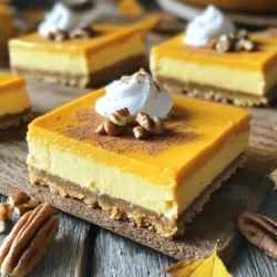 To make these tasty bars, gather the following ingredients: - 1 ½ cups graham cracker crumbs - ½ cup unsalted butter, melted - 1 tablespoon brown sugar - 2 cups cream cheese, softened - 1 cup pumpkin puree - 1 cup powdered sugar - 1 teaspoon vanilla extract - 1 teaspoon pumpkin pie spice - 1 cup whipped topping (thawed) You can make these bars even better with some fun toppings. Here are a few ideas: - Pecan pieces sprinkle on top - A dollop of whipped cream - Drizzle of caramel sauce These garnishes add flavor and a nice look to your dessert. If you need to swap some items, here are some easy changes: - Use gluten-free graham crackers for a gluten-free crust. - Swap cream cheese with a dairy-free cream cheese for a vegan option. - Use maple syrup instead of powdered sugar for a natural sweetener. These substitutions keep the bars flavorful while meeting your needs. Start with a medium bowl. Combine 1 ½ cups of graham cracker crumbs, ½ cup of melted unsalted butter, and 1 tablespoon of brown sugar. Mix well until the crumbs are evenly coated. This step creates a tasty base for your cheesecake bars. Press the crumb mixture firmly into the bottom of a 9x9-inch baking pan. Make sure it is flat and even. Then, place this pan in the refrigerator to chill while you prepare the filling. In a large mixing bowl, beat 2 cups of softened cream cheese with an electric mixer. Mix until it is creamy and smooth. Next, add in 1 cup of pumpkin puree, 1 cup of powdered sugar, 1 teaspoon of vanilla extract, and 1 teaspoon of pumpkin pie spice. Beat these ingredients together until fully blended and smooth. This mix gives your bars that rich pumpkin flavor. Now, gently fold in 1 cup of thawed whipped topping. This makes the filling light and fluffy. Pour the pumpkin cheesecake filling over the chilled crust. Use a spatula to smooth the top. Cover the pan with plastic wrap. Refrigerate for at least 4 hours or until the bars are set. It’s important to let them chill fully. Once set, slice the bars into squares. Serve them cold and, if desired, add pecan pieces or a dollop of whipped cream on top for a nice touch. To make a great crust, use fresh graham cracker crumbs. I like to crush them well. Mix them with melted butter and brown sugar. This blend gives the crust a nice flavor. Press the mixture tightly into the bottom of your pan. A firm base is key for a good slice. Chill the crust while you make the filling. This helps it set up nicely. Whipping cream adds a light feel to your bars. Start with cold cream for the best results. Use a clean bowl and beaters for whipping. Beat until you see soft peaks. Don’t overbeat, or it will turn to butter. Fold the whipped cream gently into the filling. This keeps the mix airy and smooth. If your crust crumbles, it may need more butter. Try adding a bit more melted butter and mix again. If your filling is too thick, add a splash of milk. This helps loosen it up. If the bars don’t set, they may need more chilling time. Let them chill longer next time. Always store them well in the fridge. This keeps them fresh and tasty. {{image_2}} You can make your pumpkin cheesecake bars even more fun. Just add chocolate or caramel swirls. To do this, melt some chocolate or caramel sauce. After you pour the filling into the crust, drizzle the sauce on top. Use a knife to swirl it through the filling. This adds a sweet twist that many will love. If you want a vegan or dairy-free version, you have choices. Use dairy-free cream cheese and whipped topping. You can also swap the butter for coconut oil. The rest of the recipe stays the same. This way, everyone can enjoy the dessert, no matter their diet. You can change the flavors for different seasons. Try using apple pie spice instead of pumpkin pie spice. You can also add maple syrup for a fall twist. In the summer, swap pumpkin for fresh berries. Each variation gives a different taste and makes the bars special. To keep your no bake pumpkin cheesecake bars fresh, store them in the fridge. Use an airtight container to prevent drying out. If you plan to eat them within a few days, this method works great. Just make sure they are covered well. This way, they stay tasty and moist. You can freeze these cheesecake bars for later. First, slice them into squares. Wrap each square in plastic wrap, then place them in a freezer bag. This keeps them safe from freezer burn. They will last up to three months in the freezer. When you're ready to eat, let them thaw in the fridge overnight. These delicious bars last about five days in the fridge. After that, they may lose some texture and flavor. Always check for any signs of spoilage before enjoying them. If they look or smell off, it’s best to toss them. Enjoy your treats while they are fresh! Yes, you can use fresh pumpkin. Just cook and puree it first. Canned pumpkin is often easier. It saves time and effort. Fresh pumpkin can have a different taste. Make sure to cook it well to get a smooth texture. These bars need at least 4 hours to set in the fridge. If you want them firm, leave them longer. The longer they chill, the better they hold their shape. This wait helps the flavors blend too. Yes, you can make these bars ahead of time. They keep well in the fridge for 3 to 5 days. This makes them perfect for parties or holidays. Just cover them tightly to avoid drying out. You can even freeze them for up to 2 months, but they taste best fresh. You now have a simple guide to making No Bake Pumpkin Cheesecake Bars. We covered the key ingredients and helpful substitutions. You learned step-by-step how to prepare the crust and filling. Plus, you got tips for a perfect texture and common problems. We explored fun variations and smart storage instructions. Now you can enjoy these tasty treats anytime. Remember, small tweaks can lead to big flavors. Enjoy making and sharing this delightful dessert with others!