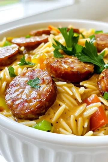 - 1 cup orzo pasta - 2 tablespoons olive oil - 1 pound Cajun sausage (chicken or turkey), sliced - 1 small onion, diced - 2 cloves garlic, minced - 1 bell pepper (red or green), diced - 1 cup chicken broth - 1 cup heavy cream - 2 teaspoons Cajun seasoning - 1 cup grated Parmesan cheese - Salt and pepper to taste - Fresh parsley, chopped (for garnish) For orzo pasta, I like Barilla or DeLallo. They cook well and taste great. For Cajun sausage, I recommend Aidells or Johnsonville. They have nice flavors and quality. For chicken broth, Swanson is a solid choice. Their broth tastes rich and savory. When it comes to heavy cream, look for Land O'Lakes or Horizon Organic for a creamy finish. Finally, for Parmesan cheese, I trust Grana Padano or BelGioioso. They add a nice touch to the dish. If you need a different pasta, try ditalini or penne. Both work well. For sausage, turkey or pork sausage can be used if you prefer. You can swap out the bell pepper for zucchini or spinach for a unique twist. If you want a lighter dish, use half-and-half instead of heavy cream. You can also use nutritional yeast instead of Parmesan for a dairy-free option. First, take a large pot and fill it with water. Add salt to the water. Bring it to a boil. Once boiling, add 1 cup of orzo pasta. Cook the orzo according to the package instructions until it is al dente. This usually takes about 8 to 10 minutes. After cooking, drain the orzo and set it aside for later. In the same pot, heat 2 tablespoons of olive oil over medium heat. Add the sliced Cajun sausage. I like using chicken or turkey sausage for this dish. Cook the sausage for about 5 to 6 minutes. You want it to be nicely browned. This adds great flavor to your dish. Next, add the diced onion, minced garlic, and diced bell pepper to the pot. Stir everything together. Sauté the veggies for about 3 to 4 minutes until they soften. This step is key for flavor. After that, pour in 1 cup of chicken broth and 1 cup of heavy cream. Mix well. Then, add 2 teaspoons of Cajun seasoning. Bring this mixture to a gentle simmer. Now, it’s time to stir in the cooked orzo and 1 cup of grated Parmesan cheese. Mix until the cheese melts and everything is creamy. Add salt and pepper to taste. Let it simmer for 2 more minutes. This helps the flavors blend. Serve hot with fresh parsley on top for a nice touch. To boost the taste of your Creamy Cajun Orzo, use fresh herbs. Fresh parsley adds a nice touch. You can also try using smoked paprika for a deeper flavor. This spice gives a nice smoky kick that complements the sausage well. If you want more heat, add a pinch of cayenne pepper. This spice can really amp up the dish. You can also add more Cajun seasoning if you enjoy a bold flavor. Start with a little and taste as you go. This way, you can find the perfect spice level for you. To keep your orzo creamy, use full-fat heavy cream. It makes a huge difference in texture. Stir in the grated Parmesan cheese slowly. This helps it melt evenly and creates a smooth sauce. If it looks too thick, add a splash of chicken broth to loosen it up. {{image_2}} You can make a vegetarian version of this dish easily. Replace the Cajun sausage with plant-based sausage or mushrooms. Use vegetable broth instead of chicken broth. For added protein, consider adding chickpeas or lentils. These swaps keep the dish tasty while satisfying vegetarian diets. To make this dish gluten-free, use gluten-free orzo. Many brands offer this option now. Ensure your Cajun sausage is gluten-free too. Always check labels to avoid hidden gluten. This way, everyone can enjoy the creamy goodness without worry. You can mix up the meat to suit your taste. Try using chicken, shrimp, or turkey instead of Cajun sausage. Each meat choice brings its own flavor. Adjust the cooking time as needed. This flexibility keeps the dish fun and exciting for all! You can store leftover Creamy Cajun Orzo in the fridge. Place it in an airtight container. It stays fresh for about three to four days. When you are ready to eat, check for any off smells or colors. You can freeze this dish for later. Use a freezer-safe container or bag. Make sure to remove as much air as possible. It can last up to three months in the freezer. When thawing, place it in the fridge overnight before reheating. To reheat, use a stove or microwave. If using the stove, add a splash of chicken broth or cream. Heat on low and stir often. In the microwave, use a microwave-safe bowl. Heat in short bursts, stirring in between. This keeps the orzo creamy and tasty. Yes, you can use other pastas. Try penne or fusilli for a fun twist. Just cook them according to package instructions. The shape will change the texture but not the flavor. To add heat, use more Cajun seasoning. You can also add red pepper flakes. If you like fresh heat, toss in sliced jalapeños. Adjust it to your taste. Serve this dish with a side salad for freshness. Garlic bread or cornbread also pairs well. For a protein boost, add grilled chicken or shrimp. Creamy Cajun Orzo lasts about three days in the fridge. Store it in an airtight container. Reheat it gently to keep it creamy. Yes, you can make it ahead of time. Prepare it and store it in the fridge. Just reheat it slowly on the stove, adding a splash of cream if needed. In this blog post, you learned about the key ingredients for a creamy Cajun orzo dish, along with brand recommendations and substitutions. I detailed step-by-step cooking methods for orzo, sausage, and vegetables. I offered tips to enhance flavor, adjust spice, and ensure creaminess. You also discovered variations like vegetarian and gluten-free options and got storage tips for leftovers. Now, you have the tools to make this dish your own. Enjoy experimenting in the kitchen!