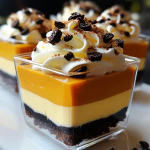 To make No-Bake Oreo Pumpkin Cheesecake Cups, gather these key items: - 10 Oreo cookies, crushed - 2 tablespoons unsalted butter, melted - 1 cup cream cheese, softened - 1 cup pumpkin puree - 3/4 cup powdered sugar - 1 teaspoon vanilla extract - 1 teaspoon pumpkin pie spice - 1 cup heavy whipping cream - Extra Oreo cookies and whipped cream for topping These ingredients create a rich and creamy dessert. The Oreo cookies add crunch, while the pumpkin gives a warm flavor. You can switch some ingredients if needed: - Use gluten-free cookies instead of Oreos for a gluten-free option. - Replace cream cheese with Greek yogurt for a lighter version. - Swap pumpkin puree with sweet potato puree for a twist on flavor. - Use maple syrup in place of powdered sugar for a natural sweetener. These substitutions keep the taste great while fitting your diet. Adding toppings can make your cheesecake cups even better. Here are some fun options: - Drizzle with chocolate sauce for a sweet touch. - Sprinkle extra crushed Oreos for more texture. - Add chopped nuts like pecans or walnuts for crunch. - Top with caramel sauce for extra sweetness. Feel free to mix and match toppings to suit your taste! To make the crust, you need to crush the Oreo cookies. Place 10 Oreo cookies in a bag and use a rolling pin or your hands to crush them. You want fine crumbs. Next, mix the crushed cookies with 2 tablespoons of melted butter in a medium bowl. Stir until the crumbs are fully coated. This mix forms a tasty base for our cups. Now, take four serving cups or jars. Divide the cookie mix evenly among them. Press the mixture down firmly in each cup. This step helps to create a solid crust that holds up. Set these aside while you make the filling. For the filling, start with 1 cup of softened cream cheese in a large bowl. Beat it with a mixer until it’s smooth and creamy. Then, add 1 cup of pumpkin puree, 3/4 cup of powdered sugar, 1 teaspoon of vanilla extract, and 1 teaspoon of pumpkin pie spice. Mix everything together until it’s creamy and well blended. In another bowl, whip 1 cup of heavy cream until soft peaks form. This is key for a light texture. Now gently fold the whipped cream into the pumpkin mixture. Be careful not to deflate the whipped cream. Stop mixing when no white streaks remain. Now it’s time to assemble the cups. Spoon the pumpkin cheesecake filling over the crust in each cup. Fill them generously, leaving a little space at the top. This step is where you see the beautiful layers. After filling the cups, place them in the fridge. Let them chill for at least 2 hours. This time helps the cheesecake set properly. Before serving, add a dollop of whipped cream on top of each cup. For extra flair, sprinkle crushed Oreo cookies over the whipped cream. Enjoy this delightful treat! To make whipped cream, start with cold heavy cream. Pour it into a chilled bowl. Beat the cream with a mixer until soft peaks form. This takes about 2-3 minutes. Add a little sugar for sweetness. For extra flavor, add a splash of vanilla. This will enhance your cheesecake cups. Use your whipped cream right away for the best texture. Setting the cheesecake cups is key for the best results. After assembling, cover the cups with plastic wrap. Place them in the fridge for at least 2 hours. This helps the filling firm up nicely. If you’re in a hurry, you can chill them for about 30 minutes in the freezer. Just don’t forget to check on them. You want them set but not frozen. Presentation adds a special touch to your dessert. Use clear cups to show off the layers. This makes them look appealing. Top each cup with a swirl of whipped cream. Crushed Oreo cookies on top add a nice crunch. For an extra flair, drizzle chocolate sauce over the whipped cream. You can also add a sprinkle of pumpkin pie spice for color and flavor. Your guests will love how they look and taste! {{image_2}} You can change the flavor of your no-bake cheesecake cups. Try using different cookies for the crust. Instead of Oreos, use graham crackers or chocolate wafer cookies. For the filling, swap pumpkin puree for chocolate or strawberry puree. You can even add peanut butter for a nutty twist. Just adjust the spices to match your new flavor. This way, you can enjoy many tasty options with the same easy recipe. If you want a lighter version, swap some ingredients. Use low-fat cream cheese instead of regular cream cheese. You can also replace heavy cream with Greek yogurt. This change keeps it creamy while lowering the fat. For sweetness, try honey or maple syrup instead of powdered sugar. These swaps make your dessert healthier but still delicious. You can enjoy a guilt-free treat without losing the fun of cheesecake. Serving your cheesecake cups can be fun and unique. Try layering different flavors in one cup. For example, make a layer of chocolate and a layer of pumpkin. Add colorful sprinkles or fresh fruit on top for a bright touch. You can also serve them in mason jars for a rustic look. If you want to impress guests, drizzle chocolate sauce or caramel on top before serving. These creative ideas make your no-bake cheesecake cups stand out at any gathering. To store leftover cheesecake cups, first cover them with plastic wrap or a lid. This keeps them fresh and prevents drying out. Place the cups in the fridge. They will stay tasty for about three days. Avoid stacking them, as this can ruin the layers. If you want to freeze the cheesecake cups, do it before topping them. Wrap each cup tightly in plastic wrap. Then, place them in a freezer-safe bag. They can last up to two months in the freezer. When ready to enjoy, thaw them in the fridge overnight. These cheesecake cups taste best fresh, but they can last. In the fridge, expect them to stay good for about three days. If frozen, use them within two months for the best flavor. Be sure to check for any signs of spoilage before serving. Yes, you can! While Oreo cookies give a rich taste, other cookies work too. Try chocolate wafers, graham crackers, or even shortbread. Each cookie brings its own flavor. Just crush them to a fine crumb and mix with melted butter. This way, you can make the crust your own. These cheesecake cups need at least 2 hours to set. This time helps the flavors meld and firm up. If you can wait, letting them sit longer is even better. The texture becomes creamier and more delicious after chilling. Just cover them well in the fridge. Absolutely! You can make these cups up to two days ahead of time. Just prepare them and keep them in the fridge. This makes them a great option for parties or special events. Just add the whipped cream and Oreo topping right before serving for the best look and taste. This blog post covered all the key steps for making no-bake cheesecake cups. We explored essential ingredients, substitutions, and optional toppings. I shared easy-to-follow instructions for the crust and filling. You also learned tips for perfect whipped cream and creative presentation ideas. We discussed variations and storage info to keep your cheesecake fresh. Now, you can enjoy these delightful treats anytime. Try mixing flavors or using different toppings. Your no-bake cheesecake cups will surely impress friends and family. Happy baking!