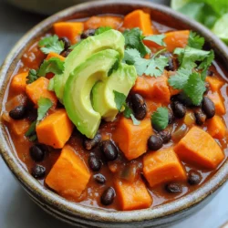 - 2 medium sweet potatoes, peeled and diced - 1 can (15 oz) black beans, drained and rinsed - 1 can (14 oz) diced tomatoes (with juice) - 1 medium onion, chopped - 2 cloves garlic, minced - 1 bell pepper, chopped (any color) - 1-2 jalapeños, minced (adjust based on heat preference) - 2 teaspoons ground cumin - 1 tablespoon chili powder - 1 teaspoon smoked paprika - 4 cups vegetable broth - 2 tablespoons olive oil - Salt and pepper to taste - 1 cup corn (frozen or canned) - Fresh cilantro for garnish (optional) - Avocado slices for serving (optional) Sweet potato black bean chili is a hearty dish. You need simple, fresh ingredients to make it great. Start with sweet potatoes. They add a nice sweetness and texture. Black beans give protein and fiber. Diced tomatoes bring moisture and flavor. You can use any color bell pepper. They add crunch and sweetness. Jalapeños give heat, but adjust to your taste. Onions and garlic are key. They build a strong base for the chili. The spices, like cumin, chili powder, and smoked paprika, create depth. Vegetable broth makes everything come together. Olive oil helps cook the veggies and adds richness. Finally, corn adds a pop of sweetness. Think about garnishes. Fresh cilantro and avocado slices make each bowl look and taste better. Gather all these ingredients and get ready to cook! Sautéing the aromatics Start by heating 2 tablespoons of olive oil in a large pot over medium heat. Add 1 chopped onion and cook it for about 3-4 minutes. You want it to turn translucent. Next, add 2 minced garlic cloves, 1 chopped bell pepper, and 1-2 minced jalapeños. Stir and cook for another 2-3 minutes until the veggies soften. Cooking the sweet potatoes Now, it’s time to add the star of the show: 2 medium sweet potatoes, peeled and diced. Sauté them for about 5 minutes. This helps to kickstart their cooking and adds flavor to the mix. Adding spices and simmering Sprinkle in 2 teaspoons of ground cumin, 1 tablespoon of chili powder, and 1 teaspoon of smoked paprika. Don’t forget to season with salt and pepper. Stir everything well to coat the vegetables. This is where the magic begins, as the spices make the dish fragrant and tasty. Including black beans and broth Pour in 4 cups of vegetable broth and add 1 can (14 oz) of diced tomatoes with their juice. Then, mix in 1 can (15 oz) of drained and rinsed black beans. Bring the whole pot to a boil. After it boils, reduce the heat and let it simmer for 25-30 minutes. You want the sweet potatoes to be tender. Final simmer and seasoning adjustments After the sweet potatoes are soft, add 1 cup of corn, whether frozen or canned. Stir it all together and let it simmer for another 5 minutes. Before serving, taste the chili and adjust the seasoning if needed. Serving suggestions Serve the chili in bowls. Top with fresh cilantro and avocado slices for a colorful and creamy finish. A squeeze of lime juice on top can brighten the flavors even more. Enjoy your savory sweet potato black bean chili! To make your chili pop, adjust the spice levels. You can add jalapeños for heat. If you like it milder, use less or omit them. Chili powder brings warmth too. Don’t shy away from using herbs like oregano or thyme. They add depth to your dish. A dash of lime juice before serving can brighten all the flavors. For the best chili, use a heavy pot. A Dutch oven works great. It holds heat well and cooks evenly. To ensure sweet potatoes are tender, cut them into even pieces. This helps them cook at the same rate. Stir occasionally while simmering. This helps them stay soft but not mushy. If you notice them breaking apart, reduce the cooking time. {{image_2}} You can easily change up your chili with different beans. Kidney beans or pinto beans work great. They add their own taste and texture. If you want to mix it up, try different veggies too. Zucchini adds a nice crunch, while carrots bring a touch of sweetness. Both options make your chili even more colorful and fun. If you need a gluten-free dish, this chili is perfect. All the ingredients are naturally gluten-free. Just ensure your broth and canned items are certified gluten-free. For a vegan option, this recipe is already meat-free. You can use vegetable broth and skip any animal products. Enjoy a bowl that fits your dietary needs without losing flavor! To keep your sweet potato black bean chili fresh, follow these simple steps. Store it in an airtight container. This keeps moisture out and flavors in. You can refrigerate it for up to five days. Make sure it cools to room temperature before sealing it. If you want to save some for later, freezing is a great option. Pour the chili into freezer-safe bags or containers. Leave some space at the top, as it will expand when frozen. Label the bags with the date. You can freeze it for up to three months. When it comes to reheating, the stove is the best choice. Pour the chili into a pot and heat over low to medium heat. Stir it often to avoid burning. It should take about 10 minutes to warm through. If you want to use a microwave, place the chili in a bowl. Cover it with a microwave-safe lid or wrap. Heat it in short bursts, stirring in between. This helps heat evenly. To refresh the flavors, add a splash of vegetable broth or a squeeze of lime juice when reheating. This can brighten up the taste and keep it delicious. What to serve with Sweet Potato Black Bean Chili? You can serve this chili with cornbread, rice, or tortilla chips. It pairs well with a fresh salad or avocado slices on top. I love adding a dollop of sour cream or yogurt for creaminess. Can I make this chili in a slow cooker? Yes, you can! Just sauté the onion, garlic, and peppers first. Then add all the ingredients to the slow cooker. Cook on low for 6-8 hours or on high for 3-4 hours. How do I adjust the recipe for more servings? To make more servings, simply double the ingredients. Keep the same cooking time, but check for doneness. You want the sweet potatoes to be tender and the flavors to meld together. Caloric content per serving Each serving of this chili has about 250 calories. This can vary based on your toppings and sides. Health benefits of key ingredients - Sweet Potatoes: Rich in fiber and vitamins A and C. They help boost your immune system. - Black Beans: Full of protein and iron. They support muscle health and energy. - Bell Peppers: High in antioxidants and vitamins. They help fight inflammation. - Corn: Provides fiber and carbs for energy. It adds sweetness and texture to the chili. This dish is healthy and packed with goodness! Sweet Potato Black Bean Chili is full of flavor and nutrition. We covered the key ingredients like sweet potatoes, black beans, and spices. You learned easy steps to prepare and cook this dish. I shared tips on enhancing flavors and options for variations to fit your needs. Remember, storing leftovers correctly keeps your chili fresh. Whether you decide to adjust the recipe or serve it differently, this chili is sure to please. Enjoy making it and share with friends!