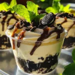 - 8 oz cream cheese, softened - 1 cup powdered sugar - 1 teaspoon vanilla extract - 1 cup heavy whipping cream - 10 Oreo cookies, crushed (plus extra for garnish) - ¼ cup chocolate syrup (for drizzling) - ½ cup whipped topping (optional, for added fluffiness) - Fresh mint leaves (optional) To make my No-Bake Cookies & Cream Cheesecake Cups, I start with cream cheese. It gives the dessert a rich and smooth base. Next, I mix in powdered sugar for sweetness and add vanilla to enhance the flavor. Heavy whipping cream is key. It adds lightness and makes the cheesecake fluffy. I love using Oreo cookies in this recipe. They give a delicious cookie crunch. For the best taste, I crush them into small pieces. Chocolate syrup adds a sweet and fun drizzle on top. If you want extra fluff, whipped topping is a good option. Lastly, fresh mint leaves can add a pop of color and freshness. Gather these ingredients, and you're ready to create a delightful treat! To start, place the softened cream cheese in a large mixing bowl. Use an electric mixer to beat it until it becomes creamy and smooth. This step is key to a nice texture. Next, gradually add the powdered sugar and the vanilla extract. Mix until everything is blended well. The mixture should look light and fluffy. In a separate bowl, pour in the heavy whipping cream. Use a hand mixer to whip it until stiff peaks form. This means when you lift the beaters, the cream holds its shape. Be careful not to overwhip, or it can turn grainy. Once whipped, gently fold the cream into the cheesecake mixture. Use a spatula and make slow, sweeping motions. This keeps the mixture light and airy. Now, it’s time to fill the serving cups. Spoon the cheesecake mixture into each cup, filling them about two-thirds full. Smooth the tops with a spatula for a neat look. Afterward, place the cups in the fridge. Let them chill for at least two hours so they can set properly. This waiting time builds the flavors, making each bite even better! To make your No-Bake Cookies & Cream Cheesecake Cups look great, use clear dessert cups. These cups show off the lovely layers of your dessert. You can see the creamy filling and the crunchy cookie bits. For a fun touch, garnish each cup with a whole Oreo on top. This adds a nice look and tells guests what’s inside. A few fresh mint leaves can also brighten the dessert. They add a pop of color and a hint of freshness. If you need an alternative for cream cheese, try using ricotta or mascarpone. These options can give a different taste and texture. For a dairy-free version, use coconut cream instead of heavy whipping cream. Just make sure to whip the coconut cream until it is fluffy. This will keep your dessert light and airy while still being creamy. One common mistake is overmixing the cream. When folding in the whipped cream, do it gently. This keeps the mixture light. Another mistake is not letting the cheesecake cups set long enough. Refrigerate them for at least two hours. This time helps the flavors meld and the texture firm up nicely. If you skip this step, your cups might not hold their shape. {{image_2}} You can make your no-bake cookies and cream cheesecake cups even more fun! Try using different cookies, like chocolate chip or peanut butter. Each cookie brings its own taste. You can also mix in flavoring extracts. Almond or lemon can add a nice twist. Just a drop or two can change the whole flavor. Serving your cheesecake cups can be a creative adventure. Pair them with fresh fruits like strawberries or raspberries for a pop of color and flavor. You could also serve them alongside other desserts, like brownies or cookies, for a sweet treat platter. For special occasions, think about fun, themed presentations. Use festive cups or add sprinkles to match the holiday. You can even place a whole Oreo on top for a nice touch. To keep your No-Bake Cookies & Cream Cheesecake Cups fresh, use airtight containers. These containers help prevent air from drying out the dessert. You can also cover each cup with plastic wrap for extra protection. Store the cups in the fridge for up to four days. This keeps them tasty and safe to eat. Yes, you can freeze these cheesecake cups! Freezing is a great way to save leftovers or make them ahead. To freeze, first, let the cups chill in the fridge for two hours. Then, cover each cup tightly with plastic wrap and place them in a freezer-safe container. These cups can last up to three months in the freezer. When you're ready to enjoy, remove a cup from the freezer. Let it thaw in the fridge for about four hours, or overnight for best results. Avoid microwaving, as it can ruin the texture. Enjoy your cheesecake cups at their best! These cheesecake cups can stay fresh for up to 4 days in the fridge. To keep them tasty, store them in airtight containers. This helps prevent them from drying out or absorbing other smells. If you notice any changes in texture or smell, it’s best to toss them. Yes, you can make these cups a day before you plan to serve them. This allows the flavors to blend better. Just remember to keep them in the fridge until you are ready to enjoy. They taste best when chilled. If you want to switch things up, try using other cookies. Chocolate chip cookies or peanut butter cookies work great too. You can even use graham crackers for a different texture. Just crush them as you would Oreos. This gives you fun new flavors to explore! In this post, we explored how to make delicious no-bake cookies and cream cheesecake cups. We covered the key ingredients and provided clear step-by-step instructions. You learned tips to enhance the presentation, avoid common mistakes, and even variations to try. Remember, these cups are easy to store, and you can even freeze them. Have fun experimenting with flavors and serving styles. Now, get ready to impress your friends and family with these tasty treats!