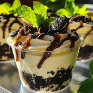 - 8 oz cream cheese, softened - 1 cup powdered sugar - 1 teaspoon vanilla extract - 1 cup heavy whipping cream - 10 Oreo cookies, crushed (plus extra for garnish) - 1/4 cup chocolate syrup (for drizzling) - 1/2 cup whipped topping (optional, for added fluffiness) - Fresh mint leaves (optional) To make my No-Bake Cookies & Cream Cheesecake Cups, I start with cream cheese. It gives the dessert a rich and smooth base. Next, I mix in powdered sugar for sweetness and add vanilla to enhance the flavor. Heavy whipping cream is key. It adds lightness and makes the cheesecake fluffy. I love using Oreo cookies in this recipe. They give a delicious cookie crunch. For the best taste, I crush them into small pieces. Chocolate syrup adds a sweet and fun drizzle on top. If you want extra fluff, whipped topping is a good option. Lastly, fresh mint leaves can add a pop of color and freshness. Gather these ingredients, and you're ready to create a delightful treat! To start, place the softened cream cheese in a large mixing bowl. Use an electric mixer to beat it until it becomes creamy and smooth. This step is key to a nice texture. Next, gradually add the powdered sugar and the vanilla extract. Mix until everything is blended well. The mixture should look light and fluffy. In a separate bowl, pour in the heavy whipping cream. Use a hand mixer to whip it until stiff peaks form. This means when you lift the beaters, the cream holds its shape. Be careful not to overwhip, or it can turn grainy. Once whipped, gently fold the cream into the cheesecake mixture. Use a spatula and make slow, sweeping motions. This keeps the mixture light and airy. Now, it’s time to fill the serving cups. Spoon the cheesecake mixture into each cup, filling them about two-thirds full. Smooth the tops with a spatula for a neat look. Afterward, place the cups in the fridge. Let them chill for at least two hours so they can set properly. This waiting time builds the flavors, making each bite even better! To make your No-Bake Cookies & Cream Cheesecake Cups look great, use clear dessert cups. These cups show off the lovely layers of your dessert. You can see the creamy filling and the crunchy cookie bits. For a fun touch, garnish each cup with a whole Oreo on top. This adds a nice look and tells guests what’s inside. A few fresh mint leaves can also brighten the dessert. They add a pop of color and a hint of freshness. If you need an alternative for cream cheese, try using ricotta or mascarpone. These options can give a different taste and texture. For a dairy-free version, use coconut cream instead of heavy whipping cream. Just make sure to whip the coconut cream until it is fluffy. This will keep your dessert light and airy while still being creamy. One common mistake is overmixing the cream. When folding in the whipped cream, do it gently. This keeps the mixture light. Another mistake is not letting the cheesecake cups set long enough. Refrigerate them for at least two hours. This time helps the flavors meld and the texture firm up nicely. If you skip this step, your cups might not hold their shape. {{image_2}} You can make your no-bake cookies and cream cheesecake cups even more fun! Try using different cookies, like chocolate chip or peanut butter. Each cookie brings its own taste. You can also mix in flavoring extracts. Almond or lemon can add a nice twist. Just a drop or two can change the whole flavor. Serving your cheesecake cups can be a creative adventure. Pair them with fresh fruits like strawberries or raspberries for a pop of color and flavor. You could also serve them alongside other desserts, like brownies or cookies, for a sweet treat platter. For special occasions, think about fun, themed presentations. Use festive cups or add sprinkles to match the holiday. You can even place a whole Oreo on top for a nice touch. To keep your No-Bake Cookies & Cream Cheesecake Cups fresh, use airtight containers. These containers help prevent air from drying out the dessert. You can also cover each cup with plastic wrap for extra protection. Store the cups in the fridge for up to four days. This keeps them tasty and safe to eat. Yes, you can freeze these cheesecake cups! Freezing is a great way to save leftovers or make them ahead. To freeze, first, let the cups chill in the fridge for two hours. Then, cover each cup tightly with plastic wrap and place them in a freezer-safe container. These cups can last up to three months in the freezer. When you're ready to enjoy, remove a cup from the freezer. Let it thaw in the fridge for about four hours, or overnight for best results. Avoid microwaving, as it can ruin the texture. Enjoy your cheesecake cups at their best! These cheesecake cups can stay fresh for up to 4 days in the fridge. To keep them tasty, store them in airtight containers. This helps prevent them from drying out or absorbing other smells. If you notice any changes in texture or smell, it’s best to toss them. Yes, you can make these cups a day before you plan to serve them. This allows the flavors to blend better. Just remember to keep them in the fridge until you are ready to enjoy. They taste best when chilled. If you want to switch things up, try using other cookies. Chocolate chip cookies or peanut butter cookies work great too. You can even use graham crackers for a different texture. Just crush them as you would Oreos. This gives you fun new flavors to explore! In this post, we explored how to make delicious no-bake cookies and cream cheesecake cups. We covered the key ingredients and provided clear step-by-step instructions. You learned tips to enhance the presentation, avoid common mistakes, and even variations to try. Remember, these cups are easy to store, and you can even freeze them. Have fun experimenting with flavors and serving styles. Now, get ready to impress your friends and family with these tasty treats!